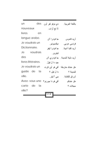 ‫‪un‬‬             ‫ﺩﻱ ﹸﻭﻓﻭ ﻟﻔﹾﺭ ﺃﻭﻥ ‪des‬‬
                   ‫‪‬‬     ‫‪‬ﻨ ﹸ‪ِ‬‬          ‫ﺒﺎﻟﻠﻐﺔ ﺍﻟﻌﺭﺒ ‪‬ﺔ.‬
                                            ‫ﻴ‬
‫‪nouveaux‬‬                 ‫ﻻ ﻨﺞ َﺭﺍﺏ.‬
                          ‫ﹶﹾ‪‬ﺃ ‪‬‬
‫‪livres‬‬          ‫‪en‬‬
‫.‪langue arabe‬‬            ‫ﺠﺎ ﻓﻭﺩ‪‬ﺭﺍ ﺃﺍﻥ‬
                         ‫‪‬‬                   ‫ﺃﺭﻴﺩ ﻗﺎﻤﻭﺱ‬
‫‪Je voudrais un‬‬            ‫ِﻴﻜﺴ ‪‬ﻭﻨﻴﺭ.‬
                           ‫ﺩ ﹾ ‪‬ﻴ ﹼ ‪ ‬‬   ‫ﻓﺭﻨﺴﻲ ﻋﺭﺒﻲ.‬
‫.‪Dictionnaire‬‬           ‫ﺠﺎ ﻓﻭﺩ‪‬ﺭﺍ ِﻴﻔﺭ‬
                        ‫ﻟﹾ‪‬‬               ‫ﺃﺭﻴﺩ ﻜﺘﺒﺎ ﺃﺩﺒ ‪‬ﺔ.‬
                                            ‫ﹰ ﻴ‬
‫‪Je‬‬       ‫‪voudrais‬‬             ‫ﻟﻴﺘﻴ‪‬ﺭﻴﺭ.‬
                               ‫ﹼ ‪‬‬
‫‪des‬‬                    ‫ﺃﺭﻴﺩ ﺩﻟﻴﻼ ﻟﻠﻤﺩﻴﻨﺔ. ﺠﺎ ﻓﻭﺩ‪‬ﺭﻱ ﺃﺍﻥ‬
                       ‫‪ ‬‬                    ‫ﹰ‬
‫.‪livres littéraires‬‬     ‫ﺠﻴﺩ ﺩﺍ ل ﻓﻴل.‬
                         ‫َ ِ‪ْ ‬‬
‫‪Je voudrais un‬‬        ‫ﻫل ﻋﻨﺩﻙ ﺨﺎﺭﻁﺔ ﺃﻓﻲ ﹸﻭ ﺃﻴﻥ ﻜﺭﺕ‬
                      ‫ﻓ ‪  ‬ﹾ‬
‫‪guide‬‬     ‫‪de‬‬     ‫‪la‬‬        ‫ﺩﺍ ل ﻓﻴل ؟‬
                                 ‫َ‬               ‫ﻟﻠﻤﺩﻴﻨﺔ ؟‬
‫.‪ville‬‬                     ‫‪‬ﺒﻲ ﺃ ﻟﻴﺘﺭ.‬
                            ‫ﺒ ‪ َ ‬ﹾ ‪‬‬     ‫ﺃﻭﺭﺍﻕ ﻟﻠﻜﺘﺎﺒﺔ.‬
‫ﺃﻓﻲ ﹸﻭ ﺩﺍ ‪‬ﻭﺭﻨﻭ‪‬؟ ‪Avez- vous une‬‬
                  ‫ﺠ ‪‬ﹸ‬     ‫ﻓ‬                   ‫ﻫل ﻋﻨﺩﻜﻡ‬
‫‪carte‬‬     ‫‪de‬‬     ‫‪la‬‬                             ‫ﻤﺠ ﹼﺕ ؟‬
                                                   ‫ﻼ‬
‫?‪ville‬‬
                       ‫٧١١‬
 
