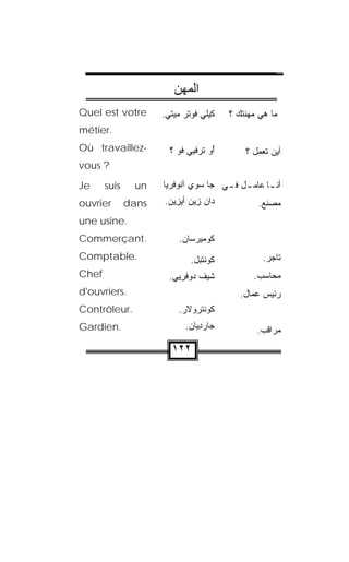 ‫اﻟﻤﻬﻦ‬
‫‪Quel est votre‬‬       ‫ﻜﻴﻠﻲ ﻓﻭﺘﺭ ﻤﻴﺘﻲ.‬
                      ‫ﹸ ‪‬ﹾ ‪ ‬ﹾ ‪‬‬          ‫ﻤﺎ ﻫﻲ ﻤﻬﻨﺘﻙ ؟‬
‫.‪métier‬‬
‫-‪Où travaillez‬‬         ‫ُﻭ ﺘﺭﻓﻴﻲ ﻓﻭ ؟‬
                         ‫ﺃ ﹾ ‪ ‬ﹶ‪  ‬ﹸ ‪‬‬        ‫ﺃﻴﻥ ﺘﻌﻤل ؟‬
‫? ‪vous‬‬

‫‪Je‬‬     ‫‪suis‬‬    ‫‪un‬‬    ‫ﺃﻨ ـﺎ ﻋﺎﻤ ـل ﻓ ـﻲ ﺠﺎ ﺴ‪‬ﻭﻱ ﺁ ﹸﻭﻓﹾﺭﻴﺎ‬
                           ‫ﻨ‬            ‫ـ ـ‬         ‫ـ‬
‫‪ouvrier‬‬       ‫‪dans‬‬   ‫‪‬ﺍﻥ ِﻴﻥ ﺃﻴﺯﻴﻥ.‬
                      ‫ﺩ ‪ ‬ﺯ ‪ ِ ‬‬                ‫ﻤﺼﻨﻊ.‬
‫.‪une usine‬‬
‫.‪Commerçant‬‬               ‫ﻜﻭ ‪‬ﻴﺭ ‪‬ﺎﻥ.‬
                             ‫ﹸ ‪‬ﻤ ﺴ‬
‫.‪Comptable‬‬                    ‫ﻜﻭﻨﺘﺒ‪‬ل.‬
                                  ‫ﹸ ‪ ‬ﹾﹶ‬            ‫ﺘﺎﺠﺭ.‬
‫‪Chef‬‬                   ‫ﺸﻴﻑ ‪‬ﻭﻓ ِﻴﻲ.‬
                        ‫ﺩ ﹾﺭ ‪‬‬                   ‫ﻤﺤﺎﺴﺏ.‬
‫.‪d'ouvriers‬‬                                   ‫ﺭﺌﻴﺱ ﻋ ‪‬ﺎل.‬
                                                 ‫ﻤ‬
‫.‪Contrôleur‬‬               ‫ﻜﻭﻨﺘﺭ ‪‬ﻻﺭ.‬
                           ‫ﹸ ‪ ‬ﹾ ﹾ ‪‬ﻭ ‪‬‬
‫.‪Gardien‬‬                    ‫ﺠﺎﺭﺩ ‪‬ﺎﻥ.‬
                             ‫‪ِ ‬ﻴ ‪‬‬               ‫ﻤﺭﺍﻗﺏ.‬
                       ‫٢٢١‬
 
