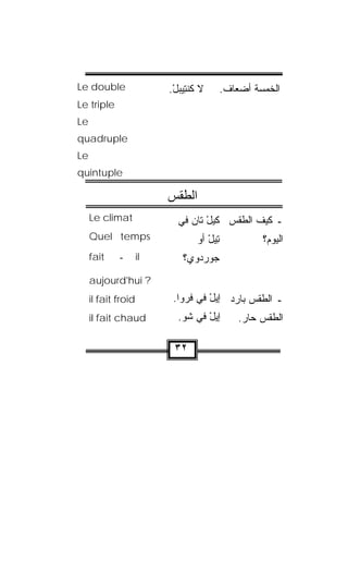 Le double                 .‫ﻻ ﻜﻨ ِﻴﺒل‬
                           ْ  ‫ﹶ ﹾﺘ‬        .‫ﺍﻟﺨﻤﺴﺔ ﺃﻀﻌﺎﻑ‬
Le triple
Le
quadruple
Le
quintuple

                          ‫اﻟﻄﻘﺲ‬
     Le climat              ‫ـ ﻜﻴﻑ ﺍﻟﻁﻘﺱ ﻜﻴل ﺘﹾﺎﻥ ﻓﻲ‬
                                ْ
     Quel temps                   ‫ِﻴل ﺃﻭ‬
                                   ْ ‫ﺘ‬             ‫ﺍﻟﻴﻭﻡ؟‬
     fait    ‫ـ‬       il       ‫ﻭﻱ؟‬‫ﺠﻭﺭﺩ‬
                                   
     aujourd'hui ?
     il fait froid         .‫ﺍ‬ ‫ـ ﺍﻟﻁﻘﺱ ﺒﺎﺭﺩ ﺇﻴل ﻓﻲ ﻓﹾﺭ‬
                             ‫ﻭ‬        ْ
     iI fait chaud          .‫ﺇﻴل ﻓﻲ ﺸﻭ‬
                             ‫ﹸ‬    ْ           .‫ﺍﻟﻁﻘﺱ ﺤﺎﺭ‬

                           ٣٢
 