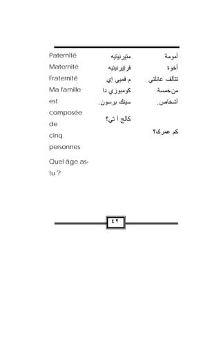 ‫‪Paternité‬‬          ‫ﻤ‪‬ﺘﻴﺭ ِﻴﺘﻴﻪ‬
                   ‫‪ ‬ﻨ ‪ ‬‬            ‫ﺃﻤﻭﻤﺔ‬
‫‪Maternité‬‬         ‫ﻓﹾﺭ ٍﻴﺭﻨﻴﺘﻴﻪ‬
                  ‫‪‬‬     ‫ﺘ‬
                         ‫ﹾ‬              ‫ﺃﺨﻭﺓ‬
‫‪Fraternité‬‬       ‫ﻡ ﹶﻤﻴﻲ ﺇﻱ‬
                    ‫‪‬ﻓ ‪‬‬         ‫ﺘﺘﺄﹼﻑ ﻋﺎﺌﻠﺘﻲ‬
                                         ‫ﻟ‬
‫‪Ma famille‬‬      ‫ﻜﻭﻤ ‪‬ﻭﺯﻱ ﺩﺍ‬
                      ‫ﹸ ‪ ‬ﺒ‬        ‫ﻤﻥ ﺨﻤﺴﺔ‬
‫‪est‬‬            ‫ﺴﻴﻨﻙ ﺒﺭﺴﻭﻥ.‬
                ‫‪‬‬                   ‫ﺃﺸﺨﺎﺹ.‬
‫‪composée‬‬
                 ‫ﻜﺎﻟﺞ ﺁ ﺘﻲ؟‬
                       ‫ﹶ‪‬‬
‫‪de‬‬
‫‪cinq‬‬
                                  ‫ﻜﻡ ﻋﻤﺭﻙ؟‬

‫‪personnes‬‬

‫-‪Quel âge as‬‬
‫? ‪tu‬‬




                   ‫٢٤‬
 