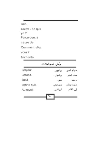 Loin.
Qu'est - ce qu'il
ya ?
Parce que, à
cause de.
Comment allez
vous ?
Enchanté.

                    ‫ﺟﻤﻞ اﻟﻤﺠﺎﻣﻼت‬
                               ُ
Bonjour.                      .‫ﻭﺭ‬ ‫ﻭﻨ‬
                                ‫ﺒ ﹾﺠ‬      .‫ﺼﺒﺎﺡ ﺍﻟﺨﻴﺭ‬
Bonsoir.                     .‫ﺍﺭ‬ ‫ﺒﻭﻨﺴ‬
                               ‫ﻭ‬ ‫ ﹾ‬    .‫ﻤﺴﺎﺀ ﺍﻟﺨﻴﺭ‬
Salul.                           .‫ﻠﻲ‬
                                    ‫ﺴ‬           .‫ﻤﺭﺤﺒﺎ‬
                                                 ‫ﹰ‬
Bonne nuit.                  .‫ﻭﻥ ﻨ ِﻱ‬
                               ‫ ﹾﻭ‬ ‫ﺒ‬      .‫ﻁﺎﺒﺕ ﻟﻴﻠﺘﻜﻡ‬
Au revoir.                   .‫ﺭﺍﻓﻭﺭ‬‫ﺃﻭ‬
                               ‫ﹾ‬           .‫ﺇﻟﻰ ﺍﻟﻠﻘﺎﺀ‬

                        ٦٠
 