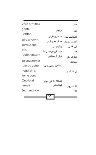 ‫‪Vous êtes très‬‬                                          ‫ﺠﺩﺍ.‬
                                                         ‫‪‬ﹰ‬
‫.‪gentil‬‬                            ‫ﺒﺭﺩﻭﻥ.‬
                                    ‫‪   ‬‬           ‫ﻋﺫﺭﺍ.‬
                                                        ‫ﹰ‬
‫.‪Pardon‬‬
                          ‫ﺃﻨﺎ ﻤﺘﺄﺴﻑ ﺠﺩﺍ. ﺠﺎ ﺴ ِﻱ ﻨﻔﹾﺭﻱ.‬
                           ‫‪‬ﻭ ﹶ ‪‬‬         ‫ﹼ ‪‬ﹰ‬
‫.‪Je suis navré‬‬          ‫ﺃﻋﺘﺭﻑ ﺒﺠﻤﻴﻠﻙ ﺠﺎ ﹸﻭ ﺴ ِﻱ ﺘﹾﺭﻱ.‬
                                ‫ﻓ ‪‬ﻭ‬
‫‪Je vous suis‬‬
                              ‫ﺭﻴﻜﻭﻨﹾﻴ ‪‬ﺎﻥ.‬
                               ‫ﹸ‪ ‬ﺴ ‪‬‬             ‫ﺇﻟﻲ ﺃﻗﺼﻲ‬
‫‪Très‬‬
                     ‫ﺠ ـﺎ ﹸﻭﺭﺍﻤﺭ‪‬ﺴ ـﻲ ﺩﺍ‬
                         ‫ـ ﻓ ِ ـ‬                         ‫ﺤﺩ .‬
                                                           ‫‪‬‬
‫‪reconnaissant‬‬
                         ‫ﻓﻭﺘﺭ ﺃﻭﺴ‪‬ﺒﻴﺘِﻴﺘﻲ.‬
                          ‫ﹸ ‪ ‬ﹾ ‪ ِ  ‬ﹶﻠ ‪‬‬
                 ‫.‬

                                                ‫ﺃﺸﻜﺭﻙ ﻋﻠﻰ‬
‫‪Je vous remer‬‬                                       ‫ﻀﻴﺎﻓﺘﻙ.‬
‫‪-cie de votre‬‬        ‫ﺠﺎﻨﺎ ﹸﻭ ‪‬ﺯﺒﹼﺒﻲ ‪‬ﻤﻲ.‬
                        ‫ﻓ ﺯ ﻠ ﺠ‬
‫.‪hospitalité‬‬                                   ‫ﻟﻥ ﺃﻨﺴﺎﻙ ﺃﺒﺩﺍ.‬
                                                ‫ﹰ‬
‫‪Je ne vous‬‬
‫‪Oublierai‬‬            ‫ﺃﻨﹾﺸﺎ ﹸﺘﺎ ﺩﺍ ﻓﹾﻴﺭ ﻓﻭﺘﺭ‬
                     ‫‪ ‬ﹸ ‪‬ﹾ ‪‬‬        ‫ﻨ‬
‫.‪jamais‬‬                       ‫ﻜﻭ ﹼﺎﺴﺎﻨﺱ.‬
                               ‫ﹸ ‪‬ﻨ ﹾ ﹾ ‪‬‬        ‫ﺃﻨﺎ ﻤﺴﺭﻭﺭ‬
‫‪Enchanté de‬‬                                           ‫ﺠﺩﺍ‬
                                                      ‫ﹰ‬
                          ‫٢٦‬
 