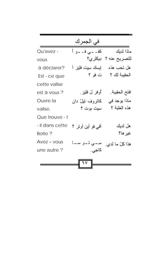 ‫ﻓﻲ اﻟﺠﻤﺮك‬
‫- ‪Qu'avez‬‬         ‫ﻜﹶﻔـ ـﻲ ﹸـ ـﻭ ﺃ‬
                  ‫ـ ﻓ ـ َ‬                ‫ﻤﺎﺫﺍ ﻟﺩﻴﻙ‬
‫‪vous‬‬                      ‫ﻟﻠﺘﺼﺭﻴﺢ ﻋﻨﻪ ؟ ﺩﻴﻜﻠ ِﻱ؟‬
                            ‫ِ ‪ ‬ﹾ ﹶﺭ‬
‫?‪à déclarer‬‬       ‫ﺇﻴﺴﻙ ِﻴﺕ ﻓِﻴﺯ ﺁ‬
                    ‫‪  ‬ﺴ ﹾ ﹶﻠ ‪‬‬      ‫ﻫل ﺘﺤﺏ ﻫﺫﻩ‬
‫‪Est - ce que‬‬               ‫ﺕ ﹸﻭ ؟‬
                              ‫ﹶﻓ‬       ‫ﺍﻟﺤﻘﻴﺒﺔ ﻟﻙ ؟‬
‫‪cette valise‬‬
‫? ‪est à vous‬‬          ‫ُﻭﻓﹾﺭ ل ﻓِﻴﺯ.‬
                       ‫َ ﹶﻠ ‪‬‬     ‫ﺃ‬    ‫ﺍﻓﺘﺢ ﺍﻟﺤﻘﻴﺒﺔ.‬
‫‪Ouvre la‬‬          ‫ﻜﺎﺘﺭﻭﻑ ِﻴل ﺩﺍﻥ‬
                      ‫ﹸ‪ ‬ﹾ ﺘ ْ‬       ‫ﻤﺎﺫﺍ ﻴﻭﺠﺩ ﻓﻲ‬
‫.‪valise‬‬                ‫ﺴﻴﺕ ﺒﻭﺕ ؟‬
                         ‫ِ‪ ‬ﹾ ‪  ‬ﹾ‬    ‫ﻫﺫﻩ ﺍﻟﻌﻠﺒﺔ ؟‬
‫‪Que trouve - t‬‬
‫‪- il dans cette‬‬   ‫ﺃﻓﻲ ﹸﻭ ﺃﻴﻥ ﺃﻭﺘﺭ ؟‬
                    ‫‪‬ﹾ ‪‬‬      ‫ﻓ‬           ‫ﻫل ﻟﺩﻴﻙ‬
‫? ‪Boîte‬‬                                    ‫ﻏﻴﺭﻫﺎ؟‬
‫‪Avez – vous‬‬       ‫ﻫﺫﺍ ﻜل ﻤﺎ ﻟﺩﻱ. ﺴ ـﻲ ﺘ ـﻭ ـﺎ‬
                   ‫‪ِ ‬ـ ‪ ‬ﹸـ ﺴـ‬        ‫ّ‬
‫? ‪une autre‬‬              ‫ﻜﺎﺠﻲ.‬
                          ‫ِ ‪‬‬

                       ‫٧٦‬
 