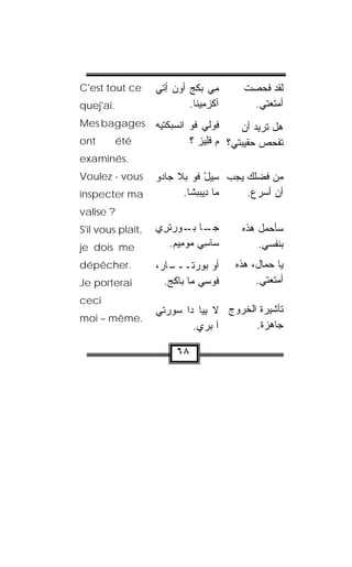 ‫‪C'est tout ce‬‬      ‫ﻤ ‪‬ﹶ ‪  ‬ﺃ ‪‬‬
                   ‫ِﻲ ﺒﻜﺞ ﺃﻭﻥ ِﺘﻲ‬         ‫ﻟﻘﺩ ﻓﺤﺼﺕ‬
                                              ‫ﹸ‬
‫.‪quej'ai‬‬                   ‫ﺁﻜﺯ ِﻴﻨﺎ.‬
                               ‫ﹾ ‪‬ﻤ‬        ‫ﺃﻤﺘﻌﺘﻲ.‬
‫‪Mes bagages‬‬        ‫ﹸﻭﻟﻲ ﹸﻭ ﺍﻨﺴ‪‬ﺒﻜﺘﻴﻪ‬
                   ‫ﻓ ﹾ ﹾﹾ‪ ‬‬        ‫ﻓ‬    ‫ﻫل ﺘﺭﻴﺩ ﺃﻥ‬
‫‪ont‬‬        ‫‪été‬‬               ‫ﺘﻔﺤﺹ ﺤﻘﻴﺒﺘﻲ؟ ﻡ ﻓِﻴﺯ ؟‬
                               ‫‪ ‬ﹶﻠ ‪‬‬
‫.‪examinés‬‬
‫‪Voulez - vous‬‬      ‫ﻤﻥ ﻓﻀﻠﻙ ﻴﺠﺏ ﺴﻴل ﹸﻭ ﺒﻼ ﺠﺎﺩﻭ‬
                   ‫‪‬‬        ‫ِ‪ ْ ‬ﻓ‬
‫‪inspecter ma‬‬             ‫ﻤﺎ ِﻴﺒﺒ ﹼﺎ.‬
                           ‫ﺩ ﺸ‬        ‫ﺃﻥ ﺃﺴﺭﻉ.‬
‫? ‪valise‬‬
‫,‪S'il vous plaît‬‬   ‫ـﺎ ﺒ ـﻭﺭﺘ ِﻱ‬
                    ‫ﺠـ ‪‬ـ ‪  ‬ﹾﺭ‬         ‫ﺴﺄﺤﻤل ﻫﺫﻩ‬
‫‪je dois me‬‬            ‫ﺴﺎﺴﻲ ﻤﻭﻤﻴﻡ.‬
                        ‫ِ ‪ ِ   ‬‬         ‫ﺒﻨﻔﺴﻲ.‬
‫.‪dépêcher‬‬          ‫ـﺎﺭ‪،‬‬
                       ‫ﺃﻭ ﺒﻭ ‪‬ﺘـــ‬
                              ‫‪ ‬ﺭ‬      ‫ﻴﺎ ﺤ ‪‬ﺎل، ﻫﺫﻩ‬
                                               ‫ﻤ‬
‫‪Je porterai‬‬           ‫ﻓﻭ ‪‬ﻲ ﻤﺎ ﺒﺎﻜﺞ.‬
                       ‫ﹶ‪‬‬        ‫ﹾ ‪‬ﺴ‬        ‫ﺃﻤﺘﻌﺘﻲ.‬
‫‪ceci‬‬
                   ‫ﺘﺄﺸﻴﺭﺓ ﺍﻟﺨﺭﻭﺝ ﻻ ﺒ ‪‬ﺎ ﺩﺍ ﺴﻭﺭ‪‬ﺘﻲ‬
                       ‫‪‬‬      ‫ِﻴ‬
‫.‪moi – même‬‬
                            ‫ﺁ ﺒ‪‬ﺭﻱ.‬
                             ‫‪‬‬            ‫ﺠﺎﻫﺯﺓ.‬

                         ‫٨٦‬
 