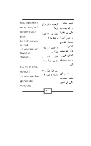 ‫ﺃﺤﺠﺯ ﻤﻜﺎﻨﺎ. ﻜﻭﻤﺒﻴ ـﺎﻥ ﺩ ‪‬ﺍﺝ‬
                                       ‫ﹰ‬
‫‪bagages dans‬‬
                   ‫‪ ِ ‬ــ ‪ ‬ﻭ ‪‬‬
‫‪mon comparti‬‬                  ‫ـ ﻜﻡ ﻴﺠـﺏ ﺒ ّﻴﻪ‪‬؟‬
                                  ‫‪‬ﻴ‬
                                  ‫‪‬‬
                   ‫ﻋﹼﻲ ﺃﻥ ﺃﺩﻓﻊ ؟ ﺃﻜﻴل ﺃﻭﺭ ﻻ ﻓﻴﻭﻥ‬   ‫ﻠ‬
‫‪ment s'il vous‬‬
                   ‫ْ ‪ ‬ﹶ ﹾ‪  ‬‬
‫.‪plaît‬‬
                           ‫ـ ﻓـﻲ ﺃ ‪‬ـﺔ ﻓﺎ ِﻴ ﹸﻭﻟﻴﻪ ؟‬
                             ‫ﺩ ﻜ ﹼ‪ ‬‬      ‫ﻴ‬
‫‪Le train est en‬‬                         ‫ﺴﺎﻋﺔ ﺘﻘﻠـﻊ‬
‫.‪retard‬‬
                   ‫ﻻ ﻓ ‪‬ﻭﻥ ‪‬ـﺎ ‪‬ﻴﺕ‬
                   ‫ﹶ ﹾﻴ ‪ ‬ﺴ ﺭ ﹾ‬              ‫ﺍﻟﻁﺎﺌﺭﺓ ؟‬
‫‪Je voudrais un‬‬
                           ‫ِﻴل ﺃ ..‬
                                ‫ﺘ ْ‬     ‫ﻫل ﺘﺘﻭ ﹼـﻑ‬
                                             ‫ﻗ‬
‫‪taxi à la‬‬
‫…‪station‬‬           ‫ﻜﺎﻨﺘﺴ‪‬ـ ـﻙ ﹸـ ـﻭ‬
                    ‫‪‬ﻨ ـ‬         ‫ﹾِ‬      ‫ﺍﻟﻁﺎﺌﺭﺓ ﻓﻲ ..‬
                    ‫‪‬ﺍ ‪‬ﻴ ﹸﺭﻭﻥ ﺃ ...؟‬
                           ‫ﺯﺭﻔ ‪‬‬        ‫ـ ﻤﺘﻰ ﺴﻨﺼل‬
                                               ‫ﺇﻟﻰ ...‬
‫-‪Où est le con‬‬
‫? ‪trôleur‬‬          ‫ﺩﺍﻥ ﻜل ِﻴل ﺩ ‪‬ﺍﺝ‬
                   ‫‪ ْ ِ ‬ﻓ ْ ‪‬ﻭ ‪‬‬
‫-‪Je voudrais l'a‬‬
                     ‫ـ ـ ﻓ ـﻲ ﺃﻱ ﺸﺎﻨ ‪‬ﺎ ﻻ ﻓ ‪‬ﻭﻥ ؟‬
                          ‫ﹾﻴ‬    ‫ﹾﺠ‬    ‫‪‬‬   ‫ـ‬
                                        ‫ﻤﺩﻴﻨﺔ ﻴﺠـﺏ‬
‫‪gence de‬‬
                                        ‫ﻋﹼﻲ ﺃﻥ ﺃﻏ ‪‬ﺭ‬
                                         ‫ﻴ‬        ‫ﻠ‬
‫‪voyages‬‬
                       ‫٤٧‬
 