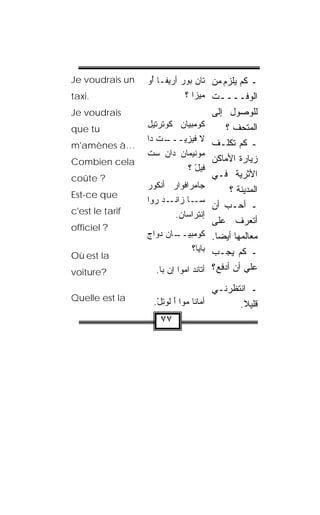 ‫‪Je voudrais un‬‬   ‫ـ ﻜﻡ ﻴﻠﺯﻡ ﻤﻥ ﺘﺎﻥ ﺒﻭﺭ ﺃ ‪‬ﻴﻔـﺎ ُﻭ‬
                 ‫ﺃ‪‬‬     ‫ﺭ‬       ‫‪‬‬
‫.‪taxi‬‬                        ‫ﺍﻟﻭﻓــــﺕ ﻤﻴﺯﺍ ؟‬
                                      ‫ـ‬
‫‪Je voudrais‬‬                               ‫ﻟﻠﻭﺼﻭل ﺇﻟﻰ‬
‫‪que tu‬‬           ‫ﻜﻭﻤﺒﻴﺎﻥ ﹸﻭﺘﹾﺭﺘﻴل‬
                         ‫ﻜ‬                     ‫ﺍﻟﻤﺘﺤﻑ ؟‬
                 ‫ـﺕ ﺩﺍ‬
                    ‫ﻻ ﻓﻴﺯﻴـــ ﹾ‬  ‫ﹶ‬        ‫ـ ﻜﻡ ﺘﻜﹼـﻑ‬
                                                ‫ﻠ‬
‫…‪m'amènes à‬‬
                 ‫ﻤﻭ‪‬ﻨﻴﻤﺎﻥ ﺩﺍﻥ ﺴﺕ‬
                 ‫ﹾ‬     ‫‪‬‬          ‫‪‬‬
‫‪Combien cela‬‬                              ‫ﺯﻴﺎﺭﺓ ﺍﻷﻤﺎﻜﻥ‬
                            ‫ﻓﻴل ؟‬
                               ‫ْ‬
‫? ‪coûte‬‬                                   ‫ﺍﻷﺜﺭ ‪‬ﺔ ﻓـﻲ‬‫ﻴ‬
                 ‫ﺠﺎﻤﺭﺍﻓ ‪‬ﺍﺭ ﺃﻨﻜﻭﺭ‬
                 ‫‪‬‬       ‫ﹾﻭ ‪‬‬                     ‫ﺍﻟﻤﺩﻴﻨﺔ ؟‬
‫‪Est-ce que‬‬
                 ‫ـﺎ ﺯﺍﻨ ـﺩ ﺭ‪‬ﻭﺍ‬
                        ‫ﹾـ‬      ‫ﺴـ‬
                                          ‫ـ ﺃﺤـﺏ ﺃﻥ‬
                                              ‫‪‬‬
‫‪c'est le tarif‬‬            ‫ﺇﻨﺘ ‪‬ﺍ ‪‬ﺎﻥ.‬
                              ‫ﺭﺴ‬
                                          ‫ﺃﺘﻌﺭﻑ ﻋﻠﻰ‬    ‫‪‬‬
‫? ‪officiel‬‬
                 ‫ـﺎﻥ ﺩ‪‬ﻭﺍﺝ‬
                         ‫ﻜﻭﻤﺒﻴــ‬          ‫ﻤﻌﺎﻟﻤﻬﺎ ﺃﻴﻀﺎ.‬
                                           ‫ﹰ‬
                             ‫ﺒﺎ ‪‬ﺎ؟‬
                               ‫ﻴ‬          ‫ـ ﻜﻡ ﻴﺠـﺏ‬
‫‪Où est la‬‬
‫?‪voiture‬‬            ‫ﺃ ﹼﺎﻨﺩ ﺍﻤ ‪‬ﺍ ﺇﻥ ﺒﺎ.‬
                        ‫ﺘ ﹾ ‪ ‬ﻭ ‪‬‬        ‫ﻋﻠﻲ ﺃﻥ ﺃﺩﻓﻊ ؟‬‫‪‬‬

                                        ‫ـ ﺍﻨﺘﻅﺭﻨـﻲ‬
‫‪Quelle est la‬‬      ‫ﺃ ‪‬ﺎ ﹶﺎ ﻤ ‪‬ﺍ ﺃ ﻟﻭﺘل.‬
                    ‫ﻤ ﻨ ‪‬ﻭ َ ﹸ ‪ْ ِ ‬‬          ‫ﻗﻠﻴﻼ.‬
                                               ‫ﹰ‬
                      ‫٧٧‬
 