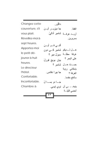 ‫‪Changez cette‬‬                ‫‪‬ﺍ ﱡﻭﺭ.‬
                              ‫ﺩﻜ ‪ ‬‬
‫‪couverture, s'il‬‬   ‫ﺠﺎ ِﻴ ِﻴـﺭ ﺃﻴ‪‬ـﻥ‬
                             ‫ﺩﺯ‬             ‫ﺍ ﹼﻔﻘﻨﺎ.‬
                                                 ‫ﺘ‬
‫.‪vous plaît‬‬            ‫ﺃﺭﻴ ـﺩ ﻏﺭﻓ ـﺔ ﹶﺎﻤﺒﺭ ﺃﺩﺍﻟﻲ.‬
                        ‫ِ‬
                        ‫ْ‬     ‫ـ ﺸ ‪ ‬‬       ‫ـ‬
‫‪Réveillez-moi à‬‬                           ‫ﺒﺴﺭﻴﺭﻴﻥ.‬
‫.‪sept heures‬‬
                   ‫ﺃﻓ ـﻲ ﻓ ـﻭ ﺃﻴ ـﻥ‬
                   ‫َ ِـ ﹸـ ‪ ‬‬
‫‪Apportez-moi‬‬
                   ‫ـل ـﺩﻴﻜﻡ ﹶﺎﻤﺒﺭ ﻜـﻲ ﺩﻭ ‪‬‬
                   ‫‪ ‬ﻥ‬       ‫ﺸ ‪ ‬‬   ‫ﻫـ ﻟـ‬
‫-‪le petit dé‬‬
                        ‫ﻏﺭﻓﺔ ﻤﻁﻠـﺔ ﺴﻴﺭل ِﻴﺭ ؟‬
                          ‫‪َ‬ﻤ ‪‬‬       ‫‪‬‬
‫‪jeuner à huit‬‬                           ‫ﻋﻠﻰ ﺍﻟﺒﺤﺭ ؟‬
                   ‫ﺒ ‪‬ﺎﻥ ﺒ‪‬ﻭﻴﺞ ﻓﻭﺭل‬
                   ‫‪‬ﻴ ‪   ‬ﹾ ‪َ  ‬‬
‫.‪heures‬‬
                              ‫ـﻨﺎﹰ، ـل ﺸﺎﻤﺒﺭ ؟‬
                                ‫‪ ‬‬   ‫ﺤﺴـ ﻫـ‬
‫‪Le directeur‬‬
                                    ‫ﺒﺈﻤﻜﺎﻨﻲ ﺭﺅﻴﺔ‬
‫.‪l'hôtel‬‬             ‫ﺠﺎ ِﻴﺭﺍ ‪‬ﻓﺎﻨﺱ.‬
                      ‫ﺒ ﺩ ﹾ ‪‬‬              ‫ﺍﻟﻐﺭﻓﺔ ؟‬
‫.‪Confortable‬‬                          ‫ﺴﺄﺩﻓﻊ ﻤﻘﺩﻤﺎ.‬
                                       ‫ﹰ‬
‫.‪Inconfortable‬‬     ‫ـﺎ ﺩﻭ ﺒﺴ ـﺎ ل‬
                   ‫ﺠـ ‪   ‬ـ َ‬
‫‪Chambre à‬‬               ‫ﻴﻨﺒﻐـــﻲ ﺃﻥ ﻨﻭﻱ ﺇﻴ ‪‬ﻲ.‬
                           ‫ﹾِ ‪ ‬ﺴ‬
                                       ‫ﺃﻤﻀﻲ ﺍﻟﻠﻴﻠـﺔ‬
                       ‫٢٨‬
 