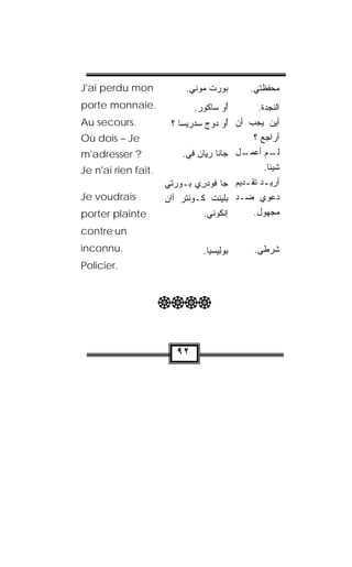 ‫‪J'ai perdu mon‬‬             ‫‪‬ﻭ‪‬ﺭﺕ ﻤﻭﻨﻲ.‬
                            ‫ﺒ ﹾ ‪ ‬ﹼ ‪‬‬          ‫ﻤﺤﻔﻅﺘﻲ.‬
‫.‪porte monnaie‬‬               ‫ﺃﻭ ﺴﺎ ﹸﻭﺭ.‬
                              ‫ُ‪ ‬ﻜ ‪‬‬               ‫ﺍﻟﻨﺠﺩﺓ.‬
‫.‪Au secours‬‬           ‫ُﻭ ﺩﻭﺝ ﺴﺩ‪‬ﺭﻴ ‪‬ﺎ ؟‬
                         ‫ﺃ ‪   ‬ﺴ‬         ‫ﺃﻴﻥ ﻴﺠﺏ ﺃﻥ‬
                                            ‫‪‬‬
‫‪Où dois – Je‬‬                                      ‫ﺃﺭﺍﺠﻊ ؟‬
‫? ‪m'adresser‬‬              ‫ﺠﺎﻨﺎ ﺭ ِﺎﻥ ﻓﻲ.‬
                              ‫‪‬ﻴ ‪‬‬          ‫ـل‬ ‫ـﻡ ﺃﻋﻤـ‬  ‫ﻟـ‬
‫.‪Je n'ai rien fait‬‬                                   ‫ﺸﻴﺌﺎ.‬
                                                      ‫ﹰ‬
                     ‫ﺠﺎ ﻓﻭﺩﺭﻱ ‪‬ـﻭﺭ‪‬ﺘﻲ‬
                     ‫‪‬‬     ‫‪  ِ‬ﺒ‬           ‫ﺃﺭﻴ ـﺩ ﺘﻘ ـﺩﻴﻡ‬
                                               ‫ـ ـ‬
‫‪Je voudrais‬‬          ‫ﺒ‪‬ﻠﻴﻨﺕ ﹸـﻭﻨﺘﺭ ﺃﺍﻥ‬
                     ‫ﹾ ﹾ ﻜ ‪‬ﹾﹾ ‪ ‬‬          ‫ﺩﻋﻭﻱ ﻀـﺩ‬
                                            ‫‪‬‬
‫‪porter plainte‬‬                 ‫ﺇﻨﻜﹾﻭ ﹼﻲ.‬
                                  ‫ﹾ ﻨ‬             ‫ﻤﺠﻬﻭل.‬
‫‪contre un‬‬
‫.‪inconnu‬‬                        ‫‪‬ﻭِﻴﺴ‪‬ﻴﺎ.‬
                                      ‫ﺒ ﻟ‬        ‫ﺸﺭﻁﻲ.‬
‫.‪Policier‬‬


                     ‫‪‬‬


                        ‫٢٩‬
 