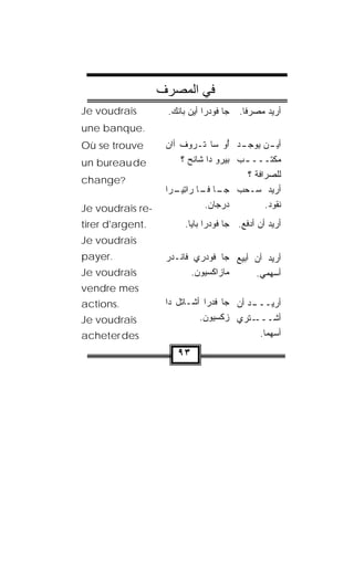 ‫ﻓﻲ اﻟﻤﺼﺮف‬
‫‪Je voudrais‬‬        ‫ﺠﺎ ﹸﻭﺩ‪‬ﺭﺍ ﺃﻴﻥ ﺒﺎﻨﻙ.‬
                    ‫ﹾ ‪‬‬           ‫ﻓ‬      ‫ﺃﺭﻴﺩ ﻤﺼﺭﻓﺎ.‬
                                          ‫ﹰ‬
‫.‪une banque‬‬
‫‪Où se trouve‬‬       ‫ـﺩ ُﻭ ﺴﺎ ﺘﹾـ ‪‬ﻭﻑ ﺃﺍﻥ‬
                   ‫ﺭ ﹾ ‪‬‬             ‫ـﻥ ﻴﻭﺠـ ﺃ‬ ‫ﺃﻴـ‬
‫‪un bureau de‬‬           ‫ﻤﻜﺘـــ ـﺏ ﺒﻴﺭﻭ ﺩﺍ ﺸﺎﻨﺢ ؟‬
                         ‫ﹾ‪‬‬      ‫‪‬‬    ‫ـ‬
                                        ‫ﻟﻠﺼﺭﺍﻓﺔ ؟‬
‫?‪change‬‬
                   ‫ـﺎ ـﺎ ﺭﺍﺘ ـﺭﺍ‬
                   ‫ﺃﺭﻴﺩ ﺴـﺤﺏ ﺠـ ﻓـ ِﻴـ ﹶ‬
‫-‪Je voudrais re‬‬               ‫ﺩﺭ ‪‬ﺎﻥ.‬
                               ‫‪ ‬ﺠ ‪‬‬        ‫ﻨﻘﻭﺩ.‬
‫.‪tirer d'argent‬‬         ‫ﺃﺭﻴﺩ ﺃﻥ ﺃﺩﻓﻊ. ﺠﺎ ﹸﻭﺩ‪‬ﺭﺍ ﺒﺎ ‪‬ﺎ.‬
                          ‫ﻴ‬         ‫ﻓ‬
‫‪Je voudrais‬‬
‫.‪payer‬‬             ‫ﺃﺭﻴﺩ ﺃﻥ ﺃﺒﻴﻊ ﺠﺎ ﻓﻭﺩ‪‬ﺭﻱ ﹶﺎﻨﹾـﺩﺭ‬
                   ‫‪ ‬ﻓ ‪‬‬
‫‪Je voudrais‬‬                ‫ﻤﺎﺯﺍﻜﹾﺴ ‪‬ﻭﻥ.‬
                            ‫ﻴ ‪‬‬           ‫ﺃﺴﻬﻤﻲ.‬
‫‪vendre mes‬‬
‫.‪actions‬‬           ‫ـﺩ ﺃﻥ ﺠﺎ ﻓﺩ‪‬ﺭﺍ ﺃ ﹼـﺎﺘل ﺩﺍ‬
                          ‫ﺸ‬                ‫ﺃﺭﻴـــ‬
‫‪Je voudrais‬‬                  ‫ـﺘﺭﻱ ﺯﻜﹾﺴ ‪‬ﻭﻥ.‬
                              ‫‪ ‬ﻴ ‪‬‬         ‫ﺃﺸـــ‬
‫‪acheter des‬‬                                  ‫ﺃﺴﻬﻤﺎ.‬
                                              ‫ﹰ‬

                      ‫٣٩‬
 