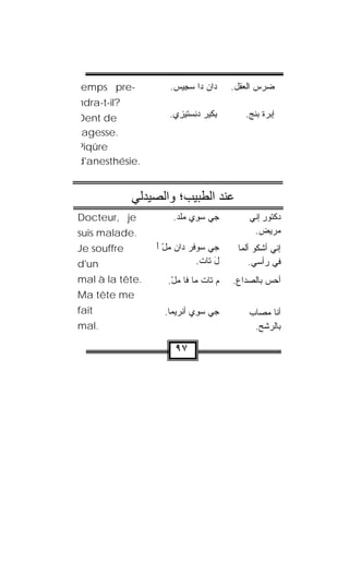 ‫-‪emps pre‬‬           ‫ﺩﺍﻥ ﺩﺍ ﺴﺠﻴﺱ.‬
                     ‫‪ ِ ‬‬  ‫‪‬‬         ‫ﻀﺭﺱ ﺍﻟﻌﻘل.‬
‫?‪ndra-t-il‬‬
‫‪Dent de‬‬             ‫ِﻜﻴﺭ ‪ِ ‬ﺴ ﹶﻴ ِﻱ.‬
                      ‫ﺒ ‪ ‬ﺩﻨ ‪‬ﺘ ﺯ‬         ‫ﺇﺒﺭﺓ ﺒﻨﺞ.‬
 ‫.‪agesse‬‬
‫‪Piqûre‬‬
‫.‪d'anesthésie‬‬


             ‫ﻋﻨﺪ اﻟﻄﺒﻴﺐ؛ واﻟﺼﻴﺪﻟﻲ‬
‫‪Docteur, je‬‬          ‫ﺠﻲ ﺴ ِﻱ ﻤﻠﺩ.‬
                      ‫‪‬ﻭ ‪ ‬ﹶ ‪‬‬             ‫ﺩﻜﺘﻭﺭ ﺇ ﹼﻲ‬
                                            ‫ﻨ‬
‫.‪suis malade‬‬                                ‫ﻤﺭﻴﺽ.‬
‫‪Je souffre‬‬       ‫ﺠﻲ ﺴﻭﻓﺭ ﺩﺍﻥ ﻤل ﺃ‬
                 ‫ﹾ‪َْ  ‬‬               ‫ﺇ ﹼﻲ ﺃﺸﻜﻭ ﺃﻟﻤﺎ‬
                                        ‫ﹰ‬          ‫ﻨ‬
‫‪d'un‬‬                        ‫ل ﺘﺎﺕ.‬
                             ‫َ ﹾ‬            ‫ﻓﻲ ﺭﺃﺴﻲ.‬
‫.‪mal à la tête‬‬      ‫ﻡ ﺘﺎﺕ ﻤﺎ ﹶﺎ ﻤل.‬
                     ‫‪ ‬ﹾ ﻓ ‪ْ‬‬          ‫ﺃﺤﺱ ﺒﺎﻟﺼﺩﺍﻉ.‬
                                                ‫‪‬‬
‫‪Ma tête me‬‬
‫‪fait‬‬               ‫ﺠﻲ ﺴ ِﻱ ﺃﻨﹾﺭﻴﻤﺎ.‬
                             ‫‪‬ﻭ‬            ‫ﺃﻨﺎ ﻤﺼﺎﺏ‬
                                               ‫‪‬‬
‫.‪mal‬‬                                        ‫ﺒﺎﻟﺭﺸﺢ.‬

                      ‫٧٩‬
 