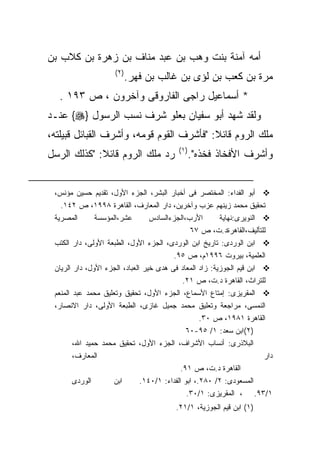 ‫ﺃﻤﻪ ﺁﻤﻨﺔ ﺒﻨﺕ ﻭﻫﺏ ﺒﻥ ﻋﺒﺩ ﻤﻨﺎﻑ ﺒﻥ ﺯﻫﺭﺓ ﺒﻥ ﻜﻼﺏ ﺒﻥ‬
                     ‫) ٢(‬
                            ‫ﻤﺭﺓ ﺒﻥ ﻜﻌﺏ ﺒﻥ ﻟﺅﻯ ﺒﻥ ﻏﺎﻟﺏ ﺒﻥ ﻓﻬﺭ.‬
  ‫* ﺃﺴﻤﺎﻋﻴل ﺭﺍﺠﻰ ﺍﻟﻔﺎﺭﻭﻗﻰ ﻭﺁﺨﺭﻭﻥ ، ﺹ ٣٩١ .‬
‫ﻭﻟﻘﺩ ﺸﻬﺩ ﺃﺒﻭ ﺴﻔﻴﺎﻥ ﺒﻌﻠﻭ ﺸﺭﻑ ﻨﺴﺏ ﺍﻟﺭﺴﻭل }‪ {‬ﻋﻨـﺩ‬
‫ﻤﻠﻙ ﺍﻟﺭﻭﻡ ﻗﺎﺌﻼ: "ﻓﺄﺸﺭﻑ ﺍﻟﻘﻭﻡ ﻗﻭﻤﻪ، ﻭﺃﺸﺭﻑ ﺍﻟﻘﺒﺎﺌل ﻗﺒﻴﻠﺘﻪ،‬
                                          ‫) ١(‬
‫ﺭﺩ ﻤﻠﻙ ﺍﻟﺭﻭﻡ ﻗﺎﺌﻼ: "ﻜﺫﻟﻙ ﺍﻟﺭﺴل‬                   ‫ﻭﺃﺸﺭﻑ ﺍﻷﻓﺨﺎﺫ ﻓﺨﺫﻩ".‬


 ‫ﺃﺒﻭ ﺍﻟﻔﺩﺍﺀ: ﺍﻟﻤﺨﺘﺼﺭ ﻓﻰ ﺃﺨﺒﺎﺭ ﺍﻟﺒﺸﺭ، ﺍﻟﺠﺯﺀ ﺍﻷﻭل، ﺘﻘﺩﻴﻡ ﺤﺴﻴﻥ ﻤﺅﻨﺱ،‬
   ‫ﺘﺤﻘﻴﻕ ﻤﺤﻤﺩ ﺯﻴﻨﻬﻡ ﻋﺯﺏ ﻭﺁﺨﺭﻴﻥ، ﺩﺍﺭ ﺍﻟﻤﻌﺎﺭﻑ، ﺍﻟﻘﺎﻫﺭﺓ ٨٩٩١، ﺹ ٢٤١.‬
 ‫ﺍﻟﻤﺼﺭﻴﺔ‬       ‫ﻋﺸﺭ،ﺍﻟﻤﺅﺴﺴﺔ‬        ‫ﺍﻷﺭﺏ،ﺍﻟﺠﺯﺀﺍﻟﺴﺎﺩﺱ‬       ‫ﺍﻟﻨﻭﻴﺭﻯ:ﻨﻬﺎﻴﺔ‬
                                                ‫ﻟﻠﺘﺄﻟﻴﻑ،ﺍﻟﻘﺎﻫﺭﺓﺩ.ﺕ، ﺹ ٧٦‬
 ‫ﺍﺒﻥ ﺍﻟﻭﺭﺩﻯ: ﺘﺎﺭﻴﺦ ﺍﺒﻥ ﺍﻟﻭﺭﺩﻯ، ﺍﻟﺠﺯﺀ ﺍﻷﻭل، ﺍﻟﻁﺒﻌﺔ ﺍﻷﻭﻟﻰ، ﺩﺍﺭ ﺍﻟﻜﺘﺏ‬
                                         ‫ﺍﻟﻌﻠﻤﻴﺔ، ﺒﻴﺭﻭﺕ ٦٩٩١ﻡ، ﺹ ٥٩.‬
 ‫ﺍﺒﻥ ﻗﻴﻡ ﺍﻟﺠﻭﺯﻴﺔ: ﺯﺍﺩ ﺍﻟﻤﻌﺎﺩ ﻓﻰ ﻫﺩﻯ ﺨﻴﺭ ﺍﻟﻌﺒﺎﺩ، ﺍﻟﺠﺯﺀ ﺍﻷﻭل، ﺩﺍﺭ ﺍﻟﺭﻴﺎﻥ‬
                                              ‫ﻟﻠﺘﺭﺍﺙ، ﺍﻟﻘﺎﻫﺭﺓ ﺩ.ﺕ، ﺹ ١٢.‬
 ‫ﺍﻟﻤﻘﺭﻴﺯﻯ: ﺇﻤﺘﺎﻉ ﺍﻷﺴﻤﺎﻉ، ﺍﻟﺠﺯﺀ ﺍﻷﻭل، ﺘﺤﻘﻴﻕ ﻭﺘﻌﻠﻴﻕ ﻤﺤﻤﺩ ﻋﺒﺩ ﺍﻟﻤﻨﻌﻡ‬
 ‫ﺍﻟﻨﻤﺴﻰ، ﻤﺭﺍﺠﻌﺔ ﻭﺘﻌﻠﻴﻕ ﻤﺤﻤﺩ ﺠﻤﻴل ﻏﺎﺯﻯ، ﺍﻟﻁﺒﻌﺔ ﺍﻷﻭﻟﻰ، ﺩﺍﺭ ﺍﻻﻨﺼﺎﺭ،‬
                                                    ‫ﺍﻟﻘﺎﻫﺭﺓ ١٨٩١، ﺹ ٠٣.‬
                                               ‫)٢(ﺍﺒﻥ ﺴﻌﺩ: ١/ ٥٩-٠٦‬
        ‫ﺍﻟﺒﻼﺫﺭﻯ: ﺃﻨﺴﺎﺏ ﺍﻷﺸﺭﺍﻑ، ﺍﻟﺠﺯﺀ ﺍﻷﻭل، ﺘﺤﻘﻴﻕ ﻤﺤﻤﺩ ﺤﻤﻴﺩ ﺍﷲ،‬
        ‫ﺍﻟﻤﻌﺎﺭﻑ،‬                                                       ‫ﺩﺍﺭ‬
                                             ‫ﺍﻟﻘﺎﻫﺭﺓ ﺩ.ﺕ، ﺹ ١٩.‬
        ‫ﺍﻟﻭﺭﺩﻯ‬       ‫ﺍﺒﻥ‬       ‫ﺍﻟﻤﺴﻌﻭﺩﻯ: ٢/ ٠٨٢.، ﺍﺒﻭ ﺍﻟﻔﺩﺍﺀ: ١/٠٤١.‬
                                               ‫١/٣٩. ، ﺍﻟﻤﻘﺭﻴﺯﻯ: ١/٠٣.‬
                                         ‫)١( ﺍﺒﻥ ﻗﻴﻡ ﺍﻟﺠﻭﺯﻴﺔ، ١/١٢.‬
 