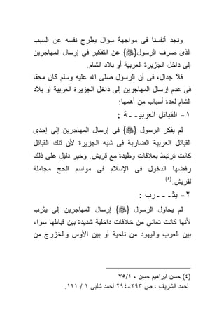 ‫ﻭﻨﺠﺩ ﺃﻨﻔﺴﻨﺎ ﻓﻰ ﻤﻭﺍﺠﻬﺔ ﺴﺅﺍل ﻴﻁﺭﺡ ﻨﻔﺴﻪ ﻋﻥ ﺍﻟﺴﺒﺏ‬
‫ﺍﻟﺫﻯ ﺼﺭﻑ ﺍﻟﺭﺴﻭل}‪ {‬ﻋﻥ ﺍﻟﺘﻔﻜﻴﺭ ﻓﻰ ﺇﺭﺴﺎل ﺍﻟﻤﻬﺎﺠﺭﻴﻥ‬
                  ‫ﺇﻟﻰ ﺩﺍﺨل ﺍﻟﺠﺯﻴﺭﺓ ﺍﻟﻌﺭﺒﻴﺔ ﺃﻭ ﺒﻼﺩ ﺍﻟﺸﺎﻡ.‬
‫ﻓﻼ ﺠﺩﺍل، ﻓﻰ ﺃﻥ ﺍﻟﺭﺴﻭل ﺼﻠﻰ ﺍﷲ ﻋﻠﻴﻪ ﻭﺴﻠﻡ ﻜﺎﻥ ﻤﺤﻘﺎ‬
‫ﹰ‬
‫ﻓﻰ ﻋﺩﻡ ﺇﺭﺴﺎل ﺍﻟﻤﻬﺎﺠﺭﻴﻥ ﺇﻟﻰ ﺩﺍﺨل ﺍﻟﺠﺯﻴﺭﺓ ﺍﻟﻌﺭﺒﻴﺔ ﺃﻭ ﺒﻼﺩ‬
                             ‫ﺍﻟﺸﺎﻡ ﻟﻌﺩﺓ ﺃﺴﺒﺎﺏ ﻤﻥ ﺃﻫﻤﻬﺎ:‬
                             ‫١- ﺍﻟﻘﺒﺎﺌل ﺍﻟﻌﺭﺒﻴــﺔ :‬
‫ﻟﻡ ﻴﻔﻜﺭ ﺍﻟﺭﺴﻭل }‪ {‬ﻓﻰ ﺇﺭﺴﺎل ﺍﻟﻤﻬﺎﺠﺭﻴﻥ ﺇﻟﻰ ﺇﺤﺩﻯ‬
‫ﺍﻟﻘﺒﺎﺌل ﺍﻟﻌﺭﺒﻴﺔ ﺍﻟﻀﺎﺭﺒﺔ ﻓﻰ ﺸﺒﻪ ﺍﻟﺠﺯﻴﺭﺓ ﻷﻥ ﺘﻠﻙ ﺍﻟﻘﺒﺎﺌل‬
‫ﻜﺎﻨﺕ ﺘﺭﺘﺒﻁ ﺒﻌﻼﻗﺎﺕ ﻭﻁﻴﺩﺓ ﻤﻊ ﻗﺭﻴﺵ. ﻭﺨﻴﺭ ﺩﻟﻴل ﻋﻠﻰ ﺫﻟﻙ‬
‫ﺭﻓﻀﻬﺎ ﺍﻟﺩﺨﻭل ﻓﻰ ﺍﻹﺴﻼﻡ ﻓﻰ ﻤﻭﺍﺴﻡ ﺍﻟﺤﺞ ﻤﺠﺎﻤﻠﺔ‬
                                              ‫) ٤(‬
                                                     ‫ﻟﻘﺭﻴﺵ.‬
                                     ‫٢- ﻴﺜـــﺭﺏ :‬
‫ﻟﻡ ﻴﺤﺎﻭل ﺍﻟﺭﺴﻭل }‪ {‬ﺇﺭﺴﺎل ﺍﻟﻤﻬﺎﺠﺭﻴﻥ ﺇﻟﻰ ﻴﺜﺭﺏ‬
‫ﻷﻨﻬﺎ ﻜﺎﻨﺕ ﺘﻌﺎﻨﻰ ﻤﻥ ﺨﻼﻓﺎﺕ ﺩﺍﺨﻠﻴﺔ ﺸﺩﻴﺩﺓ ﺒﻴﻥ ﻗﺒﺎﺌﻠﻬﺎ ﺴﻭﺍﺀ‬
‫ﺒﻴﻥ ﺍﻟﻌﺭﺏ ﻭﺍﻟﻴﻬﻭﺩ ﻤﻥ ﻨﺎﺤﻴﺔ ﺃﻭ ﺒﻴﻥ ﺍﻷﻭﺱ ﻭﺍﻟﺨﺯﺭﺝ ﻤﻥ‬




                              ‫)٤( ﺤﺴﻥ ﺍﺒﺭﺍﻫﻴﻡ ﺤﺴﻥ ، ١/٥٧‬
          ‫ﺃﺤﻤﺩ ﺍﻟﺸﺭﻴﻑ ، ﺹ ٣٩٢-٤٩٢ ﺃﺤﻤﺩ ﺸﻠﺒﻰ ١ / ١٢١.‬
 