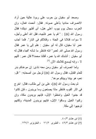 ‫ﻭﺼﻌﺩ ﺃﺒﻭ ﺴﻔﻴﺎﻥ ﺒﻥ ﺤﺭﺏ ﻋﻠﻰ ﺭﺒﻭﺓ ﻋﺎﻟﻴﺔ ﺤﻴﻥ ﺃﺭﺍﺩ‬
‫ﺍﻻﻨﺼﺭﺍﻑ ﻤﻨﺎﺩﻴﺎ ﺒﺄﻋﻠﻰ ﺼﻭﺘﻪ. ﻓﻘﺎل: ﺃﻨﻌﻤﺕ ﻓﻌﺎل، ﻭﺇﻥ‬
‫ﺍﻟﺤﺭﺏ ﺴﺠﺎل ﻴﻭﻡ ﺒﻴﻭﻡ، ﺃﻋﻠﻰ ﻫﺒل، ﺃﻯ ﺃﻅﻬﺭ ﺩﻴﻨﻙ؛ ﻓﻘﺎل‬
‫ﺭﺴﻭل ﺍﷲ }‪ " : {‬ﻗﻡ ﻴﺎ ﻋﻤﺭ ﻓﺄﺠﺒﻪ، ﻓﻘل ﺍﷲ ﺃﻋﻠﻰ ﻭﺃﺠل،‬
‫ﻻ ﺴﻭﺍﺀ، ﻗﺘﻼﻨﺎ ﻓﻰ ﺍﻟﺠﻨﺔ ، ﻭﻗﺘﻼﻜﻡ ﻓﻰ ﺍﻟﻨﺎﺭ". ﻓﻠﻤﺎ ﺃﺠﺎﺏ‬
‫ﻋﻤﺭ ﺃﺒﺎ ﺴﻔﻴﺎﻥ، ﻗﺎل ﻟﻪ ﺃﺒﻭ ﺴﻔﻴﺎﻥ : ﻫﻠﻡ ﺇﻟﻰ ﻴﺎ ﻋﻤﺭ ﻓﻘﺎل‬
‫ﺭﺴﻭل ﺍﷲ ﺼﻠﻰ ﺍﷲ. ﻟﻌﻤﺭ" ﺍﺌﺘﻪ ﻓﺎﻨﻅﺭ ﻤﺎ ﺸﺄﻨﻪ "ﻓﺠﺎﺀ ﻓﻘﺎل ﻟﻪ‬
‫ﺃﺒﻭ ﺴﻔﻴﺎﻥ : ﺃﻨﺸﺩﻙ ﺍﷲ ﻴﺎ ﻋﻤﺭ، ﺃﻓﺘﻠﻨﺎ ﻤﺤﻤﺩﺍ؟ ﻗﺎل ﻋﻤﺭ: ﺍﻟﻠﻬﻡ‬
                           ‫) ٥(‬
                                  ‫ﻻ ، ﻭﺇﻨﻪ ﻟﻴﺴﻤﻊ ﻜﻼﻤﻙ ﺍﻵﻥ.‬
‫ﻭﻟﻤﺎ ﺍﻨﺼﺭﻑ ﺃﺒﻭ ﺴﻔﻴﺎﻥ ﻭﻤﻥ ﻤﻌﻪ ﻨﺎﺩﻯ: ﺇﻥ ﻤﻭﻋﺩﻜﻡ ﺒﺩﺭ‬
‫ﻟﻠﻌﺎﻡ ﺍﻟﻘﺎﺒل، ﻓﻘﺎل ﺭﺴﻭل ﺍﷲ }‪ {‬ﻟﺭﺠل ﻤﻥ ﺃﺼﺤﺎﺒﻪ: " ﻗل:‬
                                  ‫ﻨﻌﻡ، ﻫﻭ ﺒﻴﻨﻨﺎ ﻭﺒﻴﻨﻜﻡ ﻤﻭﻋﺩ".‬
‫ﺜﻡ ﺒﻌﺙ ﺭﺴﻭل ﺍﷲ }‪ ،{‬ﻋﻠﻰ ﺒﻥ ﺃﺒﻰ ﻁﺎﻟﺏ، ﻓﻘﺎل: ﺍﺨﺭﺝ‬
‫ﻓﻰ ﺍﺜﺎﺭ ﺍﻟﻘﻭﻡ، ﻓﺎﻨﻅﺭ ﻤﺎﺫﺍ ﻴﺼﻨﻌﻭﻥ ﻭﻤﺎ ﻴﺭﻴﺩﻭﻥ ، ﻓﺈﻥ ﻜﺎﻨﻭﺍ‬
‫ﻗﺩ ﺠﻨﺒﻭﺍ ﺍﻟﺨﻴل ﻭﺍﻤﺘﻁﻭﺍ ﺍﻹﺒل، ﻓﺈﻨﻬﻡ ﻴﺭﻴﺩﻭﻥ ﻤﻜﺔ، ﻭﺇﻥ‬
‫ﺭﻜﺒﻭﺍ ﺍﻟﺨﻴل ﻭﺴﺎﻗﻭﺍ ﺍﻹﺒل، ﻓﺈﻨﻬﻡ ﻴﺭﻴﺩﻭﻥ ﺍﻟﻤﺩﻴﻨﺔ، ﻭﻟﻜﻨﻬﻡ‬
                                            ‫ﺘﻭﺠﻬﻭﺍ ﺇﻟﻰ ﻤﻜﺔ.‬


                                    ‫)٤( ﺍﺒﻥ ﻫﺸﺎﻡ ٣/٠٤.‬
     ‫)٥( ﺍﺒﻥ ﻫﺸﺎﻡ ٣/٢٤ ، ﺍﻟﻁﺒﺭﻯ ٢/١٧ ، ﺍﻟﻤﻘﺭﻴﺯﻯ ١/٧٣١.‬
 