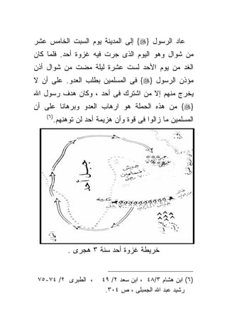 ‫ﻋﺎﺩ ﺍﻟﺭﺴﻭل }‪ {‬ﺇﻟﻰ ﺍﻟﻤﺩﻴﻨﺔ ﻴﻭﻡ ﺍﻟﺴﺒﺕ ﺍﻟﺨﺎﻤﺱ ﻋﺸﺭ‬
‫ﻤﻥ ﺸﻭﺍل ﻭﻫﻭ ﺍﻟﻴﻭﻡ ﺍﻟﺫﻯ ﺠﺭﺕ ﻓﻴﻪ ﻏﺯﻭﺓ ﺃﺤﺩ. ﻓﻠﻤﺎ ﻜﺎﻥ‬
‫ﺍﻟﻐﺩ ﻤﻥ ﻴﻭﻡ ﺍﻷﺤﺩ ﻟﺴﺕ ﻋﺸﺭﺓ ﻟﻴﻠﺔ ﻤﻀﺕ ﻤﻥ ﺸﻭﺍل ﺃﺫﻥ‬
‫ﻤﺅﺫﻥ ﺍﻟﺭﺴﻭل }‪ {‬ﻓﻰ ﺍﻟﻤﺴﻠﻤﻴﻥ ﺒﻁﻠﺏ ﺍﻟﻌﺩﻭ. ﻋﻠﻰ ﺃﻥ ﻻ‬
‫ﻴﺨﺭﺝ ﻤﻨﻬﻡ ﺇﻻ ﻤﻥ ﺍﺸﺘﺭﻙ ﻓﻰ ﺃﺤﺩ ، ﻭﻜﺎﻥ ﻫﺩﻑ ﺭﺴﻭل ﺍﷲ‬
‫}‪ {‬ﻤﻥ ﻫﺫﻩ ﺍﻟﺤﻤﻠﺔ ﻫﻭ ﺍﺭﻫﺎﺏ ﺍﻟﻌﺩﻭ ﻭﺒﺭﻫﺎﻨﺎ ﻋﻠﻰ ﺃﻥ‬
    ‫) ٦(‬
           ‫ﺍﻟﻤﺴﻠﻤﻴﻥ ﻤﺎ ﺯﺍﻟﻭﺍ ﻓﻰ ﻗﻭﺓ ﻭﺃﻥ ﻫﺯﻴﻤﺔ ﺃﺤﺩ ﻟﻥ ﺘﻭﻫﻨﻬﻡ.‬




                ‫ﺨﺭﻴﻁﺔ ﻏﺯﻭﺓ ﺃﺤﺩ ﺴﻨﺔ ٣ ﻫﺠﺭﻯ .‬


 ‫، ﺍﻟﻁﺒﺭﻯ ٢/ ٤٧-٥٧‬          ‫)٦( ﺍﺒﻥ ﻫﺸﺎﻡ ٣/٨٤ ، ﺍﺒﻥ ﺴﻌﺩ ٢/ ٩٤‬
                             ‫ﺭﺸﻴﺩ ﻋﺒﺩ ﺍﷲ ﺍﻟﺠﻤﺒﻠﻰ ، ﺹ ٤٠٣.‬
 