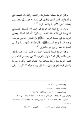 ‫ﻭﻜﺎﻥ ﺍﻟﻭﻟﻴﺩ ﻤﻬﺘﻤﺎ ﺒﺎﻟﻌﻤﺎﺭﺕ ﻭﺍﻷﺒﻨﻴﺔ ﻭﺇﺘﺨـﺎﺫ ﺍﻟﻤﺼـﺎﻨﻊ‬
‫ﻭﺍﻟﻀﻴﺎﻉ ﻭﻜﺎﻥ ﺍﻟﻨﺎﺱ ﻴﻠﺘﻘﻭﻥ ﻓﻰ ﺯﻤﺎﻨـﻪ ﻓﻴﺴـﺄل ﺒﻌﻀـﻬﻡ‬
                       ‫ﺒﻌﻀـﺎ ﻋﻥ ﺍﻷﺒﻨﻴـﺔ ﻭﺍﻟﻌﻤـﺎﺭﺕ ) ٢ (.‬
                                                   ‫ﹰ‬
‫ﻭﻤﻥ ﺃﺭﻭﻉ ﺇﻨﺠﺎﺯﺍﺕ ﺍﻟﻭﻟﻴﺩ ﻓﻰ ﺍﻟﻌﻤﺭﺍﻥ ﺍﻟﻤﺴﺠﺩ ﺍﻟﺠـﺎﻤﻊ‬
‫ﺍﻟﺫﻯ ﺒﺩﺃ ﻓﻰ ﺒﻨﺎﺌﻪ ﺴﻨﺔ ٧٨ﻫـ ﺒﺩﻤﺸﻕ) ٣ (، ﻜﻤﺎ ﺃﻀﺎﻑ ﺒﻌﺽ‬
                                  ‫‪‬‬
‫ﺍﻟﺯﻴﺎﺩﺍﺕ ﻓﻰ ﻤﺴﺠﺩ ﺍﻟﺭﺴﻭل }‪ {‬ﻤﻥ ﺍﻟﻤﻨﺎﺯل ﺍﻟﺘـﻰ ﺤﻭﻟـﻪ‬
‫‪‬‬
‫ﻭﺤﺠﺭﺍﺕ ﺃﺯﻭﺍﺝ ﺍﻟﻨﺒﻰ }‪ ،{‬ﻭﻗﺎﻡ ﺒﺘﻠـﻙ ﺍﻟﻤﻬﻤــﺔ ﻭﺍﻟـﻰ‬
                        ‫ﺍﻟﻤﺩﻴﻨـﺔ ﻋﻤـﺭ ﺒﻥ ﻋﺒـﺩﺍﻟﻌﺯﻴﺯ ) ٤ (.‬
‫ﻭﻜﺎﻥ ﺍﻟﻭﻟﻴﺩ ﻟﺤﺎﻨﺎ ﻻﻴﺤﺴﻥ ﺍﻟﻨﺤﻭ، ﻭﻋﺎﺘﺒﻪ ﺃﺒﻭﻩ ﻋﺒـﺩﺍﻟﻤﻠﻙ‬
‫ﻋﻠﻰ ﺫﻟﻙ، ﻭﻗﺎل ﻟﻪ " ﻻ ﻴﻠﻰ ﺍﻟﻌﺭﺏ ﺇﻻ ﻤﻥ ﻴﺤﺴـﻥ ﻜﻼﻤﻬـﻡ‬
                                 ‫‪‬‬
‫ﻓﺩﺨل ﺍﻟﻭﻟﻴﺩ ﺒﻴﺘﺎ ﻭﺃﺨﺫ ﺠﻤﺎﻋﺔ ﻤﻥ ﻋﻠﻤﺎﺀ ﺍﻟﻨﺤﻭ ﻭﺃﻗـﺎﻡ ﻤـﺩﺓ‬
                                      ‫ﹰ‬
‫ﻴﺸﺘﻐل ﻓﻴﻪ، ﻓﺨﺭﺝ ﺃﺠﻬل ﻤﻤﺎ ﻜﺎﻥ ﻴﻭﻡ ﺩﺨﻭﻟﻪ " ) ٥ (. ﻭﺘـﻭﻓﻰ‬




                                        ‫١ / ٦٣١.‬     ‫)٣( א‬
                                      ‫٧٢١.‬       ‫،‬   ‫)٤( א‬
                      ‫٤ / ٧٣١.‬      ‫٣ / ٦٦١. א א‬     ‫)٥( א‬
    ‫١٠٣.‬     ‫،‬     ‫א‬      ‫٢ / ٤٨٢. א א : ٤ / ٩٠١. −‬         ‫)٦( א‬
       ‫١ / ٦٥٢ – ٧٥٢. א‬      ‫١٢ / ٤١٣ – ٥١٣. − א א א‬         ‫א‬
                                                        ‫١ / ٦٣١.‬
            ‫١٢ / ٨٣٣.‬         ‫א‬       ‫٧٢١.‬        ‫،‬  ‫)٧( א‬
 