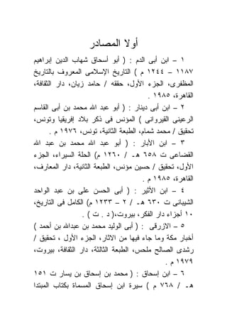 ‫ﺃﻭﻻ ﺍﻟﻤﺼﺎﺩﺭ‬
                           ‫ﹰ‬
‫١ – ﺍﺒﻥ ﺃﺒﻰ ﺍﻟﺩﻡ : ) ﺃﺒﻭ ﺃﺴﺤﺎﻕ ﺸﻬﺎﺏ ﺍﻟﺩﻴﻥ ﺇﺒﺭﺍﻫﻴﻡ‬
‫٧٨١١ – ٤٤٢١ ﻡ ( ﺍﻟﺘﺎﺭﻴﺦ ﺍﻹﺴﻼﻤﻰ ﺍﻟﻤﻌﺭﻭﻑ ﺒﺎﻟﺘﺎﺭﻴﺦ‬
‫ﺍﻟﻤﻅﻔﺭﻯ، ﺍﻟﺠﺯﺀ ﺍﻷﻭل، ﺤﻘﻘﻪ / ﺤﺎﻤﺩ ﺯﻴﺎﻥ، ﺩﺍﺭ ﺍﻟﺜﻘﺎﻓﺔ،‬
                                          ‫ﺍﻟﻘﺎﻫﺭﺓ، ٥٨٩١ .‬
‫٢ – ﺍﺒﻥ ﺃﺒﻰ ﺩﻴﻨﺎﺭ : ) ﺃﺒﻭ ﻋﺒﺩ ﺍﷲ ﻤﺤﻤﺩ ﺒﻥ ﺃﺒﻰ ﺍﻟﻘﺎﺴﻡ‬
‫ﺍﻟﺭﻋﻴﻨﻰ ﺍﻟﻘﻴﺭﻭﺍﻨﻰ ( ﺍﻟﻤﺅﻨﺱ ﻓﻰ ﺫﻜﺭ ﺒﻼﺩ ﺇﻓﺭﻴﻘﻴﺎ ﻭﺘﻭﻨﺱ،‬
       ‫ﺘﺤﻘﻴﻕ / ﻤﺤﻤﺩ ﺸﻤﺎﻡ، ﺍﻟﻁﺒﻌﺔ ﺍﻟﺜﺎﻨﻴﺔ، ﺘﻭﻨﺱ، ٦٧٩١ ﻡ .‬
‫٣ – ﺍﺒﻥ ﺍﻷﺒﺎﺭ : ) ﺃﺒﻭ ﻋﺒﺩ ﺍﷲ ﻤﺤﻤﺩ ﺒﻥ ﻋﺒﺩ ﺍﷲ‬
‫ﺍﻟﻘﻀﺎﻋﻰ ﺕ ٨٥٦ ﻫـ / ٠٦٢١ ﻡ( ﺍﻟﺤﻠﺔ ﺍﻟﺴﻴﺭﺍﺀ، ﺍﻟﺠﺯﺀ‬
‫ﺍﻷﻭل، ﺘﺤﻘﻴﻕ / ﺤﺴﻴﻥ ﻤﺅﻨﺱ، ﺍﻟﻁﺒﻌﺔ ﺍﻟﺜﺎﻨﻴﺔ، ﺩﺍﺭ ﺍﻟﻤﻌﺎﺭﻑ،‬
                                       ‫ﺍﻟﻘﺎﻫﺭﺓ، ٥٨٩١ ﻡ .‬
‫٤ – ﺍﺒﻥ ﺍﻷﺜﻴﺭ : ) ﺃﺒﻰ ﺍﻟﺤﺴﻥ ﻋﻠﻰ ﺒﻥ ﻋﺒﺩ ﺍﻟﻭﺍﺤﺩ‬
‫ﺍﻟﺸﻴﺒﺎﻨﻰ ﺕ ٠٣٦ ﻫـ / ٢ – ٣٣٢١ ﻡ( ﺍﻟﻜﺎﻤل ﻓﻰ ﺍﻟﺘﺎﺭﻴﺦ،‬
                  ‫٠١ ﺃﺠﺯﺍﺀ ﺩﺍﺭ ﺍﻟﻔﻜﺭ، ﺒﻴﺭﻭﺕ،) ﺩ . ﺕ ( .‬
‫٥ – ﺍﻻﺯﺭﻗﻰ : ) ﺃﺒﻰ ﺍﻟﻭﻟﻴﺩ ﻤﺤﻤﺩ ﺒﻥ ﻋﺒﺩﺍﷲ ﺒﻥ ﺃﺤﻤﺩ (‬
‫ﺃﺨﺒﺎﺭ ﻤﻜﺔ ﻭﻤﺎ ﺠﺎﺀ ﻓﻴﻬﺎ ﻤﻥ ﺍﻻﺜﺎﺭ، ﺍﻟﺠﺯﺀ ﺍﻷﻭل ، ﺘﺤﻘﻴﻕ /‬
‫ﺭﺸﺩﻯ ﺍﻟﺼﺎﻟﺢ ﻤﻠﺤﺱ، ﺍﻟﻁﺒﻌﺔ ﺍﻟﺜﺎﻟﺜﺔ، ﺩﺍﺭ ﺍﻟﺜﻘﺎﻓﺔ، ﺒﻴﺭﻭﺕ،‬
                                               ‫٩٧٩١ ﻡ .‬
‫٦ – ﺍﺒﻥ ﺇﺴﺤﺎﻕ : ) ﻤﺤﻤﺩ ﺒﻥ ﺇﺴﺤﺎﻕ ﺒﻥ ﻴﺴﺎﺭ ﺕ ١٥١‬
‫ﻫـ / ٨٦٧ ﻡ ( ﺴﻴﺭﺓ ﺍﺒﻥ ﺇﺴﺤﺎﻕ ﺍﻟﻤﺴﻤﺎﺓ ﺒﻜﺘﺎﺏ ﺍﻟﻤﺒﺘﺩﺍ‬
 