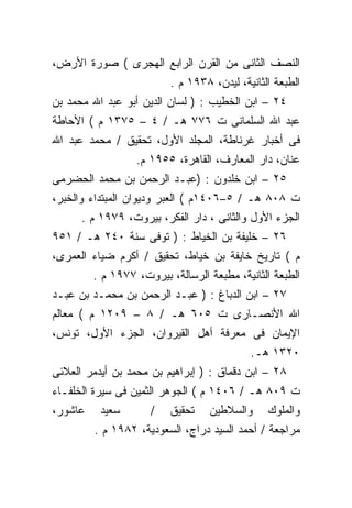 ‫ﺍﻟﻨﺼﻑ ﺍﻟﺜﺎﻨﻰ ﻤﻥ ﺍﻟﻘﺭﻥ ﺍﻟﺭﺍﺒﻊ ﺍﻟﻬﺠﺭﻯ ( ﺼﻭﺭﺓ ﺍﻷﺭﺽ،‬
                          ‫ﺍﻟﻁﺒﻌﺔ ﺍﻟﺜﺎﻨﻴﺔ، ﻟﻴﺩﻥ، ٨٣٩١ ﻡ .‬
‫٤٢ – ﺍﺒﻥ ﺍﻟﺨﻁﻴﺏ : ) ﻟﺴﺎﻥ ﺍﻟﺩﻴﻥ ﺃﺒﻭ ﻋﺒﺩ ﺍﷲ ﻤﺤﻤﺩ ﺒﻥ‬
‫ﻋﺒﺩ ﺍﷲ ﺍﻟﺴﻠﻤﺎﻨﻰ ﺕ ٦٧٧ ﻫـ / ٤ – ٥٧٣١ ﻡ ( ﺍﻷﺤﺎﻁﺔ‬
‫ﻓﻰ ﺃﺨﺒﺎﺭ ﻏﺭﻨﺎﻁﺔ، ﺍﻟﻤﺠﻠﺩ ﺍﻷﻭل، ﺘﺤﻘﻴﻕ / ﻤﺤﻤﺩ ﻋﺒﺩ ﺍﷲ‬
                  ‫ﻋﻨﺎﻥ، ﺩﺍﺭ ﺍﻟﻤﻌﺎﺭﻑ، ﺍﻟﻘﺎﻫﺭﺓ، ٥٥٩١ ﻡ.‬
‫٥٢ – ﺍﺒﻥ ﺨﻠﺩﻭﻥ : )ﻋﺒـﺩ ﺍﻟﺭﺤﻤﻥ ﺒﻥ ﻤﺤﻤﺩ ﺍﻟﺤﻀﺭﻤﻰ‬
‫ﺕ ٨٠٨ ﻫـ / ٥–٦٠٤١ﻡ ( ﺍﻟﻌﺒﺭ ﻭﺩﻴﻭﺍﻥ ﺍﻟﻤﺒﺘﺩﺍﺀ ﻭﺍﻟﺨﺒﺭ،‬
      ‫ﺍﻟﺠﺯﺀ ﺍﻷﻭل ﻭﺍﻟﺜﺎﻨﻰ ، ﺩﺍﺭ ﺍﻟﻔﻜﺭ، ﺒﻴﺭﻭﺕ، ٩٧٩١ ﻡ .‬
‫٦٢ – ﺨﻠﻴﻔﺔ ﺒﻥ ﺍﻟﺨﻴﺎﻁ : ) ﺘﻭﻓﻰ ﺴﻨﺔ ٠٤٢ ﻫـ / ١٥٩‬
‫ﻡ ( ﺘﺎﺭﻴﺦ ﺨﺎﻴﻔﺔ ﺒﻥ ﺨﻴﺎﻁ، ﺘﺤﻘﻴﻕ / ﺃﻜﺭﻡ ﻀﻴﺎﺀ ﺍﻟﻌﻤﺭﻯ،‬
         ‫ﺍﻟﻁﺒﻌﺔ ﺍﻟﺜﺎﻨﻴﺔ، ﻤﻁﺒﻌﺔ ﺍﻟﺭﺴﺎﻟﺔ، ﺒﻴﺭﻭﺕ، ٧٧٩١ ﻡ .‬
‫٧٢ – ﺍﺒﻥ ﺍﻟﺩﺒﺎﻍ : ) ﻋﺒـﺩ ﺍﻟﺭﺤﻤﻥ ﺒﻥ ﻤﺤﻤـﺩ ﺒﻥ ﻋﺒـﺩ‬
‫ﺍﷲ ﺍﻷﻨﺼـﺎﺭﻯ ﺕ ٥٠٦ ﻫـ / ٨ – ٩٠٢١ ﻡ ( ﻤﻌﺎﻟﻡ‬
‫ﺍﻹﻴﻤﺎﻥ ﻓﻰ ﻤﻌﺭﻓﺔ ﺃﻫل ﺍﻟﻘﻴﺭﻭﺍﻥ، ﺍﻟﺠﺯﺀ ﺍﻷﻭل، ﺘﻭﻨﺱ،‬
                                            ‫٠٢٣١ ﻫـ.‬
‫٨٢ – ﺍﺒﻥ ﺩﻗﻤﺎﻕ : ) ﺇﺒﺭﺍﻫﻴﻡ ﺒﻥ ﻤﺤﻤﺩ ﺒﻥ ﺃﻴﺩﻤﺭ ﺍﻟﻌﻼﺌﻰ‬
‫ﺕ ٩٠٨ ﻫـ / ٦٠٤١ ﻡ ( ﺍﻟﺠﻭﻫﺭ ﺍﻟﺜﻤﻴﻥ ﻓﻰ ﺴﻴﺭﺓ ﺍﻟﺨﻠﻔـﺎﺀ‬
‫ﻋﺎﺸﻭﺭ،‬    ‫ﺴﻌﻴﺩ‬       ‫/‬    ‫ﺘﺤﻘﻴﻕ‬    ‫ﻭﺍﻟﺴﻼﻁﻴﻥ‬     ‫ﻭﺍﻟﻤﻠﻭﻙ‬
         ‫ﻤﺭﺍﺠﻌﺔ / ﺃﺤﻤﺩ ﺍﻟﺴﻴﺩ ﺩﺭﺍﺝ، ﺍﻟﺴﻌﻭﺩﻴﺔ، ٢٨٩١ ﻡ .‬
 