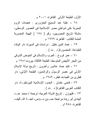 ‫ﺍﻷﻭل، ﺍﻟﻁﺒﻌﺔ ﺍﻷﻭﻟﻰ ﺍﻟﻘﺎﻫﺭﺓ، ١٠٠٢ ﻡ .‬
‫٨٦ – ﻋﻠﻴﺔ ﻋﺒﺩ ﺍﻟﺴﻤﻴﻊ ﺍﻟﺠﻨﺯﻭﺭﻯ : ﻫﺠﻤﺎﺕ ﺍﻟﺭﻭﻡ‬
‫ﺍﻟﺒﺤﺭﻴﺔ ﻋﻠﻰ ﺸﻭﺍﻁﺊ ﻤﺼﺭ ﺍﻹﺴﻼﻤﻴﺔ ﻓﻰ ﺍﻟﻌﺼﻭﺭ ﺍﻟﻭﺴﻁﻰ،‬
‫ﺴﻠﺴﻠﺔ ﺘﺎﺭﻴﺦ ﺍﻟﻤﺼﺭﻴﻴﻥ، ﺭﻗﻡ ) ٤٥١ ( ﺍﻟﻬﻴﺌﺔ ﺍﻟﻤﺼﺭﻴﺔ‬
                       ‫ﺍﻟﻌﺎﻤﺔ ﻟﻠﻜﺘﺎﺏ ﺍﻟﻘﺎﻫﺭﺓ، ٩٩٩١ ﻡ .‬
‫٩٦ - ﻋﻤﺎﺩ ﺍﻟﺩﻴﻥ ﺨﻠﻴل : ﺩﺭﺍﺴﺎﺕ ﻓﻰ ﺍﻟﺴﻴﺭﺓ، ﺩﺍﺭ ﺍﻟﻭﻓﺎﺀ‬
                         ‫ﻟﻠﻁﺒﺎﻋﺔ، ﺍﻟﻤﻨﺼﻭﺭﺓ) ﺩ . ﺕ ( .‬
‫٠٧ - ﻋﻤﺭ ﻓﺭﻭﺥ : ﺍﻟﻌﺭﺏ ﻭﺍﻹﺴﻼﻡ ﻓﻰ ﺍﻟﺤﻭﺽ ﺍﻟﺸﺭﻗﻰ‬
 ‫ﻤﻥ ﺍﻟﺒﺤﺭ ﺍﻷﺒﻴﺽ ﺍﻟﻤﺘﻭﺴﻁ، ﺍﻟﻁﺒﻌﺔ ﺍﻟﺜﺎﻟﺜﺔ، ﺒﻴﺭﻭﺕ١٨٩١ ﻡ‬
‫١٧ - ﻓﺎﻴﺩ ﺤﻤﺎﺩ ﻋﺎﺸﻭﺭ ﻭﺁﺨﺭﻭﻥ : ﺘﺎﺭﻴﺦ ﺩﻭﻟﺔ ﺍﻹﺴﻼﻡ‬
‫ﺍﻷﻭﻟﻰ ﻓﻰ ﻋﺼﺭ ﺍﻟﺭﺴﻭل ﻭﺍﻟﺭﺍﺸﺩﻴﻥ، ﺍﻟﻁﺒﻌﺔ ﺍﻷﻭﻟﻰ، ﺩﺍﺭ‬
                     ‫ﻗﻁﺭﻯ ﺒﻥ ﺍﻟﻔﺠﺎﺀﺓ، ﻗﻁﺭ، ٩٨٩١ ﻡ .‬
‫٢٧ - ﻓﺘﺤﻰ ﻋﺜﻤﺎﻥ : ﺍﻟﺤﺩﻭﺩ ﺍﻹﺴﻼﻤﻴﺔ ﺍﻟﺒﻴﺯﻨﻁﻴـﺔ، ﺩﺍﺭ‬
                       ‫ﺍﻟﻜﺘﺎﺏ ﺍﻟﻌﺭﺒﻰ ﺍﻟﻘﺎﻫﺭﺓ) ﺩ . ﺕ ( .‬
‫٣٧ - ﻓﻠﻬﻭﺯﻥ : ﺘﺎﺭﻴﺦ ﺍﻟﺩﻭﻟﺔ ﺍﻟﻌﺭﺒﻴﺔ، ﺘﺭﺠﻤﺔ / ﻤﺤﻤﺩ ﻋﺒـﺩ‬
‫ﺍﻟﻬﺎﺩﻯ ﺃﺒﻭ ﺭﻴﺩﺓ ﻤﺭﺍﺠﻌﺔ ﺤﺴـﻴﻥ ﻤـﺅﻨﺱ، ﻟﺠﻨـﺔ ﺍﻟﺘـﺄﻟﻴﻑ،‬
                                     ‫ﺍﻟﻘﺎﻫﺭﺓ، ٨٥٩١ﻡ .‬
 