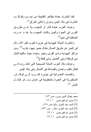 ‫ﻜﻤﺎ ﺍﻨﺘﺸﺭﺕ ﻋﺒﺎﺩﺓ ﻤﻅﺎﻫﺭ ﺍﻟﻁﺒﻴﻌﺔ ﻤﻥ ﻨﺠـﻭﻡ ﻭﻜﻭﺍﻜـﺏ‬
                   ‫)١(‬
               ‫.‬         ‫ﺍﻨﺘﺸﺭﺕ ﻓﻰ ﺒﻼﺩ ﺍﻟﻴﻤﻥ ﻭﺤﺭﺍﻥ ﻭﺃﻋﺎﻟﻰ ﺍﻟﻌﺭﺍﻕ‬
‫ﻭﻋﺭﻑ ﺍﻟﻌﺭﺏ ﻋﺒﺎﺩﺓ ﺍﻟﻨﺎﺭ ﺃﻭ ﺍﻟﻤﺠﻭﺴـﻴﺔ ﻋـﻥ ﻁﺭﻴـﻕ‬
‫ﺍﻟﻔﺭﺱ ﻓﻰ ﺍﻟﺤﻴﺭﺓ ﻭﺍﻟﻴﻤﻥ ﻭﻜﺎﻨﺕ ﺍﻟﻤﺠﻭﺴـﻴﺔ ﻋﻨـﺩ ﻋـﺭﺏ‬
                                                      ‫ﺍﻟﺠﺎﻫﻠﻴﺔ ﻓﻰ ﺘﻤﻴﻡ)٢(.‬
‫ﻭﺍﻨﺘﺸﺭﺕ ﺍﻟﺩﻴﺎﻨﺔ ﺍﻟﻴﻬﻭﺩﻴﺔ ﻓﻰ ﺠﺯﻴﺭﺓ ﺍﻟﻌﺭﺏ ﻗﺒل ﺍﻻﺴـﻼﻡ‬
      ‫)٣(.‬
‫ﻭﻤﻥ‬          ‫ﻓﻰ ﺍﻟﻴﻤﻥ ﻋﻥ ﻁﺭﻴﻕ ﺍﺘﺼﺎل ﻤﻠﻭﻙ ﺤﻤﻴﺭ ﺒﻴﻬﻭﺩ ﻴﺜﺭﺏ‬
‫ﻤﺭﺍﻜﺯ ﺍﻟﻴﻬﻭﺩﻴﺔ ﻭﺍﺩﻯ ﺍﻟﻘﺭﻯ ﻭﺨﻴﺒﺭ ﻭﺘﻴﻤﺎﺀ ﺤﻴﺙ ﺴﻜﻨﻬﺎ ﻗﺒﺎﺌل‬
                                ‫)٤(‬
                            ‫.‬         ‫ﺒﻨﻰ ﻗﺭﻴﻅﺔ ﻭﺒﻨﻰ ﺍﻟﻨﻀﻴﺭ ﻭﺒﻨﻰ ﻗﻴﻨﻘﺎﻉ‬
‫ﻭﻋﺭﻓﺕ ﺒﻼﺩ ﺍﻟﻌﺭﺏ ﺍﻟﺩﻴﺎﻨﺔ ﺍﻟﻤﺴﻴﺤﻴﺔ ﺍﻟﺘﻰ ﺍﻨﺘﺸـﺭﺕ ﻓـﻰ‬
      ‫ﻗﺒﺎﺌل ﺘﻐﻠﺏ ﻭﻏﺴﺎﻥ ﻭﻗﻀﺎﻋﺔ ﻓﻰ ﺍﻟﺸﻤﺎل ﻭﻓﻰ ﺒﻼﺩ ﺍﻟﻴﻤﻥ.‬
‫ﻭﺍﻨﻘﺴﻤﺕ ﺍﻟﻨﺼﺭﺍﻨﻴﺔ ﻓﻰ ﺠﺯﻴﺭﺓ ﺍﻟﻌـﺭﺏ ﺇﻟـﻰ ﻓﺭﻗﺘـﺎﻥ:‬
‫ﺍﻟﻨﺴﻁﻭﺭﻴﺔ ﻓﻰ ﺍﻟﺤﻴﺭﺓ ﻭﺍﻟﻴﻌﻘﻭﺒﻴﺔ ﻓﻰ ﻏﺴﺎﻥ ﻭﺴـﺎﺌﺭ ﻗﺒﺎﺌـل‬
                                                                ‫)٥(‬
                                                                      ‫ﺍﻟﺸﺎﻡ.‬


                                           ‫ﻤﺤﻤﺩ ﺠﻤﺎل ﺍﻟﺩﻴﻥ ﺴﺭﻭﺭ، ﺹ ٣٤١.‬
                                            ‫)١( ﺤﺴﻥ ﺍﺒﺭﺍﻫﻴﻡ ﺤﺴﻥ ١ / ٢٦.‬
                                         ‫)٢( ﺍﻟﺴﻴﺩ ﻋﺒﺩ ﺍﻟﻌﺯﻴﺯ ﺴﺎﻟﻡ، ﺹ ٨٢٤.‬
                                       ‫)٣( ﺍﻟﺴﻴﺩ ﻋﺒﺩ ﺍﻟﻌﺯﻴﺯ ﺴﺎﻟﻡ ، ﺹ ٣٣٤.‬
                                             ‫)٤( ﺤﺴﻥ ﺍﺒﺭﺍﻫﻴﻡ ﺤﺴﻥ ١ / ٣٦.‬
                                             ‫)٥( ﺤﺴﻥ ﺍﺒﺭﺍﻫﻴﻡ ﺤﺴﻥ ١ / ٣٦.‬
 