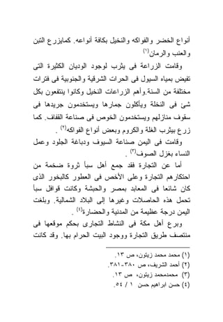 ‫ﺃﻨﻭﺍﻉ ﺍﻟﺨﻀﺭ ﻭﺍﻟﻔﻭﺍﻜﻪ ﻭﺍﻟﻨﺨﻴل ﺒﻜﺎﻓﺔ ﺃﻨﻭﺍﻋﻪ. ﻜﻤﺎﻴﺯﺭﻉ ﺍﻟﺘﺒﻥ‬
                                       ‫)١(‬
                                             ‫ﻭﺍﻟﻌﻨﺏ ﻭﺍﻟﺭﻤﺎﻥ‬
‫ﻭﻗﺎﻤﺕ ﺍﻟﺯﺭﺍﻋﺔ ﻓﻰ ﻴﺜﺭﺏ ﻟﻭﺠﻭﺩ ﺍﻟﻭﺩﻴﺎﻥ ﺍﻟﻜﺜﻴﺭﺓ ﺍﻟﺘﻰ‬
‫ﺘﻔﻴﺽ ﺒﻤﻴﺎﻩ ﺍﻟﺴﻴﻭل ﻓﻰ ﺍﻟﺤﺭﺍﺕ ﺍﻟﺸﺭﻗﻴﺔ ﻭﺍﻟﺠﻨﻭﺒﻴﺔ ﻓﻰ ﻓﺘﺭﺍﺕ‬
‫ﻤﺨﺘﻠﻔﺔ ﻤﻥ ﺍﻟﺴﻨﺔ.ﻭﺃﻫﻡ ﺍﻟﺯﺭﺍﻋﺎﺕ ﺍﻟﻨﺨﻴل ﻭﻜﺎﻨﻭﺍ ﻴﻨﺘﻔﻌﻭﻥ ﺒﻜل‬
‫ﺸﺊ ﻓﻰ ﺍﻟﻨﺨﻠﺔ ﻭﻴﺄﻜﻠﻭﻥ ﺠﻤﺎﺭﻫﺎ ﻭﻴﺴﺘﺨﺩﻤﻭﻥ ﺠﺭﻴﺩﻫﺎ ﻓﻰ‬
‫ﺴﻘﻭﻑ ﻤﻨﺎﺯﻟﻬﻡ ﻭﻴﺴﺘﺨﺩﻤﻭﻥ ﺍﻟﺨﻭﺹ ﻓﻰ ﺼﻨﺎﻋﺔ ﺍﻟﻘﻔﺎﻑ. ﻜﻤﺎ‬
       ‫ﺯﺭﻉ ﺒﻴﺜﺭﺏ ﺍﻟﻐﻠﺔ ﻭﺍﻟﻜﺭﻭﻡ ﻭﺒﻌﺽ ﺃﻨﻭﺍﻉ ﺍﻟﻔﻭﺍﻜﻪ)٢( .‬
‫ﻭﻗﺎﻤﺕ ﻓﻰ ﺍﻟﻴﻤﻥ ﺼﻨﺎﻋﺔ ﺍﻟﺴﻴﻭﻑ ﻭﺩﺒﺎﻏﺔ ﺍﻟﺠﻠﻭﺩ ﻭﻋﻤل‬
                                 ‫ﺍﻟﻨﺴﺎﺀ ﺒﻐﺯل ﺍﻟﺼﻭﻑ)٣( .‬
‫ﺃﻤﺎ ﻋﻥ ﺍﻟﺘﺠﺎﺭﺓ ﻓﻘﺩ ﺠﻤﻊ ﺃﻫل ﺴﺒﺄ ﺜﺭﻭﺓ ﻀﺨﻤﺔ ﻤﻥ‬
‫ﺍﺤﺘﻜﺎﺭﻫﻡ ﺍﻟﺘﺠﺎﺭﺓ ﻭﻋﻠﻰ ﺍﻷﺨﺹ ﻓﻰ ﺍﻟﻌﻁﻭﺭ ﻜﺎﻟﺒﺨﻭﺭ ﺍﻟﺫﻯ‬
‫ﻜﺎﻥ ﺸﺎﺌﻌﺎ ﻓﻰ ﺍﻟﻤﻌﺎﺒﺩ ﺒﻤﺼﺭ ﻭﺍﻟﺤﺒﺸﺔ ﻭﻜﺎﻨﺕ ﻗﻭﺍﻓل ﺴﺒﺄ‬
                                              ‫ﹰ‬
‫ﺘﺤﻤل ﻫﺫﻩ ﺍﻟﺤﺎﺼﻼﺕ ﻭﻏﻴﺭﻫﺎ ﺇﻟﻰ ﺍﻟﺒﻼﺩ ﺍﻟﺸﻤﺎﻟﻴﺔ. ﻭﺒﻠﻐﺕ‬
              ‫ﺍﻟﻴﻤﻥ ﺩﺭﺠﺔ ﻋﻅﻴﻤﺔ ﻤﻥ ﺍﻟﻤﺩﻨﻴﺔ ﻭﺍﻟﺤﻀﺎﺭﺓ)٤( .‬
‫ﻭﺒﺭﻉ ﺃﻫل ﻤﻜﺔ ﻓﻰ ﺍﻟﻨﺸﺎﻁ ﺍﻟﺘﺠﺎﺭﻯ ﺒﺤﻜﻡ ﻤﻭﻗﻌﻬﺎ ﻓﻰ‬
‫ﻤﻨﺘﺼﻑ ﻁﺭﻴﻕ ﺍﻟﺘﺠﺎﺭﺓ ﻭﻭﺠﻭﺩ ﺍﻟﺒﻴﺕ ﺍﻟﺤﺭﺍﻡ ﺒﻬﺎ. ﻭﻗﺩ ﻜﺎﻨﺕ‬

                             ‫ﻤﺤﻤﺩ ﻤﺤﻤﺩ ﺯﻴﺘﻭﻥ، ﺹ ٣١.‬     ‫)١(‬
                          ‫ﺃﺤﻤﺩ ﺍﻟﺸﺭﻴﻑ، ﺹ ٠٨٣-١٨٣.‬       ‫)٢(‬
                            ‫ﻤﺤﻤﺩﻤﺤﻤﺩ ﺯﻴﺘﻭﻥ، ﺹ ٣١.‬       ‫)٣(‬
                            ‫ﺤﺴﻥ ﺍﺒﺭﺍﻫﻴﻡ ﺤﺴﻥ ١ / ٤٥.‬     ‫)٤(‬
 