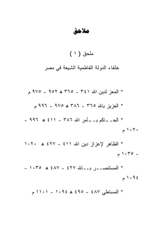 ‫‪‬‬


                   ‫ﻤﻠﺤﻕ ) ١ (‬

        ‫ﺨﻠﻔﺎﺀ ﺍﻟﺩﻭﻟﺔ ﺍﻟﻔﺎﻁﻤﻴﺔ ﺍﻟﺸﻴﻌﺔ ﻓﻲ ﻤﺼﺭ‬



 ‫* ﺍﻟﻤﻌﺯ ﻟﺩﻴﻥ ﺍﷲ ١٤٣ - ٥٦٣ ﻫ ٢٥٩ - ٥٧٩ ﻡ‬

    ‫* ﺍﻟﻌﺯﻴﺯ ﺒﺎﷲ ٥٦٣ - ٦٨٣ ﻫ ٥٧٩ - ٦٩٩ ﻡ‬

‫* ﺍﻟﺤـ ـﺎﻜﻡ ﺒـ ـﺄﻤﺭ ﺍﷲ ٦٨٣ - ١١٤ ﻫ ٦٩٩ -‬
                        ‫ـ‬       ‫ـ‬
                                              ‫٠٢٠١ ﻡ‬

‫* ﺍﻟﻅﺎﻫﺭ ﻹﻋﺯﺍﺯ ﺩﻴﻥ ﺍﷲ ١١٤ - ٧٢٤ ﻫ ٠٢٠١‬
                                          ‫- ٥٣٠١ ﻡ‬

‫* ﺍﻟﻤﺴﺘﻨﺼــﺭ ﺒــﺎﷲ ٧٢٤ - ٧٨٤ ﻫ ٥٣٠١ -‬
                                              ‫٤٩٠١ ﻡ‬

   ‫* ﺍﻟﻤﺴﺘﻌﻠﻲ ٧٨٤ - ٥٩٤ ﻫ ٤٩٠١ - ١٠١١ ﻡ‬
 
