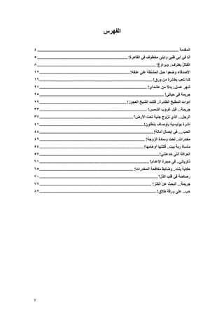 ‫اﻟﻔﻬﺮس‬

‫اﻟﻤﻘﺪﻣﺔ ............................................................................................................................. ٤‬
‫أﻧﺎ ﻓﻲ أﺑﻲ ﻇﺒﻲ واﺑﻨﻲ ﻣﺨﻄﻮف ﻓﻲ اﻟﻘﺎهﺮة! ................................................................................ ٥‬
‫اﻟﻘﺎﺗﻞ ﻳﻌﺘﺮف.. وﻳﺮاوغ! ......................................................................................................... ٨‬
‫اﻷﺻﺪﻗﺎء وﺿﻌﻮا ﺣﺒﻞ اﻟﻤﺸﻨﻘﺔ ﻋﻠﻰ ﻋﻨﻘﻪ! ................................................................................ ٢١‬
‫آﻨﺎ ﻧﻠﻌﺐ ﺑﻄﺎﺋﺮة ﻣﻦ ورق! .................................................................................................... ٦١‬
‫ﺷﻬﺮ ﻋﺴﻞ.. ﺑﺪﻻ ﻣﻦ ﻋﺸﻤﺎي! ............................................................................................... ١٢‬
                                                                                                             ‫ً‬
‫ﺟﺮﻳﻤﺔ ﻓﻲ ﺣﻴﺎﺗﻲ! .............................................................................................................. ٥٢‬
‫أدوات اﻟﻤﻄﺒﺦ اﻟﻄﺎﺋﺮة.. ﻗﺘﻠﺖ اﻟﺸﻴﺦ اﻟﻌﺠﻮز! ............................................................................. ٩٢‬
‫ﺟﺮﻳﻤﺔ... ﻗﺒﻞ ﻏﺮوب اﻟﺸﻤﺲ! ............................................................................................... ٣٣‬
‫اﻟﺮﺟﻞ... اﻟﺬي ﺗﺰوج ﺟﻨﻴﺔ ﺗﺤﺖ اﻷرض؟ ................................................................................... ٧٣‬
‫ﻧﺸﺮة ﺑﻮﻟﻴﺴﻴﺔ ﺑﺄوﺻﺎف ﺑﻨﻄﻠﻮن! ............................................................................................ ١٤‬
‫اﻟﺤﺐ.... ﻓﻲ إﻳﺼﺎل أﻣﺎﻧﺔ!..................................................................................................... ٤٤‬
‫ﻣﺨﺪرات.. ﺗﺤﺖ وﺳﺎدة اﻟﺰوﺟﺔ! ............................................................................................. ٩٤‬
‫ﻣﺄﺳﺎة رﺑﺔ ﺑﻴﺖ.. ﻗﺘﻠﺘﻬﺎ أوهﺎﻣﻬﺎ! ............................................................................................ ٤٥‬
‫اﻟﻌﺮاﻓﺔ اﻟﺘﻲ ﺧﺪﻋﺘﻨﻲ!.......................................................................................................... ٧٥‬
‫ذآﺮﻳﺎﺗﻲ.. ﻓﻲ ﺣﺠﺮة اﻹﻋﺪام! ................................................................................................. ١٦‬
‫ﺣﻜﺎﻳﺔ ﺑﻨﺖ.. وﺿﺎﺑﻂ ﻣﻜﺎﻓﺤﺔ اﻟﻤﺨﺪرات! ................................................................................... ٥٦‬
‫رﺻﺎﺻﺔ ﻓﻲ ﻗﻠﺐ اﻟﺬل؟ ......................................................................................................... ٠٧‬
‫ﺟﺮﻳﻤﺔ... اﻟﺒﺤﺚ ﻋﻦ اﻟﻜﻨﺰ! ................................................................................................... ٧٧‬
‫ﺣﺐ.. ﻋﻠﻰ ورﻗﺔ ﻃﻼق! ....................................................................................................... ٢٨‬




‫٣‬
 