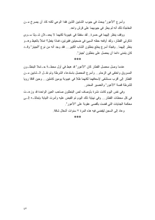 ‫ﻭﺃﺴﺭﻉ "ﺍﻷﻋﻭﺭ" ﻴﺒﺤﺙ ﻓﻲ ﺠﻴﻭﺏ ﺍﻟﺸﺎﺒﻴﻥ ﺍﻟﻠﺫﻴﻥ ﻓﻘﺩﺍ ﺍﻟﻭﻋﻲ ﻟﻜﻨﻪ ﻜﺎﺩ ﺃﻥ ﻴﺼﺭﺥ ﻤـﻥ‬
                                    ‫ﺍﻟﻤﻔﺎﺠﺄﺓ ﺫﻟﻙ ﺃﻨﻪ ﻟﻡ ﻴﻌﺜﺭ ﻓﻲ ﺠﻴﻭﺒﻬﻤﺎ ﻋﻠﻰ ﻗﺭﺵ ﻭﺍﺤﺩ.‬
‫ﻭﻭﻗﻑ ﻴﻨﻅﺭ ﺇﻟﻴﻬﻤﺎ ﻓﻲ ﺤﺴﺭﺓ.. ﻟﻘﺩ ﺴﻘﻁﺎ ﻓﻲ ﻏﻴﺒﻭﺒﺔ ﻟﻜﻨﻬﻤﺎ ﻻ ﻴﺤﻤـﻼﻥ ﺸـﻴ ًﺎ ﺴـﻭﻯ‬
      ‫ﺌ‬
‫ﺘﺫﻜﺭﺘﻲ ﺍﻟﻘﻁﺎﺭ، ﻭﻟﻘﺩ ﺃﻭﻗﻌﻪ ﺤﻅﻪ ﺍﻟﺴﻴﺊ ﻓﻲ ﻀﺤﻴﺘﻴﻥ ﻓﻘﻴﺭﺘﻴﻥ، ﻓﻤﺎﺫﺍ ﻴﻔﻌل؟ ﺍﻤﺘﻸ ﺒﺎﻟﻐﻴﻅ ﻭﻫـﻭ‬
‫ﻴﻨﻅﺭ ﺇﻟﻴﻬﻤﺎ.. ﻭﻓﺠﺄﺓ ﺃﺴﺭﻉ ﻴﺨﻠﻊ ﺒﻨﻁﻠﻭﻥ ﺍﻟﺸﺎﺏ ﺍﻟﻜﺒﻴﺭ... ﻓﻘﺩ ﻭﺠﺩ ﺃﻨﻪ ﻤﻥ ﻨﻭﻉ "ﺍﻟﺠﻴﻨﺯ" ﻭﻗـﺩ‬
                                         ‫ﻜﺎﻥ ﻴﺘﻤﻨﻰ ﺩﺍﺌ ‪‬ﺎ ﺃﻥ ﻴﺤﺼل ﻋﻠﻰ ﺒﻨﻁﻠﻭﻥ "ﺠﻴﻨﺯ".‬
                                                                     ‫ﻤ‬
                                       ‫***‬
‫ﻋﻨﺩﻤﺎ ﻭﺼل ﻤﺤﺼل ﺍﻟﻘﻁﺎﺭ ﻜﺎﻥ "ﺍﻷﻋﻭﺭ" ﻗﺩ ﻫﺒﻁ ﻓﻲ ﺃﻭل ﻤﺤﻁـﺔ ﺤـﺎﻤﻼ ﺍﻟﺒﻨﻁﻠـﻭﻥ‬
          ‫ﹰ‬
‫ﺍﻟﻤﺴﺭﻭﻕ ﻭﺍﺨﺘﻔﻰ ﻓﻲ ﺍﻟﺯﺤﺎﻡ... ﻭﺃﺴﺭﻉ ﺍﻟﻤﺤﺼل ﺒﺎﺴﺘﺩﻋﺎﺀ ﺍﻟﺸﺭﻁﺔ ﻭﺘﻡ ﻨﻘـل ﺍﻟـﺸﺎﺒﻴﻥ ﻤـﻥ‬
‫ﺍﻟﻘﻁﺎﺭ ﺇﻟﻰ ﺃﻗﺭﺏ ﻤﺴﺘﺸﻔﻰ ﻹﺴﻌﺎﻓﻬﻤﺎ ﻟﻜﻨﻬﻤﺎ ﻅﻼ ﻓﻲ ﻏﻴﺒﻭﺒﺔ ﻴﻭﻤﻴﻥ ﻜﺎﻤﻠﻴﻥ... ﻭﺤﻴﻥ ﺃﻓﺎﻗﺎ ﺭﻭﻴﺎ‬
                                               ‫ﻟﻠﺸﺭﻁﺔ ﻗﺼﺔ "ﺍﻷﻋﻭﺭ" ﻭﺍﻟﻌﺼﻴﺭ ﺍﻟﻤﺨﺩﺭ.‬
‫ﻭﻓﻲ ﻨﻔﺱ ﺍﻟﻴﻭﻡ ﻜﺎﻨﺕ ﻨﺸﺭﺓ ﺒﺄﻭﺼﺎﻑ ﻟﺹ ﺍﻟﺒﻨﻁﻠﻭﻥ ﺼﺎﺤﺏ ﺍﻟﻌﻴﻥ ﺍﻟﻭﺍﺤﺩﺓ ﻗﺩ ﻭﺯﻋـﺕ‬
‫ﻓﻲ ﻜل ﻤﺤﻁﺎﺕ ﺍﻟﻘﻁﺎﺭ... ﻭﻓﻲ ﻨﻬﺎﻴﺔ ﺫﻟﻙ ﺍﻟﻴﻭﻡ ﺘﻡ ﺍﻟﻘﺒﺽ ﻋﻠﻴﻪ ﻭﺃﻤﺭﺕ ﺍﻟﻨﻴﺎﺒﺔ ﺒﺈﺤﺎﻟﺘـﻪ ﺇﻟـﻰ‬
                                ‫ﻤﺤﻜﻤﺔ ﺍﻟﺠﻨﺎﻴﺎﺕ ﺍﻟﺘﻲ ﻗﻀﺕ ﺒﺄﻗﺼﻰ ﻋﻘﻭﺒﺔ ﻋﻠﻰ "ﺍﻷﻋﻭﺭ".‬
                       ‫ﻭﻋﺎﺩ ﺇﻟﻰ ﺍﻟﺴﺠﻥ ﻟﻴﻘﻀﻲ ﻓﻴﻪ ﻫﺫﻩ ﺍﻟﻤﺭﺓ ٧ ﺴﻨﻭﺍﺕ ﺃﺸﻐﺎل ﺸﺎﻗﺔ.‬
                                       ‫***‬




‫٣٤‬
 