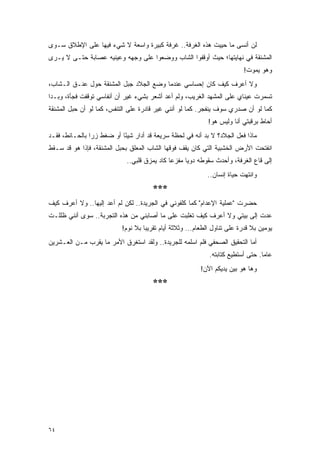 ‫ﻟﻥ ﺃﻨﺴﻰ ﻤﺎ ﺤﻴﻴﺕ ﻫﺫﻩ ﺍﻟﻐﺭﻓﺔ.. ﻏﺭﻓﺔ ﻜﺒﻴﺭﺓ ﻭﺍﺴﻌﺔ ﻻ ﺸﻲﺀ ﻓﻴﻬﺎ ﻋﻠﻰ ﺍﻹﻁﻼﻕ ﺴـﻭﻯ‬
‫ﺍﻟﻤﺸﻨﻘﺔ ﻓﻲ ﻨﻬﺎﻴﺘﻬﺎ؛ ﺤﻴﺙ ﺃﻭﻗﻔﻭﺍ ﺍﻟﺸﺎﺏ ﻭﻭﻀﻌﻭﺍ ﻋﻠﻰ ﻭﺠﻬﻪ ﻭﻋﻴﻨﻴﻪ ﻋﺼﺎﺒﺔ ﺤﺘـﻰ ﻻ ﻴـﺭﻯ‬
                                                                           ‫ﻭﻫﻭ ﻴﻤﻭﺕ!‬
‫ﻭﻻ ﺃﻋﺭﻑ ﻜﻴﻑ ﻜﺎﻥ ﺇﺤﺴﺎﺴﻲ ﻋﻨﺩﻤﺎ ﻭﻀﻊ ﺍﻟﺠﻼﺩ ﺠﺒل ﺍﻟﻤﺸﻨﻘﺔ ﺤﻭل ﻋﻨـﻕ ﺍﻟـﺸﺎﺏ،‬
‫ﺘﺴﻤﺭﺕ ﻋﻴﻨﺎﻱ ﻋﻠﻰ ﺍﻟﻤﺸﻬﺩ ﺍﻟﻐﺭﻴﺏ، ﻭﻟﻡ ﺃﻋﺩ ﺃﺸﻌﺭ ﺒﺸﻲﺀ ﻏﻴﺭ ﺃﻥ ﺃﻨﻔﺎﺴﻲ ﺘﻭﻗﻔﺕ ﻓﺠﺄﺓ، ﻭﺒـﺩﺍ‬
‫ﻜﻤﺎ ﻟﻭ ﺃﻥ ﺼﺩﺭﻱ ﺴﻭﻑ ﻴﻨﻔﺠﺭ. ﻜﻤﺎ ﻟﻭ ﺃﻨﻨﻲ ﻏﻴﺭ ﻗﺎﺩﺭﺓ ﻋﻠﻰ ﺍﻟﺘﻨﻔﺱ، ﻜﻤﺎ ﻟﻭ ﺃﻥ ﺤﺒل ﺍﻟﻤﺸﻨﻘﺔ‬
                                                             ‫ﺃﺤﺎﻁ ﺒﺭﻗﺒﺘﻲ ﺃﻨﺎ ﻭﻟﻴﺱ ﻫﻭ!‬
‫ﻤﺎﺫﺍ ﻓﻌل ﺍﻟﺠﻼﺩ؟ ﻻ ﺒﺩ ﺃﻨﻪ ﻓﻲ ﻟﺤﻅﺔ ﺴﺭﻴﻌﺔ ﻗﺩ ﺃﺩﺍﺭ ﺸﻴ ًﺎ ﺃﻭ ﻀﻐﻁ ﺯ ‪‬ﺍ ﺒﺎﻟﺤـﺎﺌﻁ، ﻓﻘـﺩ‬
                ‫ﺭ‬           ‫ﺌ‬
‫ﺍﻨﻔﺘﺤﺕ ﺍﻷﺭﺽ ﺍﻟﺨﺸﺒﻴﺔ ﺍﻟﺘﻲ ﻜﺎﻥ ﻴﻘﻑ ﻓﻭﻗﻬﺎ ﺍﻟﺸﺎﺏ ﺍﻟﻤﻌﻠﻕ ﺒﺤﺒل ﺍﻟﻤﺸﻨﻘﺔ، ﻓﺈﺫﺍ ﻫﻭ ﻗﺩ ﺴـﻘﻁ‬
                             ‫ﺇﻟﻰ ﻗﺎﻉ ﺍﻟﻐﺭﻓﺔ، ﻭﺃﺤﺩﺙ ﺴﻘﻭﻁﻪ ﺩﻭ ‪‬ﺎ ﻤﻔﺯ ‪‬ﺎ ﻜﺎﺩ ﻴﻤﺯﻕ ﻗﻠﺒﻲ..‬
                                              ‫ﻋ‬      ‫ﻴ‬
                                                             ‫ﻭﺍﻨﺘﻬﺕ ﺤﻴﺎﺓ ﺇﻨﺴﺎﻥ..‬
                                       ‫***‬
‫ﺤﻀﺭﺕ "ﻋﻤﻠﻴﺔ ﺍﻹﻋﺩﺍﻡ" ﻜﻤﺎ ﻜﻠﻔﻭﻨﻲ ﻓﻲ ﺍﻟﺠﺭﻴﺩﺓ.. ﻟﻜﻥ ﻟﻡ ﺃﻋﺩ ﺇﻟﻴﻬﺎ.. ﻭﻻ ﺃﻋﺭﻑ ﻜﻴﻑ‬
‫ﻋﺩﺕ ﺇﻟﻰ ﺒﻴﺘﻲ ﻭﻻ ﺃﻋﺭﻑ ﻜﻴﻑ ﺘﻐﻠﺒﺕ ﻋﻠﻰ ﻤﺎ ﺃﺼﺎﺒﻨﻲ ﻤﻥ ﻫﺫﻩ ﺍﻟﺘﺠﺭﺒﺔ.. ﺴﻭﻯ ﺃﻨﻨﻲ ﻅﻠﻠـﺕ‬
                           ‫ﻴﻭﻤﻴﻥ ﺒﻼ ﻗﺩﺭﺓ ﻋﻠﻰ ﺘﻨﺎﻭل ﺍﻟﻁﻌﺎﻡ... ﻭﺜﻼﺜﺔ ﺃﻴﺎﻡ ﺘﻘﺭﻴ ‪‬ﺎ ﺒﻼ ﻨﻭﻡ!‬
                                    ‫ﺒ‬
‫ﺃﻤﺎ ﺍﻟﺘﺤﻘﻴﻕ ﺍﻟﺼﺤﻔﻲ ﻓﻠﻡ ﺍﺴﻠﻤﻪ ﻟﻠﺠﺭﻴﺩﺓ.. ﻭﻟﻘﺩ ﺍﺴﺘﻐﺭﻕ ﺍﻷﻤﺭ ﻤﺎ ﻴﻘﺭﺏ ﻤـﻥ ﺍﻟﻌـﺸﺭﻴﻥ‬
                                                             ‫ﻋﺎ ‪‬ﺎ. ﺤﺘﻰ ﺃﺴﺘﻁﻴﻊ ﻜﺘﺎﺒﺘﻪ.‬
                                                                                  ‫ﻤ‬
                                                          ‫ﻭﻫﺎ ﻫﻭ ﺒﻴﻥ ﻴﺩﻴﻜﻡ ﺍﻵﻥ!‬
                                       ‫***‬




‫٤٦‬
 