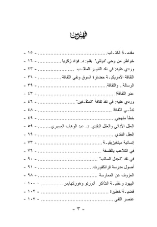 ‫‪‬‬
‫ﻤﻘ ‪‬ﻤـﺔ ﺍﻟﻜﺘـﺎﺏ ............................................ - ٥١ -‬
                                                               ‫ﺩ‬
‫ﺨﻭﺍﻁﺭ ﻤﻥ ﻭﺤﻲ "ﺩﻭﻟﻠﻲ" ﺒﻘﻠﻡ: ﺩ. ﻓﺅﺍﺩ ﺯﻜﺭﻴﺎ ............... - ٦١ -‬
‫ﻭﺭ ‪‬ﻱ ﻋﻠﻴﻪ: ﻓﻲ ﻨﻘﺩ ﺍﻟﺘﻨﻭﻴﺭ ﺍﻟﻤﻨ ﱠـﺏ ....................... - ٣٢ -‬
                                 ‫ﻘ‬                            ‫ﺩ‬
‫ﺍﻟﺜﻘﺎﻓﺔ ﺍﻷﻤﺭﻴﻜ‪‬ـﺔ ﺤﻀﺎﺭﺓ ﺍﻟﺴﻭﻕ ﻭﻨﻔﻲ ﺍﻟﺜﻘﺎﻓﺔ ............... - ٦٣ -‬
                                                  ‫ﻴ‬
‫ﺍﻟﺭﺴﺎﻟﺔ.. ﻭﺍﻟﺜﻘﺎﻓﺔ............................................ - ٩٣ -‬
‫ﻋﺩﻭ ﺍﻟﺜﻘﺎﻓﺔ! ................................................. - ٣٤ -‬
‫ﻭﺭ ‪‬ﻱ ﻋﻠﻴﻪ: ﻓﻲ ﻨﻘﺩ ﺜﻘﺎﻓﺔ "ﺍﻟﻤﺜ ﱠـﻔﻴﻥ" ........................ - ٦٤ -‬
                                     ‫ﻘ‬                           ‫ﺩ‬
‫ﺘﺩ ﱢـﻲ ﺍﻟﺜﻘﺎﻓﺔ ............................................... - ٨٤ -‬
                                                                 ‫ﻨ‬
‫ﺨﻁﺄ ﻤﻨﻬﺠﻲ................................................. - ٩٤ -‬
‫ﺍﻟﻌﻘل ﺍﻷﺩﺍﺘﻲ ﻭﺍﻟﻌﻘل ﺍﻟﻨﻘﺩﻱ ﺩ. ﻋﺒﺩ ﺍﻟﻭﻫﺎﺏ ﺍﻟﻤﺴﻴﺭﻱ ........ - ٩٥ -‬
‫ﺍﻟﻌﻘل ﺍﻟﻨﻘﺩﻱ ................................................. - ٩٦ -‬
‫ﺇﻨﺴﺎﻨ ‪‬ﺔ ﻤﻴﺘﺎﻓﻴﺯﻴﻘ ‪‬ـﺔ ......................................... - ٣٧ -‬
                                                   ‫ﻴ‬            ‫ﻴ‬
‫ﻓﻲ ﺍﻟﺘﻼﻋﺏ ﺒﺎﻟﻔﻠﺴﻔﺔ ........................................ - ٦٧ -‬
‫ﻓﻲ ﻨﻘﺩ "ﺍﻟﺠﺩل ﺍﻟﺴﺎﻟﺏ" ...................................... - ٠٩ -‬
‫ﺃﺼﻭل ﻤﺩﺭﺴﺔ ﻓﺭﺍﻨﻜﻔﻭﺭﺕ ................................... - ١٩ -‬
‫ﺍﻟﻌﺯﻭﻑ ﻋﻥ ﺍﻟﻤﻤﺎﺭﺴﺔ ...................................... - ٨٩ -‬
‫ﺍﻟﻴﻬﻭﺩ ﻭﻋﻘﻠ ‪‬ـﺔ ﺍﻟﺘﺫﺍﻜﺭ ﺃﺩﻭﺭﻨﻭ ﻭﻫﻭﺭﻜﻬﺎﻴﻤﺭ .............. - ٠٠١ -‬
                                                   ‫ﻴ‬
‫ﻗﻀ ‪‬ـﺔ ﺨﻁﻴﺭﺓ ........................................... - ٢٠١ -‬
                                                            ‫ﻴ‬
‫ﻋﻨﺼﺭ ﺍﻟﻨﻔﻲ .............................................. - ٧٠١ -‬

                               ‫-٣-‬
 