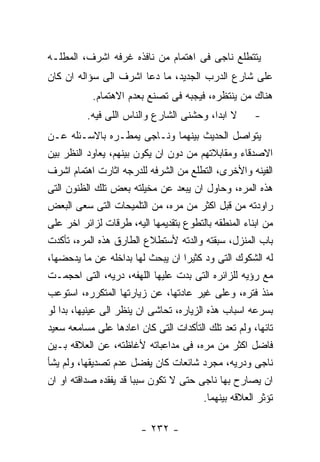 ‫ﻴﺘﺘﻁﻠﻊ ﻨﺎﺠﻰ ﻓﻰ ﺍﻫﺘﻤﺎﻡ ﻤﻥ ﻨﺎﻓﺫﻩ ﻏﺭﻓﻪ ﺍﺸﺭﻑ، ﺍﻟﻤﻁﻠـﻪ‬
‫ﻋﻠﻰ ﺸﺎﺭﻉ ﺍﻟﺩﺭﺏ ﺍﻟﺠﺩﻴﺩ، ﻤﺎ ﺩﻋﺎ ﺍﺸﺭﻑ ﺍﻟﻰ ﺴﺅﺍﻟﻪ ﺍﻥ ﻜﺎﻥ‬
           ‫ﻫﻨﺎﻙ ﻤﻥ ﻴﻨﺘﻅﺭﻩ، ﻓﻴﺠﺒﻪ ﻓﻰ ﺘﺼﻨﻊ ﺒﻌﺩﻡ ﺍﻻﻫﺘﻤﺎﻡ.‬
          ‫ﻻ ﺍﺒﺩﺍ، ﻭﺤﺸﻨﻰ ﺍﻟﺸﺎﺭﻉ ﻭﺍﻟﻨﺎﺱ ﺍﻟﻠﻰ ﻓﻴﻪ.‬        ‫-‬
‫ﻴﺘﻭﺍﺼل ﺍﻟﺤﺩﻴﺙ ﺒﻴﻨﻬﻤﺎ ﻭﻨـﺎﺠﻰ ﻴﻤﻁـﺭﻩ ﺒﺎﻻﺴـﺌﻠﻪ ﻋـﻥ‬
‫ﺍﻻﺼﺩﻗﺎﺀ ﻭﻤﻘﺎﺒﻼﺘﻬﻡ ﻤﻥ ﺩﻭﻥ ﺍﻥ ﻴﻜﻭﻥ ﺒﻴﻨﻬﻡ، ﻴﻌﺎﻭﺩ ﺍﻟﻨﻅﺭ ﺒﻴﻥ‬
‫ﺍﻟﻔﻴﻨﻪ ﻭﺍﻷﺨﺭﻯ، ﺍﻟﺘﻁﻠﻊ ﻤﻥ ﺍﻟﺸﺭﻓﻪ ﻟﻠﺩﺭﺠﻪ ﺍﺜﺎﺭﺕ ﺍﻫﺘﻤﺎﻡ ﺍﺸﺭﻑ‬
‫ﻫﺫﻩ ﺍﻟﻤﺭﻩ، ﻭﺤﺎﻭل ﺍﻥ ﻴﺒﻌﺩ ﻋﻥ ﻤﺨﻴﻠﺘﻪ ﺒﻌﺽ ﺘﻠﻙ ﺍﻟﻅﻨﻭﻥ ﺍﻟﺘﻰ‬
‫ﺭﺍﻭﺩﺘﻪ ﻤﻥ ﻗﺒل ﺍﻜﺜﺭ ﻤﻥ ﻤﺭﻩ، ﻤﻥ ﺍﻟﺘﻠﻤﻴﺤﺎﺕ ﺍﻟﺘﻰ ﺴﻌﻰ ﺍﻟﺒﻌﺽ‬
‫ﻤﻥ ﺍﺒﻨﺎﺀ ﺍﻟﻤﻨﻁﻘﻪ ﺒﺎﻟﺘﻁﻭﻉ ﺒﺘﻘﺩﻴﻤﻬﺎ ﺍﻟﻴﻪ، ﻁﺭﻗﺎﺕ ﻟﺯﺍﺌﺭ ﺍﺨﺭ ﻋﻠﻰ‬
‫ﺒﺎﺏ ﺍﻟﻤﻨﺯل، ﺴﺒﻘﺘﻪ ﻭﺍﻟﺩﺘﻪ ﻷﺴﺘﻁﻼﻉ ﺍﻟﻁﺎﺭﻕ ﻫﺫﻩ ﺍﻟﻤﺭﻩ، ﺘﺄﻜﺩﺕ‬
‫ﻟﻪ ﺍﻟﺸﻜﻭﻙ ﺍﻟﺘﻰ ﻭﺩ ﻜﺜﻴﺭﺍ ﺍﻥ ﻴﺒﺤﺙ ﻟﻬﺎ ﺒﺩﺍﺨﻠﻪ ﻋﻥ ﻤﺎ ﻴﺩﺤﻀﻬﺎ،‬
‫ﻤﻊ ﺭﺅﻴﻪ ﻟﻠﺯﺍﺌﺭﻩ ﺍﻟﺘﻰ ﺒﺩﺕ ﻋﻠﻴﻬﺎ ﺍﻟﻠﻬﻔﻪ، ﺩﺭﻴﻪ، ﺍﻟﺘﻰ ﺍﺤﺠﻤـﺕ‬
‫ﻤﻨﺫ ﻓﺘﺭﻩ، ﻭﻋﻠﻰ ﻏﻴﺭ ﻋﺎﺩﺘﻬﺎ، ﻋﻥ ﺯﻴﺎﺭﺘﻬﺎ ﺍﻟﻤﺘﻜﺭﺭﻩ، ﺍﺴﺘﻭﻋﺏ‬
‫ﺒﺴﺭﻋﻪ ﺍﺴﺒﺎﺏ ﻫﺫﻩ ﺍﻟﺯﻴﺎﺭﻩ، ﺘﺤﺎﺸﻰ ﺍﻥ ﻴﻨﻅﺭ ﺍﻟﻰ ﻋﻴﻨﻴﻬﺎ، ﺒﺩﺍ ﻟﻭ‬
‫ﺘﺎﺌﻬﺎ، ﻭﻟﻡ ﺘﻌﺩ ﺘﻠﻙ ﺍﻟﺘﺄﻜﺩﺍﺕ ﺍﻟﺘﻰ ﻜﺎﻥ ﺍﻋﺎﺩﻫﺎ ﻋﻠﻰ ﻤﺴﺎﻤﻌﻪ ﺴﻌﻴﺩ‬
‫ﻓﺎﻀل ﺍﻜﺜﺭ ﻤﻥ ﻤﺭﻩ، ﻓﻰ ﻤﺩﺍﻋﺒﺎﺘﻪ ﻷﻏﺎﻅﺘﻪ، ﻋﻥ ﺍﻟﻌﻼﻗﻪ ﺒـﻴﻥ‬
‫ﻨﺎﺠﻰ ﻭﺩﺭﻴﻪ، ﻤﺠﺭﺩ ﺸﺎﺌﻌﺎﺕ ﻜﺎﻥ ﻴﻔﻀل ﻋﺩﻡ ﺘﺼﺩﻴﻘﻬﺎ، ﻭﻟﻡ ﻴﺸﺄ‬
‫ﺍﻥ ﻴﺼﺎﺭﺡ ﺒﻬﺎ ﻨﺎﺠﻰ ﺤﺘﻰ ﻻ ﺘﻜﻭﻥ ﺴﺒﺒﺎ ﻗﺩ ﻴﻔﻘﺩﻩ ﺼﺩﺍﻗﺘﻪ ﺍﻭ ﺍﻥ‬
                                         ‫ﺘﺅﺜﺭ ﺍﻟﻌﻼﻗﻪ ﺒﻴﻨﻬﻤﺎ.‬

                        ‫- ٢٣٢ -‬
 