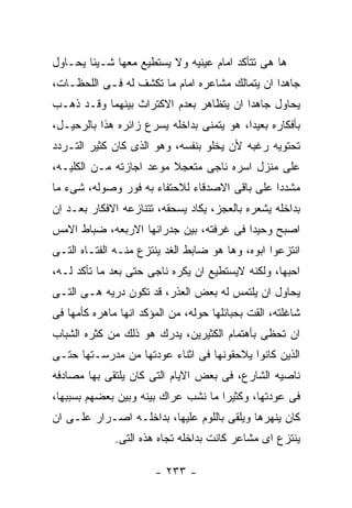 ‫ﻫﺎ ﻫﻰ ﺘﺘﺄﻜﺩ ﺍﻤﺎﻡ ﻋﻴﻨﻴﻪ ﻭﻻ ﻴﺴﺘﻁﻴﻊ ﻤﻌﻬﺎ ﺸـﻴﺌﺎ ﻴﺤـﺎﻭل‬
‫ﺠﺎﻫﺩﺍ ﺍﻥ ﻴﺘﻤﺎﻟﻙ ﻤﺸﺎﻋﺭﻩ ﺍﻤﺎﻡ ﻤﺎ ﺘﻜﺸﻑ ﻟﻪ ﻓـﻰ ﺍﻟﻠﺤﻅـﺎﺕ،‬
‫ﻴﺤﺎﻭل ﺠﺎﻫﺩﺍ ﺍﻥ ﻴﺘﻅﺎﻫﺭ ﺒﻌﺩﻡ ﺍﻻﻜﺘﺭﺍﺙ ﺒﻴﻨﻬﻤﺎ ﻭﻗـﺩ ﺫﻫـﺏ‬
‫ﺒﺄﻓﻜﺎﺭﻩ ﺒﻌﻴﺩﺍ، ﻫﻭ ﻴﺘﻤﻨﻰ ﺒﺩﺍﺨﻠﻪ ﻴﺴﺭﻉ ﺯﺍﺌﺭﻩ ﻫﺫﺍ ﺒﺎﻟﺭﺤﻴـل،‬
‫ﺘﺤﺘﻭﻴﻪ ﺭﻏﺒﻪ ﻷﻥ ﻴﺨﻠﻭ ﺒﻨﻔﺴﻪ، ﻭﻫﻭ ﺍﻟﺫﻯ ﻜﺎﻥ ﻜﺜﻴﺭ ﺍﻟﺘـﺭﺩﺩ‬
‫ﻋﻠﻰ ﻤﻨﺯل ﺍﺴﺭﻩ ﻨﺎﺠﻰ ﻤﺘﻌﺠﻼ ﻤﻭﻋﺩ ﺍﺠﺎﺯﺘﻪ ﻤـﻥ ﺍﻟﻜﻠﻴـﻪ،‬
‫ﻤﺸﺩﺩﺍ ﻋﻠﻰ ﺒﺎﻗﻰ ﺍﻻﺼﺩﻗﺎﺀ ﻟﻼﺤﺘﻔﺎﺀ ﺒﻪ ﻓﻭﺭ ﻭﺼﻭﻟﻪ، ﺸﻰﺀ ﻤﺎ‬
‫ﺒﺩﺍﺨﻠﻪ ﻴﺸﻌﺭﻩ ﺒﺎﻟﻌﺠﺯ، ﻴﻜﺎﺩ ﻴﺴﺤﻘﻪ، ﺘﺘﻨﺎﺯﻋﻪ ﺍﻻﻓﻜﺎﺭ ﺒﻌـﺩ ﺍﻥ‬
‫ﺍﺼﺒﺢ ﻭﺤﻴﺩﺍ ﻓﻰ ﻏﺭﻓﺘﻪ، ﺒﻴﻥ ﺠﺩﺭﺍﻨﻬﺎ ﺍﻻﺭﺒﻌﻪ، ﻀﺒﺎﻁ ﺍﻻﻤﺱ‬
‫ﺍﻨﺘﺯﻋﻭﺍ ﺍﺒﻭﻩ، ﻭﻫﺎ ﻫﻭ ﻀﺎﺒﻁ ﺍﻟﻐﺩ ﻴﻨﺘﺯﻉ ﻤﻨـﻪ ﺍﻟﻔﺘـﺎﻩ ﺍﻟﺘـﻰ‬
‫ﺍﺤﺒﻬﺎ، ﻭﻟﻜﻨﻪ ﻻﻴﺴﺘﻁﻴﻊ ﺍﻥ ﻴﻜﺭﻩ ﻨﺎﺠﻰ ﺤﺘﻰ ﺒﻌﺩ ﻤﺎ ﺘﺄﻜﺩ ﻟـﻪ،‬
‫ﻴﺤﺎﻭل ﺍﻥ ﻴﻠﺘﻤﺱ ﻟﻪ ﺒﻌﺽ ﺍﻟﻌﺫﺭ، ﻗﺩ ﺘﻜﻭﻥ ﺩﺭﻴﻪ ﻫـﻰ ﺍﻟﺘـﻰ‬
‫ﺸﺎﻏﻠﺘﻪ، ﺍﻟﻘﺕ ﺒﺤﺒﺎﺌﻠﻬﺎ ﺤﻭﻟﻪ، ﻤﻥ ﺍﻟﻤﺅﻜﺩ ﺍﻨﻬﺎ ﻤﺎﻫﺭﻩ ﻜﺄﻤﻬﺎ ﻓﻰ‬
‫ﺍﻥ ﺘﺤﻅﻰ ﺒﺄﻫﺘﻤﺎﻡ ﺍﻟﻜﺜﻴﺭﻴﻥ، ﻴﺩﺭﻙ ﻫﻭ ﺫﻟﻙ ﻤﻥ ﻜﺜﺭﻩ ﺍﻟﺸﺒﺎﺏ‬
‫ﺍﻟﺫﻴﻥ ﻜﺎﻨﻭﺍ ﻴﻼﺤﻘﻭﻨﻬﺎ ﻓﻰ ﺍﺜﻨﺎﺀ ﻋﻭﺩﺘﻬﺎ ﻤﻥ ﻤﺩﺭﺴـﺘﻬﺎ ﺤﺘـﻰ‬
‫ﻨﺎﺼﻴﻪ ﺍﻟﺸﺎﺭﻉ، ﻓﻰ ﺒﻌﺽ ﺍﻻﻴﺎﻡ ﺍﻟﺘﻰ ﻜﺎﻥ ﻴﻠﺘﻘﻰ ﺒﻬﺎ ﻤﺼﺎﺩﻓﻪ‬
‫ﻓﻰ ﻋﻭﺩﺘﻬﺎ، ﻭﻜﺜﻴﺭﺍ ﻤﺎ ﻨﺸﺏ ﻋﺭﺍﻙ ﺒﻴﻨﻪ ﻭﺒﻴﻥ ﺒﻌﻀﻬﻡ ﺒﺴﺒﺒﻬﺎ،‬
‫ﻜﺎﻥ ﻴﻨﻬﺭﻫﺎ ﻭﻴﻠﻘﻰ ﺒﺎﻟﻠﻭﻡ ﻋﻠﻴﻬﺎ، ﺒﺩﺍﺨﻠـﻪ ﺍﺼـﺭﺍﺭ ﻋﻠـﻰ ﺍﻥ‬
              ‫ﻴﻨﺘﺯﻉ ﺍﻯ ﻤﺸﺎﻋﺭ ﻜﺎﻨﺕ ﺒﺩﺍﺨﻠﻪ ﺘﺠﺎﻩ ﻫﺫﻩ ﺍﻟﺘﻰ.‬

                       ‫- ٣٣٢ -‬
 