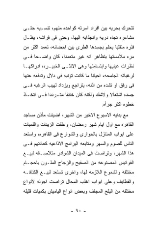 ‫ﺘﺘﺤﺭﻙ ﺒﺤﺭﻴﻪ ﺒﻴﻥ ﺍﻓﺭﺍﺩ ﺍﺴﺭﺘﻪ ﻜﻭﺍﺤﺩﻩ ﻤﻨﻬﻡ، ﺘﻨﺴـﻴﻪ ﺤﺘـﻰ‬
‫ﻤﺸﺎﻋﺭﻩ ﺘﺠﺎﻩ ﺩﺭﻴﻪ ﻭﺍﻨﺠﺫﺍﺒﻪ ﺍﻟﻴﻬﺎ، ﻭﺤﺘﻰ ﻓﻰ ﻓﺭﺍﺸﻪ، ﻴﻅـل‬
‫ﻓﺘﺭﻩ ﻤﺘﻘﻠﺒﺎ ﻴﺤﻠﻡ ﺒﺠﺴﺩﻫﺎ ﺍﻟﻁﺭﻯ ﺒﻴﻥ ﺍﺤﻀﺎﻨﻪ، ﺘﻌﻤﺩ ﺍﻜﺜﺭ ﻤﻥ‬
‫ﻤﺭﻩ ﻤﻼﻤﺴﺘﻬﺎ ﺒﺘﻅﺎﻫﺭ ﺍﻨﻪ ﻏﻴﺭ ﻤﺘﻌﻤﺩﺍ، ﻜﺎﻥ ﻭﺍﻀـﺤﺎ ﻓـﻰ‬
‫ﻨﻅﺭﺍﺕ ﻋﻴﻨﻴﻬﺎ ﻭﺍﺒﺘﺴﺎﻤﺘﻬﺎ ﻭﻫﻰ ﺍﻻﻨﺜـﻰ ﺍﻟﺨﺒﻴـﺭﻩ، ﺍﺩﺭﺍﻜﻬـﺎ‬
‫ﻟﺭﻏﺒﺎﺘﻪ ﺍﻟﺠﺎﻤﺤﻪ، ﺍﺤﻴﺎﻨﺎ ﻤﺎ ﻜﺎﻨﺕ ﺘﺅﻨﺒﻪ ﻓﻰ ﺩﻻل ﻭﺘﺩﻓﻌﻪ ﻋﻨﻬﺎ‬
‫ﻓﻰ ﺭﻓﻕ ﺍﻭ ﺘﺸﺩﻩ ﻤﻥ ﺍﺫﻨﻪ، ﻴﺘﺭﺍﺠﻊ ﻭﻴﺯﺩﺍﺩ ﻟﻬﻴﺏ ﺍﻟﺭﻏﺒﻪ ﻓـﻰ‬
‫ﺠﺴﺩﻩ ﺍﺸﺘﻌﺎﻻ ﻭﻻﺸﻙ ﻭﻟﻜﻨﻪ ﻜﺎﻥ ﺨﺎﺌﻔﺎ ﻤﺘـﺭﺩﺩﺍ ﻓـﻰ ﺍﺘﺨـﺎﺫ‬
                                       ‫ﺨﻁﻭﻩ ﺍﻜﺜﺭ ﺠﺭﺃﻩ.‬
‫ﻤﻊ ﺒﺩﺍﻴﻪ ﺍﻻﺴﺒﻭﻉ ﺍﻻﺨﻴﺭ ﻤﻥ ﺍﻟﺸﻬﺭ، ﺍﻀﻴﺌﺕ ﻤﺄﺫﻥ ﻤﺴﺎﺠﺩ‬
‫ﺍﻟﻘﺎﻫﺭﻩ ﻤﻊ ﺍﻭل ﺍﻴﺎﻡ ﺸﻬﺭ ﺭﻤﻀﺎﻥ، ﻭﻋﻠﻘﺕ ﺍﻟﺯﻴﻨﺎﺕ ﻭﺍﻟﻠﻤﺒﺎﺕ‬
‫ﻋﻠﻰ ﺍﺒﻭﺍﺏ ﺍﻟﻤﻨﺎﺯل ﺒﺎﻟﺤﻭﺍﺭﻯ ﻭﺍﻟﺸﻭﺍﺭﻉ ﻓﻰ ﺍﻟﻘﺎﻫﺭﻩ، ﻭﺍﺴﺘﻌﺩ‬
‫ﺍﻟﻨﺎﺱ ﻟﻠﺼﻭﻡ ﻭﺍﻟﺴﻬﺭ ﻭﻤﺘﺎﺒﻌﻪ ﺍﻟﺒﺭﺍﻤﺞ ﺍﻻﺫﺍﻋﻴﻪ ﻜﻌﺎﺩﺘﻬﻡ ﻓـﻰ‬
‫ﻫﺫﺍ ﺍﻟﺸﻬﺭ، ﻭﺘﺭﺍﺼﺕ ﻓﻰ ﺍﻟﻤﻴﺩﺍﻥ ﺍﻟﺸﻭﺍﺩﺭ ﻤﺘﻼﺼـﻘﻪ ﻟﺒﻴـﻊ‬
‫ﺍﻟﻔﻭﺍﻨﻴﺱ ﺍﻟﻤﺼﻨﻭﻋﻪ ﻤﻥ ﺍﻟﺼﻔﻴﺢ ﻭﺍﻟﺯﺠﺎﺝ ﺍﻟﻤﻠـﻭﻥ ﺒﺎﺤﺠـﺎﻡ‬
‫ﻤﺨﺘﻠﻔﻪ ﻭﺍﻟﺸﻤﻭﻉ ﺍﻟﻼﺯﻤﻪ ﻟﻬﺎ، ﻭﺍﺨﺭﻯ ﺘﺴﺘﻌﺩ ﻟﺒﻴـﻊ ﺍﻟﻜﻨﺎﻓـﻪ‬
‫ﻭﺍﻟﻘﻁﺎﻴﻑ ﻭﻋﻠﻰ ﺍﺒﻭﺍﺏ ﺍﻏﻠﺏ ﺍﻟﻤﺤﺎل ﺘﺭﺍﺼﺕ ﺍﺠﻭﻟﻪ ﻷﻨﻭﺍﻉ‬
‫ﻤﺨﺘﻠﻔﻪ ﻤﻥ ﺍﻟﺒﻠﺢ ﺍﻟﻤﺠﻔﻑ ﻭﺒﻌﺽ ﺍﻨﻭﺍﻉ ﺍﻟﻴﺎﻤﻴﺵ ﺒﻜﻤﻴﺎﺕ ﻗﻠﻴﻠﻪ‬


                        ‫- ٠٩ -‬
 