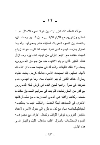 ‫- ٢١ -‬
‫ﺤﺭﻜﻪ ﻨﺸﻁﻪ ﺘﻠﻙ ﺍﻟﺘﻰ ﺩﺒﺕ ﺒﻴﻥ ﺍﻓﺭﺍﺩ ﺍﺴﺭﻩ ﺍﻻﺴﺘﺎﺯ ﻋﺒـﺩ‬
‫ﺍﻟﻌﻅﻴﻡ ﻭﺯﺍﺌﺭﻴﻬﻡ ﻤﻊ ﺍﻻﻴﺎﻡ ﺍﻻﻭﻟـﻰ ﻤـﻥ ﺸـﻬﺭ ﺭﻤﻀـﺎﻥ،‬
‫ﻭﺨﺎﺼﻪ ﺒﻴﻥ ﺍﻟﻨﺴﻭﻩ ﺍﻟﻤﻘﺭﺒﺎﺕ ﻟﺴﻜﻴﻨﻪ ﻫﺎﻨﻡ ﻭﻤﻌﺎﺭﻓﻬﺎ، ﻭﻟﻡ ﻴﻌﺩ‬
‫ﺍﻟﻤﻨﺯل ﻴﻌﺭﻑ ﺍﻟﻬﺩﻭﺀ ﺍﻟﺫﻯ ﺘﻌﻭﺩ ﻋﻠﻴﻪ، ﻓﻘﺩ ﺍﻗﺭﺏ ﻤﻭﻋﺩ ﺯﻭﺍﺝ‬
‫ﺸﻘﻴﻘﺘﻪ ﻋﻔﺎﻑ ﻤﻊ ﺍﻻﻴﺎﻡ ﺍﻻﻭﻟﻰ ﻤﻥ ﻨﻬﺎﻴﻪ ﺍﻟﺸـﻬﺭ، ﻭﻤـﺎﺯﺍل‬
‫ﻫﻨﺎﻙ ﺍﻟﻜﺜﻴﺭ ﺍﻟﺫﻯ ﻟﻡ ﻴﺘﻡ ﺍﻻﻨﺘﻬﺎﺀ ﻤﻨﻪ ﻤﻥ ﺠﻬـﺎﺯ ﺍﻟﻌـﺭﻭﺱ،‬
‫ﻴﺴﻌﺩﻩ ﻭﻻ ﺸﻙ ﺘﻜﻠﻴﻔﺎﺕ ﻭﺍﻟﺩﻩ ﻟﻪ ﻓﻰ ﻤﺘﺎﺒﻌﻪ ﺼـﻨﺎﻉ ﺍﻻﺜـﺎﺙ‬
‫ﻷﻨﻬﺎﺀ ﻋﻤﻠﻬﻡ، ﻓﻘﺩ ﺍﺼﺒﺤﺕ ﺍﻻﺴﺭﻩ ﺘﻌﺎﻤﻠﻪ ﻜﺭﺠل ﻴﻌﺘﻤﺩ ﻋﻠﻴﻪ،‬
‫ﻭﻤﺎﺯﺍل ﻫﻨﺎﻙ ﺍﻟﻜﺜﻴﺭ ﻟﻡ ﻴﺘﻡ ﺍﻻﻨﺘﻬﺎﺀ ﻤﻨﻪ، ﻭﻤﺎ ﺘﻡ ﺍﻨﻬﺎﺀﻭﻩ ﺘـﻡ‬
‫ﺘﺨﺯﻴﻨﻪ ﻓﻰ ﻤﻨﺯل ﺯﺍﻫﻴﻪ ﻟﺤﻴﻥ ﺍﻟﺒﺩﺀ ﻓﻰ ﻓﺭﺵ ﺸﻘﻪ ﺍﻟﻌـﺭﻭﺱ‬
‫ﻤﻊ ﻗﺩﺭ ﻤﻥ ﺍﻟﻤﻔﺭﻭﺸﺎﺕ، ﻓﻠﻡ ﻴﻌﺩ ﻓﻰ ﻤﻨﺯﻟﻬﻡ ﺍﻟﻀـﻴﻕ ﻤﻜﺎﻨـﺎ‬
‫ﻤﺘﺴﻌﺎ، ﻭﻜﺎﻨﺕ ﺯﺍﻫﻴﻪ ﻫﻰ ﺍﻟﺘـﻰ ﺍﺼـﺭﺕ ﻤـﻊ ﻤﺸـﺎﺭﻜﺎﺘﻬﺎ‬
‫ﺍﻻﺨﺭﻯ ﻓﻰ ﺍﻟﻤﺴﺎﻋﺩﻩ ﻟﻬﺫﺍ ﺍﻟﺤﺩﺙ، ﻭﺍﻨﺘﻘﻠﺕ ﺍﻨﻴﺴـﻪ ﺒﻤﺎﻜﻴﻨـﻪ‬
‫ﺍﻟﺨﻴﺎﻁﻬﺎﻟﺨﺎﺼﻪ ﺒﻬﺎ، ﻤﻊ ﻜل ﻤﺎ ﻴﻠﺯﻡ ﺍﻟﻰ ﻤﻨﺯل ﺍﻻﺴﺭﻩ ﻻﻋﺩﺍﺩ‬
‫ﻤﻼﺒﺱ ﺍﻟﻌﺭﻭﺱ، ﺘﻭﻓﻴﺭﺍ ﻟﻠﻭﻗﺕ ﻭﻟﺘﺒﺎﺩل ﺍﻻﺭﺍﺀ ﻤﻊ ﻤﺠﻤﻭﻋـﻪ‬
‫ﺍﻟﻨﺴﻭﻩ ﺍﻟﻤﺤﺘﺸﺩﺍﺕ ﺒﺎﻟﻤﻨﺯل ﺍﻏﻠﺏ ﺴﺎﻋﺎﺕ ﺍﻟﻠﻴل ﻭﺍﻟﻨﻬﺎﺭ ﻓـﻰ‬
                                               ‫ﻫﺫﻩ ﺍﻻﻴﺎﻡ.‬

                        ‫- ٣٩ -‬
 