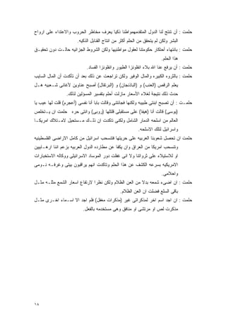 ‫ﺤﻠﻤﺕ : ﺃﻥ ﺘﻨﺘﺞ ﻟﻨﺎ ﺍﻟﺩﻭل ﺍﻟﻤﺘﻘﺩﻤﻬﻤﻭﺍﻁﻨﺎ ﺫﻜﻴﺎ ﻴﻌﺭﻑ ﻤﺨﺎﻁﺭ ﺍﻟﺤﺭﻭﺏ ﻭﺍﻻﻋﺘﺩﺍﺀ ﻋﻠﻰ ﺍﺭﻭﺍﺡ‬
                       ‫ﺍﻟﺒﺸﺭ ﻭﻟﻜﻥ ﻟﻡ ﻴﺘﺤﻘﻕ ﻤﻥ ﺍﻟﺤﻠﻡ ﺃﻜﺜﺭ ﻤﻥ ﺍﻨﺘﺎﺝ ﺍﻟﻘﻨﺎﺒل ﺍﻟﺫﻜﻴﻪ.‬
‫ﺤﻠﻤﺕ : ﺒﺎﻨﺘﻬﺎﺀ ﺃﺤﺘﻜﺎﺭ ﺤﻜﻭﻤﺘﻨﺎ ﻟﻌﻘﻭل ﻤﻭﺍﻁﻨﻴﻬﺎ ﻭﻟﻜﻥ ﺍﻟﺸﺭﻭﻁ ﺍﻟﺠﺯﺍﺌﻴﻪ ﺤﺎﻟـﺕ ﺩﻭﻥ ﺘﺤﻘﻴـﻕ‬
                                                                       ‫ﻫﺫﺍ ﺍﻟﺤﻠﻡ.‬
                            ‫ﺤﻠﻤﺕ : ﺃﻥ ﻴﺭﻓﻊ ﻋﻨﺎ ﺍﷲ ﺒﻼﺀ ﺍﻨﻔﻠﻭﻨﺯﺍ ﺍﻟﻁﻴﻭﺭ ﻭﺍﻨﻔﻠﻭﻨﺯﺍ ﺍﻟﻔﺴﺎﺩ.‬
‫ﺤﻠﻤﺕ : ﺒﺎﻟﺜﺭﻭﻩ ﺍﻟﻜﺒﻴﺭﻩ ﻭﺍﻟﻤﺎل ﺍﻟﻭﻓﻴﺭ ﻭﻟﻜﻥ ﺘﺭﺍﺠﻌﺕ ﻋﻥ ﺫﻟﻙ ﺒﻌﺩ ﺃﻥ ﺘﺄﻜﺩﺕ ﺃﻥ ﺍﻟﻤﺎل ﺍﻟﺴﺎﻴﺏ‬
‫ﻴﻌﻠﻡ ﺍﻟﺭﻗﺹ )ﺍﻟﻌﻨﺏ( ﻭ )ﺍﻟﺒﺎﺫﻨﺠﺎﻥ( ﻭ )ﺍﻟﺒﺭﺘﻘﺎل( ﺃﺼﺒﺢ ﻋﻨﺎﻭﻴﻥ ﻷﻏﺎﻨﻰ ﺸـﻌﺒﻴﻪ ﻫـل‬
                 ‫ﺤﺩﺙ ﺫﻟﻙ ﻨﺘﻴﺠﺔ ﻟﻐﻼﺀ ﺍﻷﺴﻌﺎﺭ ﻤﺎﺯﻟﺕ ﺃﺤﻠﻡ ﺒﺘﻔﺴﻴﺭ ﺍﻟﻤﺴﺅﻟﻴﻥ ﻟﺫﻟﻙ.‬
‫ﺤﻠﻤـﺕ : ﺃﻥ ﺘﺼﺒﺢ ﺍﺒﻨﺘﻰ ﻁﺒﻴﺒﻪ ﻭﻟﻜﻨﻬﺎ ﻓﺠﺎﺌﺘﻨﻰ ﻭﻗﺎﻟﺕ ﺒﺎﺒﺎ ﺃﻨﺎ ﻨﻔﺴﻰ )ﺃﻋﺠﺭﻡ( ﻗﻠﺕ ﻟﻬﺎ ﻋﻴﺏ ﻴﺎ‬
‫)ﺒﻭﺴﻰ( ﻗﺎﻟﺕ ﺃﻨﺎ )ﻫﻴﻔﺎ( ﻋﻠﻰ ﻤﺴﺘﻘﺒﻠﻰ ﻗﻠﺘﻠﻬﺎ )ﺭﻭﺒﻰ( ﻭﺍﻨﺘﻰ ﺤﺭﻩ ﺤﻠﻤﺕ ﺍﻥ ﻴـﺘﺨﻠﺹ‬
‫ﺍﻟﻌﺎﻟﻡ ﻤﻥ ﺍﺴﻠﺤﻪ ﺍﻟﺩﻤﺎﺭ ﺍﻟﺸﺎﻤل ﻭﻟﻜﻨﻰ ﺘﺎﻜﺩﺕ ﺍﻥ ﺫﻟـﻙ ﻤـﺴﺘﺤﻴل ﻻﻤـﺘﻼﻙ ﺍﻤﺭﻴﻜـﺎ‬
                                                          ‫ﻭﺍﺴﺭﺍﺌﻴل ﻟﺘﻠﻙ ﺍﻻﺴﻠﺤﻪ.‬
‫ﺤﻠﻤﺕ ﺍﻥ ﺘﺤﺼل ﺸﻌﻭﺒﻨﺎ ﺍﻟﻌﺭﺒﻴﻪ ﻋﻠﻰ ﺤﺭﻴﺘﻬﺎ ﻓﺘﻨﺴﺤﺏ ﺍﺴﺭﺍﺌﻴل ﻤﻥ ﻜﺎﻤل ﺍﻻﺭﺍﻀﻰ ﺍﻟﻔﻠﺴﻁﻴﻨﻴﻪ‬
‫ﻭﺘﻨﺴﺤﺏ ﺍﻤﺭﻴﻜﺎ ﻤﻥ ﺍﻟﻌﺭﺍﻕ ﻭﺍﻥ ﻴﻜﻔﺎ ﻋﻥ ﻤﻁﺎﺭﺩﻩ ﺍﻟﺩﻭل ﺍﻟﻌﺭﺒﻴﻪ ﺒﺯﻋﻡ ﺍﻨﻨﺎ ﺍﺭﻫـﺎﺒﻴﻴﻥ‬
‫ﺍﻭ ﻟﻼﺴﺘﻴﻼﺀ ﻋﻠﻰ ﺜﺭﻭﺍﺘﻨﺎ ﻭﻻ ﺍﻨﻰ ﻏﻔﻠﺕ ﺩﻭﺭ ﺍﻟﻤﻭﺴﺎﺩ ﺍﻻﺴﺭﺍﺌﻴﻠﻰ ﻭﻭﻜﺎﻟﻪ ﺍﻻﺴﺘﺨﺒﺎﺭﺍﺕ‬
‫ﺍﻻﻤﺭﻴﻜﻴﻪ ﺒﺴﺭﻋﻪ ﺍﻟﻜﺸﻑ ﻋﻥ ﻫﺫﺍ ﺍﻟﺤﻠﻡ ﻭﺘﺎﻜﺩﺕ ﺍﻨﻬﻡ ﻴﺭﺍﻗﺒﻭﻥ ﺒﻴﺘﻰ ﻭﻏﺭﻓـﻪ ﻨـﻭﻤﻰ‬
                                                                       ‫ﻭﺍﺤﻼﻤﻰ.‬
‫ﺤﻠﻤﺕ : ﺍﻥ ﺍﻀﻰﺀ ﺸﻤﻌﻪ ﺒﺩﻻ ﻤﻥ ﺍﻟﻌﻥ ﺍﻟﻅﻼﻡ ﻭﻟﻜﻥ ﻨﻅﺭﺍ ﻻﺭﺘﻔﺎﻉ ﺍﺴﻌﺎﺭ ﺍﻟﺸﻤﻊ ﻤﺜﻠـﻪ ﻤﺜـل‬
                                               ‫ﺒﺎﻗﻰ ﺍﻟﺴﻠﻊ ﻓﻀﻠﺕ ﺍﻥ ﺍﻟﻌﻥ ﺍﻟﻅﻼﻡ.‬
‫ﺤﻠﻤﺕ : ﺍﻥ ﺍﺠﺩ ﺍﺴﻡ ﺍﺨﺭ ﻟﻤﺫﻜﺭﺍﺘﻰ ﻏﻴﺭ )ﻤﺫﻜﺭﺍﺕ ﻤﻐﻔل( ﻓﻠﻡ ﺍﺠﺩ ﺍﻻ ﺍﺴـﻤﺎﺀ ﺍﺨـﺭﻯ ﻤﺜـل‬
                          ‫ﻤﺫﻜﺭﺕ ﻟﺹ ﺍﻭ ﻤﺭﺘﺸﻰ ﺍﻭ ﻤﻨﺎﻓﻕ ﻭﻫﻰ ﻤﺴﺘﺨﺩﻤﻪ ﺒﺎﻟﻔﻌل.‬




‫٨١‬
 