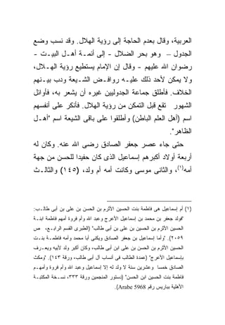 ‫ﺍﻟﻌﺭﺒﻴﺔ، ﻭﻗﺎل ﺒﻌﺩﻡ ﺍﻟﺤﺎﺠﺔ ﺇﻟﻰ ﺭﺅﻴﺔ ﺍﻟﻬﻼل. ﻭﻗﺩ ﻨﺴﺏ ﻭﻀﻊ‬
‫ﺍﻟﺠﺩﻭل – ﻭﻫﻭ ﺒﺤﺭ ﺍﻟﻀﻼل - ﺇﻟﻰ ﺃﺌﻤـﺔ ﺃﻫـل ﺍﻟﺒﻴـﺕ -‬
‫ﺭﻀﻭﺍﻥ ﺍﷲ ﻋﻠﻴﻬﻡ - ﻭﻗﺎل ﺇﻥ ﺍﻹﻤﺎﻡ ﻴﺴﺘﻁﻴﻊ ﺭﺅﻴﺔ ﺍﻟﻬـﻼل،‬
‫ﻭﻻ ﻴﻤﻜﻥ ﻷﺤﺩ ﺫﻟﻙ ﻋﻠﻴـﻪ ﺭﻭﺍﻓـﺽ ﺍﻟﺸـﻴﻌﺔ ﻭﺩﺏ ﺒﻴـﻨﻬﻡ‬
‫ﺍﻟﺨﻼﻑ. ﻓﺄﻁﻠﻕ ﺠﻤﺎﻋﺔ ﺍﻟﺠﺩﻭﻟﻴﻴﻥ ﻏﻴﺭﻩ ﺃﻥ ﻴﺸﻌﺭ ﺒﻪ، ﻓﺄﻭﺍﺌل‬
‫ﺍﻟﺸﻬﻭﺭ ﺘﻘﻊ ﻗﺒل ﺍﻟﺘﻤﻜﻥ ﻤﻥ ﺭﺅﻴﺔ ﺍﻟﻬﻼل. ﻓﺄﻨﻜﺭ ﻋﻠﻰ ﺃﻨﻔﺴﻬﻡ‬
‫ﺍﺴﻡ )ﺃﻫل ﺍﻟﻌﻠﻡ ﺍﻟﺒﺎﻁﻥ( ﻭﺃﻁﻠﻘﻭﺍ ﻋﻠﻰ ﺒﺎﻗﻰ ﺍﻟﺸﻴﻌﺔ ﺍﺴﻡ "ﺃﻫـل‬
                                                              ‫ﺍﻟﻅﺎﻫﺭ".‬
‫ﺤﺘﻰ ﺠﺎﺀ ﻋﺼﺭ ﺠﻌﻔﺭ ﺍﻟﺼﺎﺩﻕ ﺭﻀﻰ ﺍﷲ ﻋﻨﻪ. ﻭﻜﺎﻥ ﻟﻪ‬
‫ﺃﺭﺒﻌﺔ ﺃﻭﻻﺩ ﺃﻜﺒﺭﻫﻡ ﺇﺴﻤﺎﻋﻴل ﺍﻟﺫﻯ ﻜﺎﻥ ﺤﻔﻴ ‪‬ﺍ ﻟﻠﺤﺴﻥ ﻤﻥ ﺠﻬﺔ‬
              ‫ﺩ‬
‫ﺃﻤﻪ)١(، ﻭﺍﻟﺜﺎﻨﻰ ﻤﻭﺴﻰ ﻭﻜﺎﻨﺕ ﺃﻤﻪ ﺃﻡ ﻭﻟﺩ، )٥٤١( ﻭﺍﻟﺜﺎﻟـﺙ‬



‫)١( ﺃﻡ ﺇﺴﻤﺎﻋﻴل ﻫﻰ ﻓﺎﻁﻤﺔ ﺒﻨﺕ ﺍﻟﺤﺴﻴﻥ ﺍﻷﺜﺭﻡ ﺒﻥ ﺍﻟﺤﺴﻥ ﺒﻥ ﻋﻠﻰ ﺒﻥ ﺃﺒﻰ ﻁﺎﻟـﺏ:‬
‫"ﻓﻭﻟﺩ ﺠﻌﻔﺭ ﺒﻥ ﻤﺤﻤﺩ ﺒﻥ ﺇﺴﻤﺎﻋﻴل ﺍﻷﻋﺭﺝ ﻭﻋﺒﺩ ﺍﷲ ﻭﺃﻡ ﻓﺭﻭﺓ ﺃﻤﻬﻡ ﻓﺎﻁﻤﺔ ﺍﺒﻨـﺔ‬
‫ﺍﻟﺤﺴﻴﻥ ﺍﻷﺜﺭﻡ ﺒﻥ ﺍﻟﺤﺴﻴﻥ ﺒﻥ ﻋﻠﻰ ﺒﻥ ﺃﺒﻰ ﻁﺎﻟﺏ" )ﺍﻟﻁﺒﺭﻯ ﺍﻟﻘﺴﻡ ﺍﻟﺭﺍﺒـﻊ، ﺹ‬
‫٩٥٠٢(. "ﻭﺃﻤﺎ ﺇﺴﻤﺎﻋﻴل ﺒﻥ ﺠﻌﻔﺭ ﺍﻟﺼﺎﺩﻕ ﻭﻴﻜﻨﻰ ﺃﺒﺎ ﻤﺤﻤﺩ ﻭﺃﻤﻪ ﻓﺎﻁﻤـﺔ ﺒﻨـﺕ‬
‫ﺍﻟﺤﺴﻴﻥ ﺍﻷﺜﺭﻡ ﺒﻥ ﺍﻟﺤﺴﻥ ﺒﻥ ﻋﻠﻰ ﺍﺒﻥ ﺃﺒﻰ ﻁﺎﻟﺏ، ﻭﻜﺎﻥ ﺃﻜﺒﺭ ﻭﻟﺩ ﻷﺒﻴﻪ ﻭﻴﻌـﺭﻑ‬
‫ﺒﺈﺴﻤﺎﻋﻴل ﺍﻷﻋﺭﺝ" )ﻋﻤﺩﺓ ﺍﻟﻁﺎﻟﺏ ﻓﻰ ﺃﻨﺴﺎﺏ ﺁل ﺃﺒﻰ ﻁﺎﻟﺏ، ﻭﺭﻗﺔ ٣٤١(. "ﻭﻤﻜﺙ‬
‫ﺍﻟﺼﺎﺩﻕ ﺨﻤ ‪‬ﺎ ﻭﻋﺸﺭﻴﻥ ﺴﻨﺔ ﻻ ﻭﻟﺩ ﻟﻪ ﺇﻻ ﺇﺴﻤﺎﻋﻴل ﻭﻋﺒﺩ ﺍﷲ ﻭﺃﻡ ﻓﺭﻭﺓ ﻭﺃﻤﻬـﻡ‬
                                                        ‫ﺴ‬
‫ﻓﺎﻁﻤﺔ ﺒﻨﺕ ﺍﻟﺤﺴﻴﻥ ﺍﺒﻥ ﺍﻟﺤﺴﻥ" )ﺩﺴﺘﻭﺭ ﺍﻟﻤﻨﺠﻤﻴﻥ ﻭﺭﻗﺔ ٣٣٣، ﻨﺴـﺨﺔ ﺍﻟﻤﻜﺘﺒـﺔ‬
                                     ‫ﺍﻷﻫﻠﻴﺔ ﺒﺒﺎﺭﻴﺱ ﺭﻗﻡ 8695 ‪.(Arabe‬‬
 