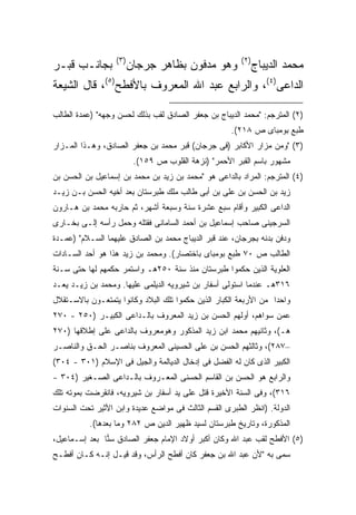 ‫) ٣(‬                                  ‫) ٢(‬
‫ﺒﺠﺎﻨـﺏ ﻗﺒـﺭ‬              ‫ﻭﻫﻭ ﻤﺩﻓﻭﻥ ﺒﻅﺎﻫﺭ ﺠﺭﺠﺎﻥ‬                 ‫ﻤﺤﻤﺩ ﺍﻟﺩﻴﺒﺎﺝ‬
‫ﺍﻟﺩﺍﻋﻰ)٤(، ﻭﺍﻟﺭﺍﺒﻊ ﻋﺒﺩ ﺍﷲ ﺍﻟﻤﻌﺭﻭﻑ ﺒﺎﻷﻓﻁﺢ)٥(، ﻗﺎل ﺍﻟﺸﻴﻌﺔ‬

‫)٢( ﺍﻟﻤﺘﺭﺠﻡ: "ﻤﺤﻤﺩ ﺍﻟﺩﻴﺒﺎﺝ ﺒﻥ ﺠﻌﻔﺭ ﺍﻟﺼﺎﺩﻕ ﻟﻘﺏ ﺒﺫﻟﻙ ﻟﺤﺴﻥ ﻭﺠﻬﻪ" )ﻋﻤﺩﺓ ﺍﻟﻁﺎﻟﺏ‬
                                                     ‫ﻁﺒﻊ ﺒﻭﻤﺒﺎﻯ ﺹ ٨١٢(.‬
‫)٣( "ﻭﻤﻥ ﻤﺯﺍﺭ ﺍﻷﻜﺎﺒﺭ )ﻓﻰ ﺠﺭﺠﺎﻥ( ﻗﺒﺭ ﻤﺤﻤﺩ ﺒﻥ ﺠﻌﻔﺭ ﺍﻟﺼﺎﺩﻕ، ﻭﻫـﺫﺍ ﺍﻟﻤـﺯﺍﺭ‬
                          ‫ﻤﺸﻬﻭﺭ ﺒﺎﺴﻡ ﺍﻟﻘﺒﺭ ﺍﻷﺤﻤﺭ" )ﻨﺯﻫﺔ ﺍﻟﻘﻠﻭﺏ ﺹ ٩٥١(.‬
‫)٤( ﺍﻟﻤﺘﺭﺠﻡ: ﺍﻟﻤﺭﺍﺩ ﺒﺎﻟﺩﺍﻋﻰ ﻫﻭ "ﻤﺤﻤﺩ ﺒﻥ ﺯﻴﺩ ﺒﻥ ﻤﺤﻤﺩ ﺒﻥ ﺇﺴﻤﺎﻋﻴل ﺒﻥ ﺍﻟﺤﺴﻥ ﺒﻥ‬
‫ﺯﻴﺩ ﺒﻥ ﺍﻟﺤﺴﻥ ﺒﻥ ﻋﻠﻰ ﺒﻥ ﺃﺒﻰ ﻁﺎﻟﺏ ﻤﻠﻙ ﻁﺒﺭﺴﺘﺎﻥ ﺒﻌﺩ ﺃﺨﻴﻪ ﺍﻟﺤﺴﻥ ﺒـﻥ ﺯﻴـﺩ‬
‫ﺍﻟﺩﺍﻋﻰ ﺍﻟﻜﺒﻴﺭ ﻭﺃﻗﺎﻡ ﺴﺒﻊ ﻋﺸﺭﺓ ﺴﻨﺔ ﻭﺴﺒﻌﺔ ﺃﺸﻬﺭ، ﺜﻡ ﺤﺎﺭﺒﻪ ﻤﺤﻤﺩ ﺒﻥ ﻫـﺎﺭﻭﻥ‬
‫ﺍﻟﺴﺭﺠﻴﻨﻰ ﺼﺎﺤﺏ ﺇﺴﻤﺎﻋﻴل ﺒﻥ ﺃﺤﻤﺩ ﺍﻟﺴﺎﻤﺎﻨﻰ ﻓﻘﺘﻠﻪ ﻭﺤﻤل ﺭﺃﺴﻪ ﺇﻟـﻰ ﺒﺨـﺎﺭﻯ‬
‫ﻭﺩﻓﻥ ﺒﺩﻨﻪ ﺒﺠﺭﺠﺎﻥ، ﻋﻨﺩ ﻗﺒﺭ ﺍﻟﺩﻴﺒﺎﺝ ﻤﺤﻤﺩ ﺒﻥ ﺍﻟﺼﺎﺩﻕ ﻋﻠﻴﻬﻤﺎ ﺍﻟﺴـﻼﻡ" )ﻋﻤـﺩﺓ‬
‫ﺍﻟﻁﺎﻟﺏ ﺹ ٠٧ ﻁﺒﻊ ﺒﻭﻤﺒﺎﻯ ﺒﺎﺨﺘﺼﺎﺭ(. ﻭﻤﺤﻤﺩ ﺒﻥ ﺯﻴﺩ ﻫﺫﺍ ﻫﻭ ﺃﺤﺩ ﺍﻟﺴـﺎﺩﺍﺕ‬
‫ﺍﻟﻌﻠﻭﻴﺔ ﺍﻟﺫﻴﻥ ﺤﻜﻤﻭﺍ ﻁﺒﺭﺴﺘﺎﻥ ﻤﻨﺫ ﺴﻨﺔ ٠٥٢ﻫـ ﻭﺍﺴﺘﻤﺭ ﺤﻜﻤﻬﻡ ﻟﻬﺎ ﺤﺘﻰ ﺴـﻨﺔ‬
‫٦١٣ﻫـ ﻋﻨﺩﻤﺎ ﺍﺴﺘﻭﻟﻰ ﺃﺴﻔﺎﺭ ﺒﻥ ﺸﻴﺭﻭﻴﻪ ﺍﻟﺩﻴﻠﻤﻰ ﻋﻠﻴﻬﺎ. ﻭﻤﺤﻤﺩ ﺒﻥ ﺯﻴـﺩ ﻴﻌـﺩ‬
‫ﻭﺍﺤ ‪‬ﺍ ﻤﻥ ﺍﻷﺭﺒﻌﺔ ﺍﻟﻜﺒﺎﺭ ﺍﻟﺫﻴﻥ ﺤﻜﻤﻭﺍ ﺘﻠﻙ ﺍﻟﺒﻼﺩ ﻭﻜﺎﻨﻭﺍ ﻴﺘﻤﺘﻌـﻭﻥ ﺒﺎﻻﺴـﺘﻘﻼل‬
                                                                  ‫ﺩ‬
‫ﻋﻤﻥ ﺴﻭﺍﻫﻡ، ﺃﻭﻟﻬﻡ ﺍﻟﺤﺴﻥ ﺒﻥ ﺯﻴﺩ ﺍﻟﻤﻌﺭﻭﻑ ﺒﺎﻟـﺩﺍﻋﻰ ﺍﻟﻜﺒﻴـﺭ )٠٥٢ - ٠٧٢‬
‫ﻫـ(، ﻭﺜﺎﻨﻴﻬﻡ ﻤﺤﻤﺩ ﺍﺒﻥ ﺯﻴﺩ ﺍﻟﻤﺫﻜﻭﺭ ﻭﻫﻭﻤﻌﺭﻭﻑ ﺒﺎﻟﺩﺍﻋﻰ ﻋﻠﻰ ﺇﻁﻼﻗﻬﺎ )٠٧٢‬
‫–٧٨٢(، ﻭﺜﺎﻟﺜﻬﻡ ﺍﻟﺤﺴﻥ ﺒﻥ ﻋﻠﻰ ﺍﻟﺤﺴﻴﻨﻰ ﺍﻟﻤﻌﺭﻭﻑ ﺒﻨﺎﺼـﺭ ﺍﻟﺤـﻕ ﻭﺍﻟﻨﺎﺼـﺭ‬
‫ﺍﻟﻜﺒﻴﺭ ﺍﻟﺫﻯ ﻜﺎﻥ ﻟﻪ ﺍﻟﻔﻀل ﻓﻰ ﺇﺩﺨﺎل ﺍﻟﺩﻴﺎﻟﻤﺔ ﻭﺍﻟﺠﻴل ﻓﻰ ﺍﻹﺴﻼﻡ )١٠٣ - ٤٠٣(‬
‫ﻭﺍﻟﺭﺍﺒﻊ ﻫﻭ ﺍﻟﺤﺴﻥ ﺒﻥ ﺍﻟﻘﺎﺴﻡ ﺍﻟﺤﺴﻨﻰ ﺍﻟﻤﻌـﺭﻭﻑ ﺒﺎﻟـﺩﺍﻋﻰ ﺍﻟﺼـﻐﻴﺭ )٤٠٣ -‬
‫٦١٣(، ﻭﻓﻰ ﺍﻟﺴﻨﺔ ﺍﻷﺨﻴﺭﺓ ﻗﺘل ﻋﻠﻰ ﻴﺩ ﺃﺴﻔﺎﺭ ﺒﻥ ﺸﻴﺭﻭﻴﻪ، ﻓﺎﻨﻘﺭﻀﺕ ﺒﻤﻭﺘﻪ ﺘﻠﻙ‬
‫ﺍﻟﺩﻭﻟﺔ. )ﺍﻨﻅﺭ ﺍﻟﻁﺒﺭﻯ ﺍﻟﻘﺴﻡ ﺍﻟﺜﺎﻟﺙ ﻓﻰ ﻤﻭﺍﻀﻊ ﻋﺩﻴﺩﺓ ﻭﺍﺒﻥ ﺍﻷﺜﻴﺭ ﺘﺤﺕ ﺍﻟﺴﻨﻭﺍﺕ‬
           ‫ﺍﻟﻤﺫﻜﻭﺭﺓ، ﻭﺘﺎﺭﻴﺦ ﻁﺒﺭﺴﺘﺎﻥ ﻟﺴﻴﺩ ﻅﻬﻴﺭ ﺍﻟﺩﻴﻥ ﺹ ٢٨٢ ﻭﻤﺎ ﺒﻌﺩﻫﺎ(.‬
‫)٥( ﺍﻷﻓﻁﺢ ﻟﻘﺏ ﻋﺒﺩ ﺍﷲ ﻭﻜﺎﻥ ﺃﻜﺒﺭ ﺃﻭﻻﺩ ﺍﻹﻤﺎﻡ ﺠﻌﻔﺭ ﺍﻟﺼﺎﺩﻕ ﺴ ‪‬ﺎ ﺒﻌﺩ ﺇﺴـﻤﺎﻋﻴل،‬
               ‫ﻨ‬
‫ﺴﻤﻰ ﺒﻪ "ﻷﻥ ﻋﺒﺩ ﺍﷲ ﺒﻥ ﺠﻌﻔﺭ ﻜﺎﻥ ﺃﻓﻁﺢ ﺍﻟﺭﺃﺱ، ﻭﻗﺩ ﻗﻴـل ﺇﻨـﻪ ﻜـﺎﻥ ﺃﻓﻁـﺢ‬
 