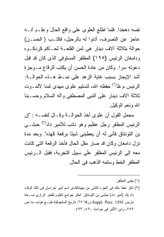 ‫ﻨﻔﺴﻪ ﺩﻫﺨﺩﺍ. ﻓﻠﻤﺎ ﺍﻁﻠﻊ ﺍﻟﻌﻠﻭﻯ ﻋﻠﻰ ﻭﺍﻗﻊ ﺍﻟﺤﺎل ﻭﻋﻠـﻡ ﺃﻨـﻪ‬
‫ﻋﺎﺤﺯ ﻋﻥ ﺍﻟﺘﺼﺭﻑ، ﺃﺫﻨﻭﺍ ﻟﻪ ﺒﺎﻟﺭﺤﻴل، ﻓﻜﺘـﺏ ) ﺍﻟﺤﺴـﻥ(‬
‫ﺤﻭﺍﻟﺔ ﺒﺜﻼﺜﺔ ﺁﻻﻑ ﺩﻴﻨﺎﺭ ﻫﻰ ﺜﻤﻥ ﺍﻟﻘﻠﻌـﺔ ﻟﺤـﺎﻜﻡ ﻜﺭﺩﻜـﻭﻩ‬
‫ﻭﺩﺍﻤﻐﺎﻥ ﺍﻟﺭﺌﻴﺱ )٥٩١( ﺍﻟﻤﻅﻔﺭ ﺍﻟﻤﺴﺘﻭﻓﻰ ﺍﻟﺫﻯ ﻜﺎﻥ ﻗﺩ ﻗﺒل‬
‫ﺩﻋﻭﺘﻪ ﺴ ‪‬ﺍ. ﻭﻜﺎﻥ ﻤﻥ ﻋﺎﺩﺓ ﺍﻟﺤﺴﻥ ﺃﻥ ﻴﻜﺘﺏ ﺍﻟﺭﻗﺎﻉ ﻤـﻭﺠﺯﺓ‬
                                           ‫ﺭ‬
‫ﺃﺸﺩ ﺍﻹﻴﺠﺎﺯ ﺒﺴﺒﺏ ﻏﺎﻴﺔ ﺍﻟﺯﻫﺩ ﻋﻠﻰ ﻨﻤـﻁ ﻫـﺫﻩ ﺍﻟﺤﻭﺍﻟـﺔ:‬
                                                         ‫) ١(‬
‫ﺤﻔﻅﻪ ﺍﷲ، ﻟﺘﺴﻠﻴﻡ ﻋﻠﻭﻯ ﻤﻬﺩﻯ ﺜﻤ ﹰﺎ ﻷﻟﻤـﻭﺕ‬
        ‫ﻨ‬                                                       ‫ﺍﻟﺭﺌﻴﺱ ﻡ ﻅ‬
‫ﺜﻼﺜﺔ ﺁﻻﻑ ﺩﻴﻨﺎﺭ ﻋﻠﻰ ﺍﻟﻨﺒﻰ ﺍﻟﻤﺼﻁﻔﻰ ﻭﺁﻟﻪ ﺍﻟﺴﻼﻡ ﻭﺤﺴـﺒﻨﺎ‬
                                                       ‫ﺍﷲ ﻭﻨﻌﻡ ﺍﻟﻭﻜﻴل.‬
‫ﻤﺠﻤل ﺍﻟﻘﻭل ﺃﻥ ﻋﻠﻭﻯ ﺃﺨﺫ ﺍﻟﺤﻭﺍﻟـﺔ ﻭﻗـﺎل ﻟﻨﻔﺴـﻪ : "ﺇﻥ‬
           ‫) ٢(‬
‫ﺤﺒﺸـﻰ‬             ‫ﺍﻟﺭﺌﻴﺱ ﺍﻟﻤﻅﻔﺭ ﺭﺠل ﻋﻅﻴﻡ ﻭﻫﻭ ﻨﺎﺌﺏ ﻟﻸﻤﻴﺭ ﺩﺍﺩ‬
‫ﺒﻥ ﺍﻟﺘﻭﻨﺘﺎﻕ ﻓﺄﻨﻰ ﻟﻪ ﺃﻥ ﻴﻌﻁﻴﻨﻰ ﺸﻴ ًﺎ ﺒﺭﻗﻌﺔ ﻜﻬﺫﻩ". ﻭﺒﻌﺩ ﻤﺩﺓ‬
                       ‫ﺌ‬
‫ﻨﺯل ﺩﺍﻤﻐﺎﻥ ﻭﻜﺎﻥ ﻗﺩ ﺼﺎﺭ ﻤﻘل ﺍﻟﺤﺎل ﻓﺄﺨﺫ ﺍﻟﺭﻗﻌﺔ ﺍﻟﺘﻰ ﻜﺎﻨﺕ‬
‫ﻤﻌﻪ ﺇﻟﻰ ﺍﻟﺭﺌﻴﺱ ﺍﻟﻤﻅﻔﺭ ﻋﻠﻰ ﺴﺒﻴل ﺍﻟﺘﺠﺭﺒﺔ، ﻓﻘﺒل ﺍﻟـﺭﺌﻴﺱ‬
                            ‫ﺍﻟﻤﻅﻔﺭ ﺍﻟﺨﻁ ﻭﺴﻠﻤﻪ ﺍﻟﺫﻫﺏ ﻓﻰ ﺍﻟﺤﺎل.‬

                                                           ‫)١( ﻴﻌﻨﻰ ﺍﻟﻤﻅﻔﺭ.‬
‫)٢( ﺫﻜﺭ ﻋﻁﺎ ﻤﻠﻙ ﻓﻰ ﺍﻟﺠﺯﺀ ﺍﻟﺜﺎﻨﻰ ﻤﻥ ﺠﻬﺎﻨﻜﺸﺎﻯ ﺍﺴﻡ ﺃﻤﻴﺭ ﺨﺭﺍﺴﺎﻥ ﻓﻰ ﺫﻟﻙ ﺍﻟﻭﻗﺕ‬
‫ﺩﺍﺩ ﺒﻙ )ﺃﻤﻴﺭ ﺩﺍﺩ( ﺤﺒﺸﻰ ﺒﻥ ﺍﻟﺘﻭﻨﺘﺎﻕ. ﺍﻨﻅﺭ ﺠﻭﺍﻤﻊ ﺍﻟﻌﻠﻭﻡ ﻟﻠﻔﺨﺭ ﺍﻟﺭﺍﺯﻯ ﻨﺴـﺨﺔ‬
‫ﺒﺎﺭﻴﺱ 5951 .‪ Suppl. Pers‬ﻭﺭﻗﺔ ٧٦، ﺘﺎﺭﻴﺦ ﺍﻟﺴﻠﺠﻭﻗﻴﺔ ﻁﺒـﻊ ﻫﻭﺘﺴـﻤﺎ ﺹ‬
                                ‫٩٥٢، ﻭﺍﺒﻥ ﺍﻷﺜﻴﺭ ﻓﻰ ﺤﻭﺍﺩﺙ ٠٩٤، ٣٩٤.‬
 