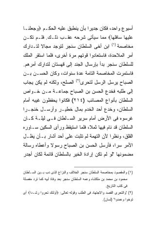 ‫ﺃﺴﺒﻭﻉ ﻭﺍﺤﺩ، ﻓﻜﺎﻥ ﺠﺩﻴ ‪‬ﺍ ﺒﺄﻥ ﻴﻨﻁﺒﻕ ﻋﻠﻴﻪ ﺍﻟﺤﻜـﻡ ‪‬ﻭﺠﻌﻠﻨـﺎ‬
                                ‫ﺭ‬
‫ﻋﻠﻴﻬﺎ ﺴﺎﻓﻠﻬﺎ‪ ‬ﻤﻤﺎ ﺴﻴﺄﺘﻰ ﺸﺭﺤﻪ ﻋﻘـﺏ ﺫﻟـﻙ. ﻓﻠـﻡ ﺘﻜـﻥ‬
                                                          ‫) ١(‬
‫ﺍﺒﻥ ﺃﺨﻰ ﺍﻟﺴﻠﻁﺎﻥ ﺴﻨﺠﺭ ﻟﺘﻭﺠﺩ ﻤﺠﺎﻻ ﻟﺘـﺩﺍﺭﻙ‬                          ‫ﻤﺨﺎﺼﻤﺔ‬
‫ﺃﻤﺭ ﺍﻟﻤﻼﺤﺩﺓ، ﻓﺎﺴﺘﻌﺎﺩﻭﺍ ﻗﻭﺘﻬﻡ ﻤﺭﺓ ﺃﺨﺭﻯ، ﻓﻠﻤﺎ ﺍﺴﺘﻘﺭ ﺍﻟﻤﻠﻙ‬
‫ﻟﻠﺴﻠﻁﺎﻥ ﺴﻨﺠﺭ ﺒﺩﺃ ﺒﺈﺭﺴﺎل ﺍﻟﺠﻨﺩ ﺇﻟﻰ ﻗﻬﺴﺘﺎﻥ ﻟﺘﺩﺍﺭﻙ ﺃﻤﺭﻫﻡ.‬
‫ﻓﺎﺴﺘﻤﺭﺕ ﺍﻟﻤﺨﺎﺼﻤﺔ ﺍﻟﺘﺎﻤﺔ ﻋﺩﺓ ﺴﻨﻭﺍﺕ، ﻭﻜﺎﻥ ﺍﻟﺤﺴـﻥ ﺒـﻥ‬
                                   ‫) ٢(‬
‫ﺍﻟﺼﻠﺢ، ﻭﻟﻜﻨﻪ ﻟﻡ ﻴﻜﻥ ﻴﺠﺎﺏ‬                  ‫ﺍﻟﺼﺒﺎﺡ ﻴﺭﺴل ﺍﻟﺭﺴل ﻟﺘﺤﺭﻯ‬
‫ﺇﻟﻰ ﻁﻠﺒﻪ ﻓﺨﺩﻉ ﺍﻟﺤﺴﻥ ﺒﻥ ﺍﻟﺼﺒﺎﺡ ﺠﻤﺎﻋـﺔ ﻤـﻥ ﺨـﻭﺍﺹ‬
‫ﺍﻟﺴﻠﻁﺎﻥ ﺒﺄﻨﻭﺍﻉ ﺍﻟﻤﺼﺎﺌﺏ )٤١٢( ﻓﻜﺎﻨﻭﺍ ﻴﺤﻔﻅﻭﻥ ﻏﻴﺒﻪ ﺃﻤﺎﻡ‬
‫ﺍﻟﺴﻠﻁﺎﻥ، ﻭﺨﺩﻉ ﺃﺤﺩ ﺍﻟﺨﺩﻡ ﺒﻤﺎل ﺨﻁﻴـﺭ ﻭﺃﺭﺴـل ﺨﻨﺠـ ‪‬ﺍ‬
 ‫ﺭ‬
‫ﻏﺭﺴﻭﻩ ﻓﻰ ﺍﻷﺭﺽ ﺃﻤﺎﻡ ﺴﺭﻴﺭ ﺍﻟﺴـﻠﻁﺎﻥ ﻓـﻰ ﻟﻴﻠـﺔ ﻜـﺎﻥ‬
‫ﺍﻟﺴﻠﻁﺎﻥ ﻗﺩ ﻨﺎﻡ ﻓﻴﻬﺎ ﺜﻤﻼ، ﻓﻠﻤﺎ ﺍﺴﺘﻴﻘﻅ ﻭﺭﺃﻯ ﺍﻟﺴﻜﻴﻥ ﺴـﺎﻭﺭﻩ‬
‫ﺍﻟﻘﻠﻕ، ﻭﻨﻅ ‪‬ﺍ ﻷﻥ ﺍﻟﺘﻬﻤﺔ ﻟﻡ ﺘﺜﺒﺕ ﻋﻠﻰ ﺃﺤﺩ ﺃﺸﺎﺭ ﺒـﺄﻥ ﻴﻅـل‬
                                          ‫ﺭ‬
‫ﺍﻷﻤﺭ ﺴ ‪‬ﺍ، ﻓﺄﺭﺴل ﺍﻟﺤﺴﻥ ﺒﻥ ﺍﻟﺼﺒﺎﺡ ﺭﺴﻭﻻ ﻭﺃﻋﻁﺎﻩ ﺭﺴﺎﻟﺔ‬
                                          ‫ﺭ‬
‫ﻤﻀﻤﻭﻨﻬﺎ "ﻟﻭ ﻟﻡ ﺘﻜﻥ ﺇﺭﺍﺩﺓ ﺍﻟﺨﻴﺭ ﺒﺎﻟﺴﻠﻁﺎﻥ ﻗﺎﺌﻤﺔ ﻟﻜﺎﻥ ﺃﺠﺩﺭ‬


‫)١( ﻭﺍﻟﻤﻘﺼﻭﺩ ﺒﻤﺨﺎﺼﻤﺔ ﺍﻟﺴﻠﻁﺎﻥ ﺴﻨﺠﺭ ﺍﻟﺨﻼﻑ ﻭﺍﻟﻨﺯﺍﻉ ﺍﻟﺫﻯ ﺩﺏ ﺒـﻴﻥ ﺍﻟﺴـﻠﻁﺎﻥ‬
‫ﻤﺤﻤﻭﺩ ﺒﻥ ﻤﺤﻤﺩ ﺒﻥ ﻤﻠﻜﺸﺎﻩ ﻭﻋﻤﻪ ﺍﻟﺴﻠﻁﺎﻥ ﺴﻨﺠﺭ ﺒﻌﺩ ﻭﻓﺎﺓ ﺃﺒﻴﻪ ﻜﻤﺎ ﺘﺭﺩ ﻤﻔﺼﻠﺔ‬
                                                      ‫ﻓﻰ ﻜﺘﺏ ﺍﻟﺘﺎﺭﻴﺦ.‬
‫)٢( "ﻭﺍﻟﺘﺤﺭﻯ ﺍﻟﻘﺼﺩ ﻭﺍﻻﺠﺘﻬﺎﺩ ﻓﻰ ﺍﻟﻁﻠﺏ ﻭﻗﻭﻟﻪ ﺘﻌﺎﻟﻰ: ‪‬ﺃﻭﻟﺌﻙ ﺘﺤﺭﻭﺍ ﺭﺸـ ‪‬ﺍ‪ ‬ﺃﻯ‬
     ‫ﺩ‬
                                                    ‫ﺘﻭﺨﻭﺍ ﻭﻋﻤﺩﻭﺍ" )ﻟﺴﺎﻥ(.‬
 