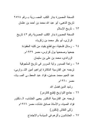 ‫ﺍﻟﻨﺴﺨﺔ ﺍﻟﻤﺼﻭﺭﺓ ﺒﺩﺍﺭ ﺍﻟﻜﺘﺏ ﺍﻟﻤﺼـﺭﻴﺔ ﺒـﺭﻗﻡ ٨٧٥٢‬
   ‫ﺘﺎﺭﻴﺦ ﺍﻟﺫﻫﺒﻰ، ﺃﺒﻭ ﻋﺒﺩ ﺍﷲ ﻤﺤﻤﺩ ﺒﻥ ﺃﺤﻤﺩ ﺒﻥ ﻋﺜﻤﺎﻥ‬
                                   ‫٣٦ - ﺘﺎﺭﻴﺦ ﺍﻹﺴﻼﻡ‬
  ‫ﺍﻟﻨﺴﺨﺔ ﺍﻟﻤﺼﻭﺭﺓ ﺒﺩﺍﺭ ﺍﻟﻜﺘﺏ ﺍﻟﻤﺼﺭﻴﺔ ﺭﻗﻡ ٢٤ ﺘﺎﺭﻴﺦ‬
                  ‫ﺍﻟﺭﺍﺯﻯ، ﺃﺒﻭ ﺒﻜﺭ ﻤﺤﻤﺩ ﺒﻥ ﺯﻜﺭﻴﺎﺀ‬
      ‫٤٦ - ﺭﺴﺎﺌل ﻓﻠﺴﻔﻴﺔ، ﻤﻊ ﻗﻁﻊ ﺒﻘﻴﺕ ﻤﻥ ﻜﺘﺒﻪ ﺍﻟﻤﻔﻘﻭﺩﺓ‬
        ‫ﺠﻤﻌﻬﺎ ﻭﺼﺤﺤﻬﺎ ﺒﻭل ﻜﺭﺍﻭﺱ، ﻤﺼﺭ ٩٣٩١ﻡ.‬
                ‫ﺍﻟﺭﻭﺍﻨﺩﻯ، ﻤﺤﻤﺩ ﺒﻥ ﻋﻠﻰ ﺒﻥ ﺴﻠﻴﻤﺎﻥ‬
     ‫٥٦ - ﺭﺍﺤﺔ ﺍﻟﺼﺩﻭﺭ ﻭﺁﻴﺔ ﺍﻟﺴﺭﻭﺭ ﻓﻰ ﺘﺎﺭﻴﺦ ﺍﻟﺴﻠﺠﻭﻗﻴﺔ‬
‫ﺘﺭﺠﻤﻪ ﻋﻥ ﺍﻟﻔﺎﺭﺴﻴﺔ ﺍﻟﺩﻜﺎﺘﺭﺓ ﺇﺒﺭﺍﻫﻴﻡ ﺃﻤﻴﻥ ﺍﻟﺸـﻭﺍﺭﺒﻰ،‬
‫ﻋﺒﺩ ﺍﻟﻨﻌﻴﻡ ﻤﺤﻤﺩ ﺤﺴﻨﻴﻥ، ﻓﺅﺍﺩ ﻋﺒﺩ ﺍﻟﻤﻌﻁـﻰ ﺍﻟﺼـﻴﺎﺩ،‬
                                    ‫ﻤﺼﺭ ٠٦٩١ﻡ.‬
                              ‫ﺭﺸﻴﺩ ﺍﻟﺩﻴﻥ ﻓﻀل ﺍﷲ‬
                     ‫٦٦ - ﺠﺎﻤﻊ ﺍﻟﺘﻭﺍﺭﻴﺦ )ﻁﺒﻊ ﻜﺎﺘﺭﻤﺭ(‬
‫ﺘﺭﺠﻤﻪ ﻋﻥ ﺍﻟﻔﺎﺭﺴﻴﺔ ﺍﻟﺩﻜﺘﻭﺭ ﻴﺤﻴﻰ ﺍﻟﺨﺸﺎﺏ، ﺍﻟـﺩﻜﺘﻭﺭ‬
    ‫ﻓﺅﺍﺩ ﺍﻟﺼﻴﺎﺩ، ﻭﺍﻷﺴﺘﺎﺫ ﺼﺎﺩﻕ ﻨﺸﺄﺕ، ﻤﺼﺭ ٦٦٩١ﻡ‬
                             ‫ﺯﻜﻰ ﺍﻟﻨﻘﺎﺵ )ﺩﻜﺘﻭﺭ(‬
           ‫٧٦ - ﺍﻟﺤﺸﺎﺸﻭﻥ ﻭﺃﺜﺭﻫﻡ ﻓﻰ ﺍﻟﺴﻴﺎﺴﺔ ﻭﺍﻻﺠﺘﻤﺎﻉ‬
 