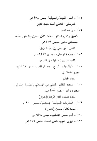 ‫٤٠١ - ﺃﺼل ﺍﻟﺸﻴﻌﺔ ﻭﺃﺼﻭﻟﻬﺎ، ﻤﺼﺭ ٨٥٩١ﻡ.‬
                 ‫ﺍﻟﻜﺭﻤﺎﻨﻰ، ﺍﻟﺩﺍﻋﻰ ﺃﺤﻤﺩ ﺤﻤﻴﺩ ﺍﻟﺩﻴﻥ‬
                                    ‫٥٠١ - ﺭﺍﺤﺔ ﺍﻟﻌﻘل‬
‫ﺘﺤﻘﻴﻕ ﻭﺘﻘﺩﻴﻡ ﺍﻟﺩﻜﺘﻭﺭ ﻤﺤﻤﺩ ﻜﺎﻤل ﺤﺴﻴﻥ ﻭﺍﻟﺩﻜﺘﻭﺭ ﻤﺤﻤﺩ‬
                    ‫ﻤﺼﻁﻔﻰ ﺤﻠﻤﻰ، ﻤﺼﺭ ٢٥٩١ﻡ.‬
                   ‫ﺍﻟﻜﺸﻰ، ﺃﺒﻭ ﻋﻤﺭ ﺒﻥ ﻋﺒﺩ ﺍﻟﻌﺯﻴﺯ‬
               ‫٦٠١ - ﻤﻌﺭﻓﺔ ﺍﻟﺭﺠﺎل، ﺒﻭﻤﺒﺎﻯ ٧١٣١ﻫـ.‬
                   ‫ﺍﻟﻜﻤﻴﺕ، ﺍﺒﻥ ﺯﻴﺩ ﺍﻷﺴﺩﻯ ﺍﻟﺸﺎﻋﺭ‬
‫٧٠١ - ﺍﻟﻬﺎﺸﻤﻴﺎﺕ، ﺸﺭﺡ ﻤﺤﻤﺩ ﺍﻟﺭﺍﻓﻌﻰ، ﻤﺼﺭ ٢١٩١ﻡ، ،‬
                                     ‫ﻤﺼﺭ ٥٥٩١ﻡ.‬
                                      ‫ﻤﺤﻤﺩ ﺇﻗﺒﺎل‬
‫٨٠١ - ﺘﺠﺩﻴﺩ ﺍﻟﺘﻔﻜﻴﺭ ﺍﻟﺩﻴﻨﻰ ﻓﻰ ﺍﻹﺴﻼﻡ. ﺘﺭﺠﻤـﺔ ﻋﺒـﺎﺱ‬
                       ‫ﻤﺤﻤﻭﺩ ﻭﺁﺨﺭ، ﻤﺼﺭ ٥٥٩١ﻡ.‬
                  ‫ﻤﺤﻤﺩ ﻀﻴﺎﺀ ﺍﻟﺩﻴﻥ ﺍﻟﺭﻴﺱ)ﺩﻜﺘﻭﺭ(‬
     ‫٩٠١ - ﺍﻟﻨﻅﺭﻴﺎﺕ ﺍﻟﺴﻴﺎﺴﻴﺔ ﺍﻹﺴﻼﻤﻴﺔ، ﻤﺼﺭ ٠٦٩١ﻡ.‬
                        ‫ﻤﺤﻤﺩ ﻜﺎﻤل ﺤﺴﻴﻥ )ﺩﻜﺘﻭﺭ(‬
             ‫٠١١ - ﺃﺩﺏ ﻤﺼﺭ ﺍﻟﻔﺎﻁﻤﻴﺔ، ﻤﺼﺭ ٨٥٩١ﻡ.‬
        ‫١١١ - ﺩﻴﻭﺍﻥ ﺍﻟﻤﺅﻴﺩ ﺩﺍﻋﻰ ﺍﻟﺩﻋﺎﺓ، ﻤﺼﺭ ٩٤٩١ﻡ.‬
 