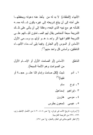 ‫ﺍﻷﻨﺒﻴﺎﺀ )ﺍﻟﻨﻁﻘﺎﺀ( ﻻ ﺒﺩ ﻟﻪ ﻤﻥ ﻴﺄﺨﺫ ﻋﻨﻪ ﺩﻋﻭﺘﻪ ﻭﻴﺤﻔﻅﻬـﺎ‬
‫ﻋﻠﻰ ﺃﻤﺘﻪ ﺇﻟﻰ ﺃﻥ ﻴﺒﻠﻎ ﺸﺭﻴﻌﺘﻪ ﺇﻟﻰ ﻏﻴﺭﻩ ﻴﻜﻭﻥ ﺸـﺄﻨﻪ ﻤﻌـﻪ‬
‫ﻜﺸﺄﻨﻪ ﻫﻭ ﻤﻊ ﻨﺒﻴﻪ ﺍﻟﺫﻯ ﺍﺘﺒﻌﻪ، ﻭﻫﻜﺫﺍ ﺇﻟﻰ ﺃﻥ ﻴﺄﺘﻰ ﻋﻠﻰ ﺘﻠـﻙ‬
‫ﺍﻟﺸﺭﻴﻌﺔ ﺴﺒﻌﺔ ﺃﺸﺨﺎﺹ ﻴﻘﺎل ﻟﻬﻡ ﺍﻟﺼـﺎﻤﺘﻭﻥ ﻟﺜﺒـﺎﺘﻬﻡ ﻋﻠـﻰ‬
‫ﺍﻟﺸﺭﻴﻌﺔ ﺍﻗﺘﻔﻭﺍ ﻓﻴﻬﺎ ﺃﺜﺭ ﻭﺍﺤـﺩ ﻫـﻭ ﺃﻭﻟﻬـﻡ، ﻭﺴـﻤﻰ ﺍﻷﻭل‬
‫ﺍﻷﺴﺎﺱ ﺃﻭ ﺍﻟﺴﻭﺱ )ﺃﻯ ﺍﻟﺠﺫﺭ(. ﻭﻓﻴﻤﺎ ﻴﻠﻰ ﺃﺴـﻤﺎﺀ ﺍﻷﻨﺒﻴـﺎﺀ‬
                          ‫ﺍﻟﻨﺎﻁﻘﻴﻥ، ﻭﺃﺴﺎﺱ ﻜل ﻭﺍﺤﺩ ﻤﻨﻬﻡ)١(:‬


‫ﺍﻷﺴﺎﺱ )ﺃﻭ ﺍﻟﺼﺎﻤﺕ ﺍﻷﻭل ﺃﻭ ﺍﻹﻤـﺎﻡ ﺍﻷﻭل‬                         ‫ﺍﻟﻨﺎﻁﻕ‬
             ‫ﻤﻥ ﺍﻟﺼﻭﺍﻤﺕ ﻭﻫﻡ ﺍﻷﺌﻤﺔ ﺍﻟﺴﺒﻌﺔ(.‬
‫ﺸﻴﺙ )ﻟﻜل ﺼﺎﻤﺕ ﻭﺇﻤﺎﻡ ﺍﺜﻨﺎ ﻋﺸـﺭ ﺤﺠـﺔ ﺃﻭ‬                        ‫١ـ ﺁﺩﻡ‬
                                          ‫) ٢(‬
                                                 ‫ﻨﻘﻴ ‪‬ﺎ(‬
                                                   ‫ﺒ‬
                                                   ‫ﺴﺎﻡ‬      ‫٢ـ ﻨﻭﺡ‬
                                         ‫٣ -ﺇﺒﺭﺍﻫﻴﻡ ﺇﺴﻤﺎﻋﻴل‬
                                           ‫ﻫﺎﺭﻭﻥ‬           ‫٤ـ ﻤﻭﺴﻰ‬
                                  ‫ﺸﻤﻌﻭﻥ ﺒﻁﺭﺱ‬               ‫٥ـ ﻋﻴﺴﻰ‬

‫)١( ﺒﺭﺍﻭﻥ، ﺘﺎﺭﻴﺦ ﺍﻷﺩﺏ ﻓﻰ ﺇﻴﺭﺍﻥ، ﺝ١ ﺹ ٨٠٤– ٩٠٤ ﻤﻥ ﺍﻷﺼل ﺍﻹﻨﺠﻠﻴـﺯﻯ،‬
                                      ‫٦٩٥ –٧٩٥ ﻤﻥ ﺍﻟﺘﺭﺠﻤﺔ ﺍﻟﻔﺎﺭﺴﻴﺔ.‬
                     ‫)٢( ﺍﻨﻅﺭ ﺍﻟﺸﻬﺭﺴﺘﺎﻨﻰ ﻓﻰ ﺍﻟﻤﻠل ﻭﺍﻟﻨﺤل، ﺝ١ ﺹ ٥٢٤.‬
 