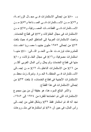 ‫ﺒـ ٠٨٪ ﻤﻥ ﺇﺠﻤﺎﻟﻰ ﺍﻻﺴﺘﺜﻤﺎﺭﺍﺕ ﻓـﻰ ﻤﺠـﺎل ﺍﻟﺯﺭﺍﻋـﺔ،‬
‫ـﻨﺎﻋﺔ ﻭ٢٥٪ ـﻥ‬
 ‫ﻤـ‬         ‫ـﺘﺜﻤﺎﺭﺍﺕ ـﻰ ﺍﻟﺼـ‬
                  ‫ﻓـ‬       ‫ﻭ٢٧٪ ـﻥ ﺍﻻﺴـ‬
                                 ‫ﻤـ‬
‫ﺍﻻﺴ ـﺘﺜﻤﺎﺭﺍﺕ ﻓ ـﻰ ﺍﻟﻘﻁﺎﻋ ـﺎﺕ ﺍﻟﻤﺼ ـﺭﻓﻴﺔ، ﻭ٥٧٪ ﻤ ـﻥ‬
 ‫ـ‬             ‫ـ‬        ‫ـ‬         ‫ـ‬          ‫ـ‬
‫ﺍﻻﺴﺘﺜﻤﺎﺭﺍﺕ ﻓﻰ ﻤﺠﺎل ﺍﻟﻤﻘﺎﻭﻻﺕ ﻭ٧٥٪ ﻓﻰ ﻗﻁﺎﻉ ﺍﻟﺨﺩﻤﺎﺕ.‬
‫ﻭﺫﻫﺒﺕ ﺍﻻﺴﺘﺜﻤﺎﺭﺍﺕ ﺍﻟﻌﺭﺒﻴﺔ ﺇﻟﻰ ﺍﻟﻤﻨﺎﻁﻕ ﺍﻟﺤﺭﺓ، ﺤﻴﺙ ﺒﻠﻐﺕ‬
‫٢٧٪ ﻤﻥ ﺇﺠﻤﺎﻟﻰ ٢٥٩١ ﻤﻠﻴﻭﻥ ﺠﻨﻴﻬـﺎ ﻤﺼـﺭﻴﺎ ﺍﻋﺘﻤـﺩﺕ‬
        ‫ﹰ‬      ‫ﹰ‬
‫ﻟﻠﻤﺸﺭﻭﻋﺎﺕ ﺘﻭﺯﻋـﺕ ﻋﻠـﻰ ﺍﻟﻨﺤـﻭ ﺍﻟﺘـﺎﻟﻰ: ٠٤٪ ﻤﻨﻬـﺎ‬
‫ﺍﺴﺘﺜﻤﺎﺭﺍﺕ ﻤﺼﺭﻓﻴﺔ، ﻭ٦١٪ ﻓﻰ ﻤﺠﺎل ﺍﻟﻤﻘـﺎﻭﻻﺕ، ﻭ٠١٪‬
‫ﻤﻨﻬﺎ ﻓﻰ ﻗﻁﺎﻉ ﺍﻟﺨﺩﻤﺎﺕ ﻭﻟﻡ ﻴﻤﺜل ﺭﺃﺱ ﺍﻟﻤﺎل ﺍﻟﻐﺭﺒﻰ ﺃﻜﺜـﺭ‬
‫ﻤﻥ ٦١٪ ﻤﻥ ﺍﻻﺴﺘﺜﻤﺎﺭﺍﺕ ﺍﻟﺩﺍﺨﻠﻴـﺔ، ٢١٪ ﻤـﻥ ﺇﺠﻤـﺎﻟﻰ‬
‫ﺍﻻﺴـﺘﺜﻤﺎﺭﺍﺕ ﻓـﻰ ﺍﻟﻤﻨﻁﻘـﺔ ﺍﻟﺤـﺭﺓ. ﻭﺘﻤﺭﻜـﺯﺕ ﻤﻌﻅـﻡ‬
 ‫ـ‬      ‫ـ‬         ‫ـ‬     ‫ـ‬        ‫ـ‬
‫ﺍﻻﺴﺘﺜﻤﺎﺭﺍﺕ ﺍﻷﺠﻨﺒﻴﺔ ﻓﻰ ﻗﻁﺎﻉ ﺍﻟﺨﺩﻤﺎﺕ، ﺇﺫ ﺒﻠﻐﺕ ٣٣٪ ﻤﻥ‬
                     ‫ﺇﺠﻤﺎﻟﻰ ﺍﻻﺴﺘﺜﻤﺎﺭﺍﺕ ﻓﻰ ﻫﺫﺍ ﺍﻟﻘﻁﺎﻉ.‬
‫ﻭﺍﻷﻤﺭ ﺍﻟﺒﺎﻟﻎ ﺍﻟﺴﻭﺀ ﻫﻨﺎ، ﻫﻭ ﺤﻘﻴﻘﺔ ﺃﻥ ﻤﻥ ﺒﻴﻥ ﻤﺠﻤﻭﻉ‬
‫ﺍﻻﺴﺘﺜﻤﺎﺭﺍﺕ ﺍﻟﺘﻰ ﺘﻡ ﺍﻋﺘﻤﺎﺩﻫﺎ ﻟﻠﻔﺘﺭﺓ ﻤﻥ ٤٧٩١ ﺇﻟﻰ ٢٨٩١،‬
‫ﻨﺠﺩ ﺃﻨﻪ ﻗﺩ ﺘﻡ ﺍﺴﺘﺜﻤﺎﺭ ﻓﻘﻁ ٢٣٪ ﻭﺒﺸﻜل ﻓﻌﻠﻰ ﻤﻥ ﺇﺠﻤـﺎﻟﻰ‬
‫ﺭﺃﺱ ﺍﻟﻤﺎل، ﻓﻰ ﺤﻴﻥ ﺃﻥ ٨٢٪ ﺘﻡ ﺍﺴﺘﺜﻤﺎﺭﻫﺎ ﻓﻰ ﻤﺸـﺭﻭﻋﺎﺕ‬
 