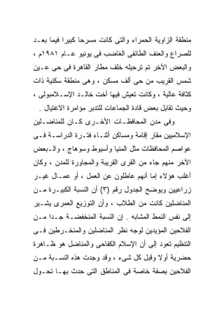 ‫ﻤﻨﻁﻘﺔ ﺍﻟﺯﺍﻭﻴﺔ ﺍﻟﺤﻤﺭﺍﺀ ﻭﺍﻟﺘﻰ ﻜﺎﻨﺕ ﻤﺴﺭﺤﺎ ﻜﺒﻴﺭﺍ ﻓﻴﻤﺎ ﺒﻌـﺩ‬
          ‫ﹰ‬     ‫ﹰ‬
‫ﻟﻠﺼﺭﺍﻉ ﻭﺍﻟﻌﻨﻑ ﺍﻟﻁﺎﺌﻔﻰ ﺍﻟﻐﺎﻀﺏ ﻓﻰ ﻴﻭﻨﻴﻭ ﻋـﺎﻡ ١٨٩١ﻡ ،‬
‫ﻭﺍﻟﺒﻌﺽ ﺍﻵﺨﺭ ﺘﻡ ﺘﺭﺤﻴﻠﻪ ﺨﻠﻑ ﻤﻁﺎﺭ ﺍﻟﻘﺎﻫﺭﺓ ﻓﻰ ﺤﻰ ﻋـﻴﻥ‬
‫ﺸﻤﺱ ﺍﻟﻘﺭﻴﺏ ﻤﻥ ﺤﻰ ﺃﻟﻑ ﻤﺴﻜﻥ ، ﻭﻫﻰ ﻤﻨﻁﻘﺔ ﺴﻜﻨﻴﺔ ﺫﺍﺕ‬
‫ﻜﺜﺎﻓﺔ ﻋﺎﻟﻴﺔ ، ﻭﻜﺎﻨﺕ ﺘﻌﻴﺵ ﻓﻴﻬﺎ ﺃﺨﺕ ﺨﺎﻟـﺩ ﺍﻹﺴـﻼﻤﺒﻭﻟﻰ ،‬
 ‫ﻭﺤﻴﺙ ﺘﻘﺎﺒل ﺒﻌﺽ ﻗﺎﺩﺓ ﺍﻟﺠﻤﺎﻋﺎﺕ ﻟﻠﺘﺩﺒﺭ ﻤﺅﺍﻤﺭﺓ ﺍﻻﻏﺘﻴﺎل .‬
‫ﻭﻓﻰ ﻤﺩﻥ ﺍﻟﻤﺤﺎﻓﻅـﺎﺕ ﺍﻷﺨـﺭﻯ ﻜـﺎﻥ ﻟﻠﻤﻨﺎﻀـﻠﻴﻥ‬
‫ﺍﻹﺴﻼﻤﻴﻴﻥ ﻤﻘﺎﺭ ﺇﻗﺎﻤﺔ ﻭﻤﺴﺎﻜﻥ ﺃﺜﻨـﺎﺀ ﻓﺘـﺭﺓ ﺍﻟﺩﺭﺍﺴـﺔ ﻓـﻰ‬
‫ﻋﻭﺍﺼﻡ ﺍﻟﻤﺤﺎﻓﻅﺎﺕ ﻤﺜل ﺍﻟﻤﻨﻴﺎ ﻭﺃﺴﻴﻭﻁ ﻭﺴﻭﻫﺎﺝ ، ﻭﺍﻟـﺒﻌﺽ‬
‫ﺍﻵﺨﺭ ﻤﻨﻬﻡ ﺠﺎﺀ ﻤﻥ ﺍﻟﻘﺭﻯ ﺍﻟﻘﺭﻴﺒﺔ ﻭﺍﻟﻤﺠﺎﻭﺭﺓ ﻟﻠﻤﺩﻥ ، ﻭﻜﺎﻥ‬
‫ﺃﻏﻠﺏ ﻫﺅﻻﺀ ﺇﻤﺎ ﺃﻨﻬﻡ ﻋﺎﻁﻠﻭﻥ ﻋﻥ ﺍﻟﻌﻤل ، ﺃﻭ ﻋﻤـﺎل ﻏﻴـﺭ‬
‫ﺯﺭﺍﻋﻴﻴﻥ ﻭﻴﻭﻀﺢ ﺍﻟﺠﺩﻭل ﺭﻗﻡ )٣( ﺃﻥ ﺍﻟﻨﺴﺒﺔ ﺍﻟﻜﺒﻴـﺭﺓ ﻤـﻥ‬
‫ﺍﻟﻤﻨﺎﻀﻠﻴﻥ ﻜﺎﻨﺕ ﻤﻥ ﺍﻟﻁﻼﺏ ، ﻭﺃﻥ ﺍﻟﺘﻭﺯﻴﻊ ﺍﻟﻌﻤﺭﻯ ﻴﺸـﻴﺭ‬
‫ﺇﻟﻰ ﻨﻔﺱ ﺍﻟﻨﻤﻁ ﺍﻟﻤﺸﺎﺒﻪ . ﺇﻥ ﺍﻟﻨﺴﺒﺔ ﺍﻟﻤﻨﺨﻔﻀـﺔ ﺠـﺩﺍ ﻤـﻥ‬
    ‫ﹰ‬
‫ﺍﻟﻔﻼﺤﻴﻥ ﺍﻟﻤﺅﻴﺩﻴﻥ ﻟﻭﺠﻪ ﻨﻅﺭ ﺍﻟﻤﻨﺎﻀﻠﻴﻥ ﻭﺍﻟﻤﻨﺨـﺭﻁﻴﻥ ﻓـﻰ‬
‫ﺍﻟﺘﻨﻅﻴﻡ ﺘﻌﻭﺩ ﺇﻟﻰ ﺃﻥ ﺍﻹﺴﻼﻡ ﺍﻟﻜﻔﺎﺤﻰ ﻭﺍﻟﻤﻨﺎﻀل ﻫﻭ ﻅـﺎﻫﺭﺓ‬
‫ﺤﻀﺭﻴﺔ ﺃﻭﻻ ﻭﻗﺒل ﻜل ﺸﻰﺀ ، ﻭﻗﺩ ﻭﺠﺩﺕ ﻫﺫﻩ ﺍﻟﻨﺴـﺒﺔ ﻤـﻥ‬
                                       ‫ﹰ‬
‫ﺍﻟﻔﻼﺤﻴﻥ ﺒﺼﻔﺔ ﺨﺎﺼﺔ ﻓﻰ ﺍﻟﻤﻨﺎﻁﻕ ﺍﻟﺘﻰ ﺤﺩﺙ ﺒﻬـﺎ ﺘﺤـﻭل‬
 