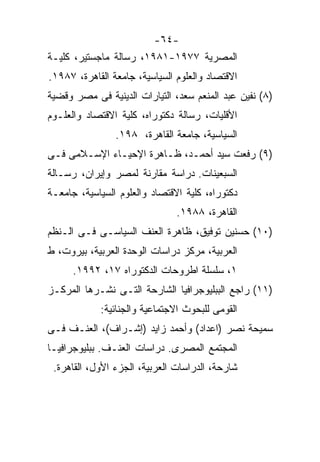 ‫-٤٦-‬
‫ﺍﻟﻤﺼﺭﻴﺔ ٧٧٩١-١٨٩١، ﺭﺴﺎﻟﺔ ﻤﺎﺠﺴﺘﻴﺭ، ﻜﻠﻴـﺔ‬
‫ﺍﻻﻗﺘﺼﺎﺩ ﻭﺍﻟﻌﻠﻭﻡ ﺍﻟﺴﻴﺎﺴﻴﺔ، ﺠﺎﻤﻌﺔ ﺍﻟﻘﺎﻫﺭﺓ، ٧٨٩١.‬
‫)٨( ﻨﻔﻴﻥ ﻋﺒﺩ ﺍﻟﻤﻨﻌﻡ ﺴﻌﺩ، ﺍﻟﺘﻴﺎﺭﺍﺕ ﺍﻟﺩﻴﻨﻴﺔ ﻓﻰ ﻤﺼﺭ ﻭﻗﻀﻴﺔ‬
‫ﺍﻷﻗﻠﻴﺎﺕ، ﺭﺴﺎﻟﺔ ﺩﻜﺘﻭﺭﺍﻩ، ﻜﻠﻴﺔ ﺍﻻﻗﺘﺼﺎﺩ ﻭﺍﻟﻌﻠـﻭﻡ‬
                ‫ﺍﻟﺴﻴﺎﺴﻴﺔ، ﺠﺎﻤﻌﺔ ﺍﻟﻘﺎﻫﺭﺓ، ٨٩١.‬
‫)٩( ﺭﻓﻌﺕ ﺴﻴﺩ ﺃﺤﻤـﺩ، ﻅـﺎﻫﺭﺓ ﺍﻹﺤﻴـﺎﺀ ﺍﻹﺴـﻼﻤﻰ ﻓـﻰ‬
‫ﺍﻟﺴﺒﻌﻴﻨﺎﺕ. ﺩﺭﺍﺴﺔ ﻤﻘﺎﺭﻨﺔ ﻟﻤﺼﺭ ﻭﺇﻴﺭﺍﻥ، ﺭﺴـﺎﻟﺔ‬
‫ﺩﻜﺘﻭﺭﺍﻩ، ﻜﻠﻴﺔ ﺍﻻﻗﺘﺼﺎﺩ ﻭﺍﻟﻌﻠﻭﻡ ﺍﻟﺴﻴﺎﺴﻴﺔ، ﺠﺎﻤﻌـﺔ‬
                               ‫ﺍﻟﻘﺎﻫﺭﺓ، ٨٨٩١.‬
‫)٠١( ﺤﺴﻨﻴﻥ ﺘﻭﻓﻴﻕ، ﻅﺎﻫﺭﺓ ﺍﻟﻌﻨﻑ ﺍﻟﺴﻴﺎﺴـﻰ ﻓـﻰ ﺍﻟـﻨﻅﻡ‬
‫ﺍﻟﻌﺭﺒﻴﺔ، ﻤﺭﻜﺯ ﺩﺭﺍﺴﺎﺕ ﺍﻟﻭﺤﺩﺓ ﺍﻟﻌﺭﺒﻴﺔ، ﺒﻴﺭﻭﺕ، ﻁ‬
      ‫١، ﺴﻠﺴﻠﺔ ﺍﻁﺭﻭﺤﺎﺕ ﺍﻟﺩﻜﺘﻭﺭﺍﻩ ٧١، ٢٩٩١.‬
‫)١١( ﺭﺍﺠﻊ ﺍﻟﺒﺒﻠﻴﻭﺠﺭﺍﻓﻴﺎ ﺍﻟﺸﺎﺭﺤﺔ ﺍﻟﺘـﻰ ﻨﺸـﺭﻫﺎ ﺍﻟﻤﺭﻜـﺯ‬
            ‫ﺍﻟﻘﻭﻤﻰ ﻟﻠﺒﺤﻭﺙ ﺍﻻﺠﺘﻤﺎﻋﻴﺔ ﻭﺍﻟﺠﻨﺎﺌﻴﺔ:‬
‫ﺴﻤﻴﺤﺔ ﻨﺼﺭ )ﺍﻋﺩﺍﺩ( ﻭﺃﺤﻤﺩ ﺯﺍﻴﺩ )ﺇﺸـﺭﺍﻑ(، ﺍﻟﻌﻨـﻑ ﻓـﻰ‬
‫ﺍﻟﻤﺠﺘﻤﻊ ﺍﻟﻤﺼﺭﻯ. ﺩﺭﺍﺴﺎﺕ ﺍﻟﻌﻨـﻑ. ﺒﺒﻠﻴﻭﺠﺭﺍﻓﻴـﺎ‬
 ‫ﺸﺎﺭﺤﺔ، ﺍﻟﺩﺭﺍﺴﺎﺕ ﺍﻟﻌﺭﺒﻴﺔ، ﺍﻟﺠﺯﺀ ﺍﻷﻭل، ﺍﻟﻘﺎﻫﺭﺓ.‬
 