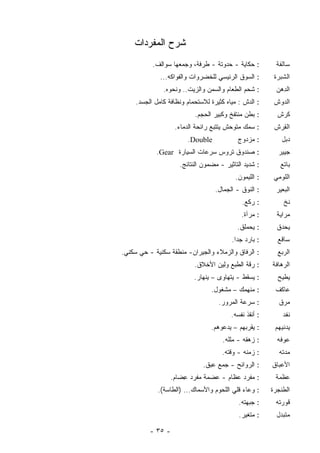 ‫ﺸﺭﺡ ﺍﻟﻤﻔﺭﺩﺍﺕ‬
           ‫: ﺤﻜﺎﻴﺔ - ﺤﺩﻭﺘﺔ - ﹸﺭﻓﺔ، ﻭﺠﻤﻌﻬﺎ ﺴﻭﺍﻟﻑ.‬
                             ‫ﻁ‬                            ‫ﺴﺎﻟﻔﺔ‬
              ‫: ﺍﻟﺴﻭﻕ ﺍﻟﺭﺌﻴﺴﻲ ﻟﻠﺨﻀﺭﻭﺍﺕ ﻭﺍﻟﻔﻭﺍﻜﻪ...‬        ‫ﺍﻟ ﹶﺒﺭﺓ‬
                                                             ‫ﺸ‬
               ‫: ﺸﺤﻡ ﺍﻟﻁﻌﺎﻡ ﻭﺍﻟﺴﻤﻥ ﻭﺍﻟﺯﻴﺕ.. ﻭﻨﺤﻭﻩ.‬         ‫ﺍﻟ ِﻫﻥ‬
                                                             ‫ﺩ‬
     ‫: ﺍﻟ ‪‬ﺵ : ﻤﻴﺎﻩ ﻜﺜﻴﺭﺓ ﻟﻼﺴﺘﺤﻤﺎﻡ ﻭﻨﻅﺎﻓﺔ ﻜﺎﻤل ﺍﻟﺠﺴﺩ.‬
                                               ‫ﺩ‬          ‫ﺍﻟﺩﻭﺵ‬
                            ‫: ﺒﻁﻥ ﻤﻨﺘﻔﺦ ﻭﻜﺒﻴﺭ ﺍﻟﺤﺠﻡ.‬       ‫ﻜﺭﺵ‬
                    ‫: ﺴﻤﻙ ﻤﺘﻭﺤﺵ ﻴﺘﺘﺒﻊ ﺭﺍﺌﺤﺔ ﺍﻟﺩﻤﺎﺀ.‬       ‫ﺍﻟ ِﺭﺵ‬
                                                            ‫ﻘ‬
                         ‫‪.Double‬‬            ‫: ﻤﺯﺩﻭﺝ‬          ‫‪‬ﺒل‬
                                                               ‫ﺩ‬
             ‫: ﺼﻨﺩﻭﻕ ﺘﺭﻭﺱ ﺴﺭﻋﺎﺕ ﺍﻟﺴﻴﺎﺭﺓ ‪.Gear‬‬               ‫ﺠﻴﻴﺭ‬
                      ‫: ﺸﺩﻴﺩ ﺍﻟﺘﺎﺜﻴﺭ - ﻤﻀﻤﻭﻥ ﺍﻟﻨﺘﺎﺌﺞ.‬       ‫ﺒﺎﺘﻊ‬
                                           ‫: ﺍﻟﻠﻴﻤﻭﻥ.‬     ‫ﺍﻟﻠﻭﻤﻲ‬
                                   ‫: ﺍﻟﻨﻭﻕ - ﺍﻟﺠﻤﺎل.‬       ‫ﺍﻟﺒﻌﻴﺭ‬
                                              ‫: ﺭﻜﻊ.‬          ‫ﻨﺦ‬
                                              ‫: ﻤﺭﺁﺓ.‬      ‫ﻤﺭﺍﻴﺔ‬
                                            ‫: ‪‬ﺤﻤﻠﻕ.‬
                                                 ‫ﻴ‬         ‫ﻴﺤﺩﻕ‬
                                          ‫: ﺒﺎﺭﺩ ﺠﺩﺍ.‬
                                           ‫ﹰ‬               ‫ﺴﺎﻗﻊ‬
‫: ﺍﻟﺭﻓﺎﻕ ﻭﺍﻟﺯﻤﻼﺀ ﻭﺍﻟﺠﻴﺭﺍﻥ- ﻤﻨﻁﻘﺔ ﺴﻜﻨﻴﺔ - ﺤﻲ ﺴﻜﻨﻲ.‬          ‫ﺍﻟ ‪‬ﺒﻊ‬
                                                             ‫ﺭ‬
                           ‫: ﺭﻗﺔ ﺍﻟﻁﺒﻊ ﻭِﻴﻥ ﺍﻷﺨﻼﻕ.‬
                                    ‫ﻟ‬                    ‫ﺍﻟﺭﻫﺎﻓﺔ‬
                           ‫: ﻴﺴﻘﻁ - ﻴﺘﻬﺎﻭﻯ – ﻴﻨﻬﺎﺭ.‬        ‫ﻴﻁﻴﺢ‬
                                  ‫: ‪‬ﻨﻬﻤﻙ – ﻤﺸﻐﻭل.‬
                                               ‫ﻤ‬          ‫ﻋﺎﻜﻑ‬
                                     ‫: ﺴﺭﻋﺔ ﺍﻟﻤﺭﻭﺭ.‬         ‫‪‬ﺭﻕ‬
                                                              ‫ﻤ‬
                                          ‫: ﺃﻨﻘﺫ ﻨﻔﺴﻪ.‬       ‫ﻨﻔﺩ‬
                                  ‫: ﻴﻘﺭﺒ ‪‬ﻡ – ﻴﺩﻋﻭﻫﻡ.‬
                                             ‫ﻬ‬            ‫‪‬ﺩﻨﻴﻬﻡ‬
                                                               ‫ﻴ‬
                                      ‫: ﺯﻫﻘﻪ - ﻤﻠﻠﻪ.‬       ‫‪‬ﻭﻓﻪ‬
                                                              ‫ﻋ‬
                                      ‫: ﺯﻤﻨﻪ - ﻭﻗﺘﻪ.‬        ‫ﻤﺩﺘﻪ‬
                                                            ‫‪‬‬
                               ‫: ﺍﻟﺭﻭﺍﺌﺢ - ﺠﻤﻊ ﻋﺒﻕ.‬      ‫ﺍﻷﻋﺒﺎﻕ‬
                   ‫: ﻤﻔﺭﺩ ﻋﻅﺎﻡ - ﻋﻀﻤﺔ ﻤﻔﺭﺩ ِﻀﺎﻡ.‬
                       ‫ﻋ‬                                  ‫ﻋﻅﻤﺔ‬
             ‫: ﻭﻋﺎﺀ ﻗﻠﻲ ﺍﻟﻠﺤﻭﻡ ﻭﺍﻷﺴﻤﺎﻙ... )ﺍﻟﻁﺎﺴﺔ(.‬      ‫ﺍﻟﻁﻨﺠﺭﺓ‬
                                             ‫: ﺠﺒﻬﺘﻪ.‬     ‫ﻗﻭﺭﺘﻪ‬
                                             ‫: ﻤﺘﻐﻴﺭ.‬      ‫ﻤﺘﺒﺩل‬

          ‫- ٥٣ -‬
 