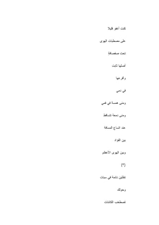 ‫ﻜﻨﺕ ﺃﻏﻔﻭ ﻗﻠﻴﻼ‬
     ‫ﹰ‬


‫ﻋﻠﻰ ﻤﺼﻁﺒﺎﺕ ﺍﻟﻬﻭﻯ‬


      ‫ﺘﺤﺕ ﺼﻔﺼﺎﻓﺔ‬
      ‫ٍ‬


         ‫ﺃﺼﻠﻬﺎ ﺜﺎﺒﺕ‬


            ‫ﻭﺃﻓﺭﻋﻬﺎ‬


            ‫ﻓﻲ ﺩﻤﻲ‬


‫ﻭﻤﻨﻰ ﻫﻤﺴﺔ ﻓﻲ ﻓﻤﻲ‬


  ‫ﻭﻤﻨﻰ ﺩﻤﻌﺔ ﺘﺘﺴﺎﻗﻁ‬


   ‫ﻋﻨﺩ ﺍﺘﺴﺎﻉ ﺍﻟﻤﺴﺎﻓﺔ‬


           ‫ﺒﻴﻥ ﺍﻟﻔﺅﺍﺩ‬


 ‫ﻭﺒﻴﻥ ﺍﻟﻬﻭﻯ ﺍﻷﻋﻅﻡ‬
 ‫ِ‬


                 ‫)٣(‬


‫ﺘﻅﻠﻴﻥ ﻨﺎﺌﻤﺔ ﻓﻲ ﺴﺒﺎﺕ‬
‫ﹾ‬


             ‫ﻭﺤﻭﻟﻙ‬


   ‫ﺘﺼﻁﺨﺏ ﺍﻟﻜﺎﺌﻨﺎﺕ‬
   ‫ﹾ‬
 