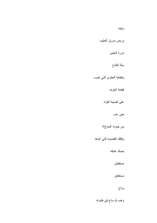 ‫ﻭﺘﻴﻨﻪ‬
                  ‫ِ‬


    ‫ﻭﺭﺹ ﺩﻭﺭﻕ ﺍﻟﺤﻠﻴﺏ‬


           ‫ﺩﻭﺭﺓ ﺍﻟﺤﻨﻴﻥ‬


             ‫ﺴﻠﺔ ﺍﻟﺘﻔﺎﺡ‬


‫ﻭﻗﻁﻌﺔ ﺍﻟﺤﻠﻭﻯ ﺍﻟﺘﻲ ﺘﺤﺏ،‬


           ‫ﻗﻁﻌﺔ ﺍﻟﻌﺯﻑ‬


       ‫ﻋﻠﻰ ﻜﻤﻨﺠﺔ ﺍﻟﻔﺅﺍﺩ‬


              ‫ﺤﻴﻥ ﻋﺏ‬


      ‫ﻤﻥ ﺠﻨﻭﻨﻪ ﺍﻟﻤﺒﺎﺡ!!‬


‫ﻭﻓﻜﻙ ﺍﻟﻘﺼﻴﺩﺓ ﺍﻟﺘﻲ ﺃﻤﺩﻫﺎ‬


            ‫ﺒﺼﻙ ﻋﺸﻘﻪ‬


               ‫ﻤﺴﺘﻔﻌﻠﻥ‬


               ‫ﻤﺴﺘﻔﻌﻠﻥ‬


                  ‫ﻭﺒﺎﺡ‬


  ‫ﻭﻫﺏ ﺜﻡ ﺴﺎﺡ ﻓﻲ ﻅﻨﻭﻨﻪ‬
  ‫ِ‬
 