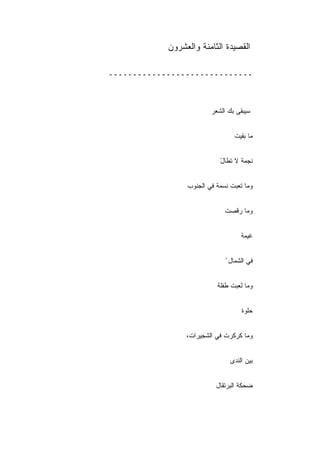 ‫ﺍﻟﻘﺼﻴﺩﺓ ﺍﻟﺜﺎﻤﻨﺔ ﻭﺍﻟﻌﺸﺭﻭﻥ‬

‫ــــــــــــــــــــــــــــــ‬



                         ‫ﺴﻴﺒﻘﻰ ﺒﻙ ﺍﻟﺸﻌﺭ‬


                                 ‫ﻤﺎ ﺒﻘﻴﺕ‬


                            ‫ﻨﺠﻤﺔ ﻻ ﺘﻁﺎل‬
                            ‫ْ‬


                 ‫ﻭﻤﺎ ﺘﻌﺒﺕ ﻨﺴﻤﺔ ﻓﻲ ﺍﻟﺠﻨﻭﺏ‬


                              ‫ﻭﻤﺎ ﺭﻗﺼﺕ‬


                                    ‫ﻏﻴﻤﺔ‬


                              ‫ﻓﻲ ﺍﻟﺸﻤﺎل ْ‬


                           ‫ﻭﻤﺎ ﻟﻌﺒﺕ ﻁﻔﻠﺔ‬


                                    ‫ﺤﻠﻭﺓ‬


                 ‫ﻭﻤﺎ ﻜﺭﻜﺭﺕ ﻓﻲ ﺍﻟﺸﺠﻴﺭﺍﺕ،‬


                                ‫ﺒﻴﻥ ﺍﻟﻨﺩﻯ‬


                           ‫ﻀﺤﻜﺔ ﺍﻟﺒﺭﺘﻘﺎل‬
 