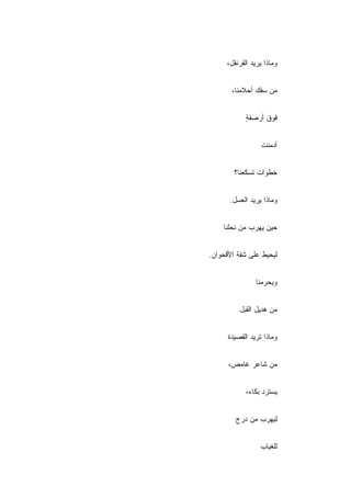 ‫ﻭﻤﺎﺫﺍ ﻴﺭﻴﺩ ﺍﻟﻘﺭﻨﻘل،‬


       ‫ﻤﻥ ﺴﻔﻙ ﺃﺤﻼﻤﻨﺎ،‬


            ‫ﻓﻭﻕ ﺃﺭﺼﻔﺔ‬
            ‫ٍ‬


                  ‫ﺃﺩﻤﻨﺕ‬


        ‫ﺨﻁﻭﺍﺕ ﺘﺴﻜﻌﻨﺎ؟‬


      ‫ﻭﻤﺎﺫﺍ ﻴﺭﻴﺩ ﺍﻟﻌﺴل.‬


    ‫ﺤﻴﻥ ﻴﻬﺭﺏ ﻤﻥ ﻨﺤﻠﻨﺎ‬


‫ﻟﻴﺤﻴﻁ ﻋﻠﻰ ﺸﻔﺔ ﺍﻷﻗﺤﻭﺍﻥ.‬


                ‫ﻭﻴﺤﺭﻤﻨﺎ‬


          ‫ﻤﻥ ﻫﺩﻴل ﺍﻟﻘﺒل‬


      ‫ﻭﻤﺎﺫﺍ ﺘﺭﻴﺩ ﺍﻟﻘﺼﻴﺩﺓ‬


      ‫ﻤﻥ ﺸﺎﻋﺭ ﻏﺎﻤﺽ،‬


            ‫ﻴﺴﺘﺭﺩ ﺒﻜﺎﺀ،‬


        ‫ﻟﻴﻬﺭﺏ ﻤﻥ ﺩﺭﺝ‬


                 ‫ﻟﻠﻐﻴﺎﺏ‬
 