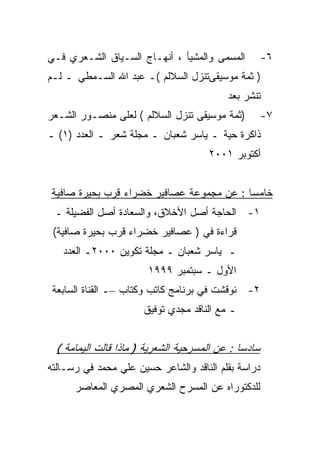 ‫ﺍﻟﻤﺴﻤﻰ ﻭﺍﻟﻤﺸﻴﺄ ، ﺃﻨﻬـﺎﺝ ﺍﻟﺴـﻴﺎﻕ ﺍﻟﺸـﻌﺭﻱ ﻓـﻲ‬           ‫٦-‬
‫) ﺜﻤﺔ ﻤﻭﺴﻴﻘﻰﺘﻨﺯل ﺍﻟﺴﻼﻟﻡ (ـ ﻋﺒﺩ ﺍﷲ ﺍﻟﺴـﻤﻁﻲ ـ ﻟـﻡ‬
                                           ‫ﺘﻨﺸﺭ ﺒﻌﺩ‬
‫)ﺜﻤﺔ ﻤﻭﺴﻴﻘﻰ ﺘﻨﺯل ﺍﻟﺴﻼﻟﻡ ( ﻟﻌﻠﻰ ﻤﻨﺼـﻭﺭ ﺍﻟﺸـﻌﺭ‬          ‫٧-‬
‫ﺫﺍﻜﺭﺓ ﺤﻴﺔ ـ ﻴﺎﺴﺭ ﺸﻌﺒﺎﻥ ـ ﻤﺠﻠﺔ ﺸﻌﺭ ـ ﺍﻟﻌﺩﺩ )١( ـ‬
                                      ‫ﺃﻜﺘﻭﺒﺭ ١٠٠٢‬


‫ﺨﺎﻤﺴﺎ : ﻋﻥ ﻤﺠﻤﻭﻋﺔ ﻋﺼﺎﻓﻴﺭ ﺨﻀﺭﺍﺀ ﻗﺭﺏ ﺒﺤﻴﺭﺓ ﺼﺎﻓﻴﺔ‬
 ‫١- ﺍﻟﺤﺎﺠﺔ ﺃﺼل ﺍﻷﺨﻼﻕ، ﻭﺍﻟﺴﻌﺎﺩﺓ ﺃﺼل ﺍﻟﻔﻀﻴﻠﺔ ـ‬
 ‫ﻗﺭﺍﺀﺓ ﻓﻲ ) ﻋﺼﺎﻓﻴﺭ ﺨﻀﺭﺍﺀ ﻗﺭﺏ ﺒﺤﻴﺭﺓ ﺼﺎﻓﻴﺔ(‬
   ‫ـ ﻴﺎﺴﺭ ﺸﻌﺒﺎﻥ ـ ﻤﺠﻠﺔ ﺘﻜﻭﻴﻥ ٠٠٠٢ـ ﺍﻟﻌﺩﺩ‬
                        ‫ﺍﻷﻭل ـ ﺴﺒﺘﻤﺒﺭ ٩٩٩١‬
 ‫٢- ﻨﻭﻗﺸﺕ ﻓﻲ ﺒﺭﻨﺎﻤﺞ ﻜﺎﺘﺏ ﻭﻜﺘﺎﺏ –ـ ﺍﻟﻘﻨﺎﺓ ﺍﻟﺴﺎﺒﻌﺔ‬
                       ‫ـ ﻤﻊ ﺍﻟﻨﺎﻗﺩ ﻤﺠﺩﻱ ﺘﻭﻓﻴﻕ‬


  ‫ﺴﺎﺩﺴﺎ : ﻋﻥ ﺍﻟﻤﺴﺭﺤﻴﺔ ﺍﻟﺸﻌﺭﻴﺔ ) ﻤﺎﺫﺍ ﻗﺎﻟﺕ ﺍﻟﻴﻤﺎﻤﺔ (‬
‫ﺩﺭﺍﺴﺔ ﺒﻘﻠﻡ ﺍﻟﻨﺎﻗﺩ ﻭﺍﻟﺸﺎﻋﺭ ﺤﺴﻴﻥ ﻋﻠﻲ ﻤﺤﻤﺩ ﻓﻲ ﺭﺴـﺎﻟﺘﻪ‬
      ‫ﻟﻠﺩﻜﺘﻭﺭﺍﻩ ﻋﻥ ﺍﻟﻤﺴﺭﺡ ﺍﻟﺸﻌﺭﻱ ﺍﻟﻤﺼﺭﻱ ﺍﻟﻤﻌﺎﺼﺭ‬
 